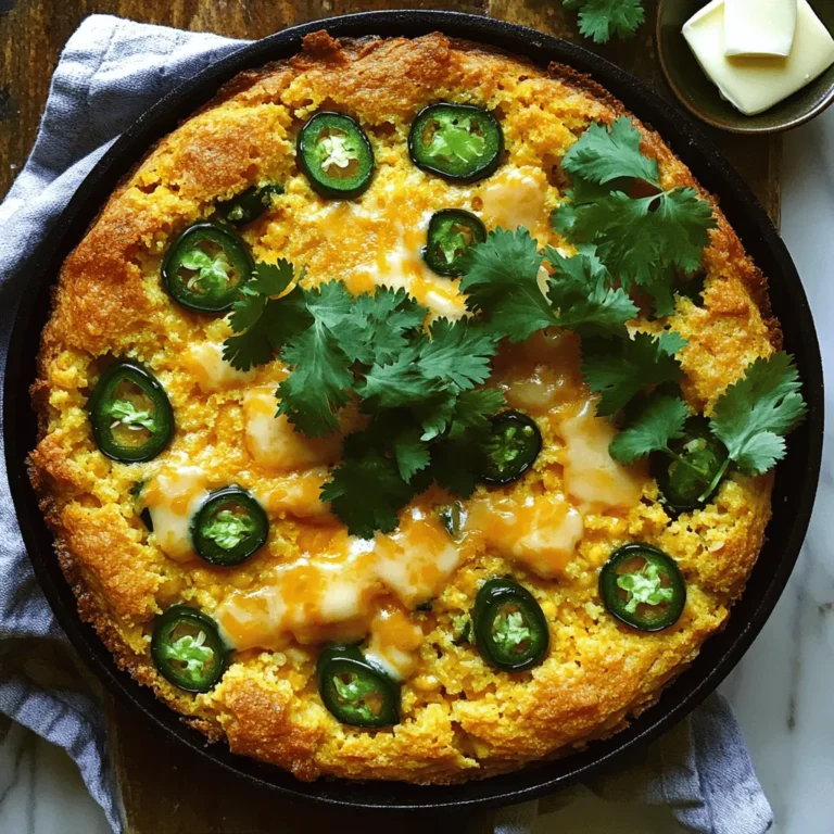 - 1 cup cornmeal - 1 cup all-purpose flour - 1 tablespoon baking powder - 1/2 teaspoon salt - 1 cup buttermilk - 2 large eggs - 1/4 cup unsalted butter, melted - 1 cup sharp cheddar cheese, shredded - 1-2 jalapeños, seeds removed and finely chopped - 2 tablespoons honey (optional) - Fresh cilantro, for garnish (optional) To make this Jalapeño Cheddar Cornbread, we need simple, tasty ingredients. Start with cornmeal and all-purpose flour for the base. The cornmeal gives the bread a sweet, grainy texture. Next, add baking powder and salt. Baking powder helps the cornbread rise, making it light and fluffy. The salt enhances all the flavors. Buttermilk is key for moisture. It adds richness and tang. Eggs bind everything together, giving the cornbread structure. Melted butter brings a lovely flavor and a soft crumb. Sharp cheddar cheese adds a bold, cheesy kick. Jalapeños bring the heat, but you can adjust how many you use based on your spice level. If you want a touch of sweetness, honey does the trick, but it’s optional. Lastly, fresh cilantro makes a lovely garnish. It adds color and freshness to your dish. Gather these ingredients, and you're set to make a delicious, savory cornbread that everyone will love! - Preheating the Oven Start by preheating your oven to 400°F (200°C). This step ensures even cooking and a nice golden crust. - Preparing the Baking Dish Next, grease an 8-inch square baking dish or a cast-iron skillet. This will help the cornbread slide out easily after baking. - Combining Dry Ingredients In a large mixing bowl, combine 1 cup of cornmeal, 1 cup of all-purpose flour, 1 tablespoon of baking powder, and 1/2 teaspoon of salt. Mix these dry ingredients well. This step is key for a light and fluffy texture. - Combining Wet Ingredients In a separate bowl, whisk together 1 cup of buttermilk, 2 large eggs, and 1/4 cup of melted unsalted butter. If you like a hint of sweetness, add 2 tablespoons of honey here. - Mixing Batter Pour the wet mixture into the dry ingredients. Stir until just combined. It’s okay if the batter is a bit lumpy; avoid overmixing to keep it tender. - Pouring the Batter into the Dish Gently fold in 1 cup of shredded sharp cheddar cheese and 1-2 finely chopped jalapeños. Make sure they are evenly mixed. Then, pour the batter into your prepared dish, smoothing the top with a spatula. - Baking Time and Temperature Place your dish in the oven and bake for 20-25 minutes. Check for doneness by inserting a toothpick in the center; it should come out clean when ready. - Cooling and Serving Once baked, allow the cornbread to cool for a few minutes. Slice it into squares or wedges. Serve warm, and consider garnishing with fresh cilantro for an extra touch. Enjoy it hot with your favorite chili or as a side dish! - Avoiding Overmixing: Mix your batter gently. Stir just until you see no dry flour. If you mix too much, your cornbread gets tough. A few lumps in the batter are fine. They will bake out. - Tips for Even Cooking: Preheat your oven to 400°F. A hot oven helps the cornbread rise well. If you use a cast-iron skillet, it helps cook evenly. Also, place it in the center of the oven for best results. - Garnishes and Pairings: I love to serve this cornbread with fresh cilantro on top. It adds a nice color and flavor. You can also add a dollop of butter for richness. - Best Accompaniments: Serve your cornbread with chili or a warm soup. It also goes great with grilled meats. The flavors blend so well together. - Using Different Cheese Options: While sharp cheddar is my favorite, you can try other cheeses. Pepper jack adds a fun kick. Cream cheese makes it extra creamy and rich. - Adjusting Spice Levels: If you like it mild, use just one jalapeño. For more heat, add two or even three! You can also add some cayenne pepper to the mix for extra spice. {{image_2}} Gluten-Free Options If you need a gluten-free cornbread, swap the all-purpose flour for a gluten-free blend. Look for a blend that includes xanthan gum. This helps bind the ingredients and keeps the texture nice. Dairy-Free Options To make this cornbread dairy-free, replace buttermilk with almond or soy milk. Use a dairy-free butter substitute for the melted butter. This way, everyone can enjoy the dish. Adding Other Vegetables You can mix in other veggies for extra taste. Try corn kernels or diced bell peppers. They add color and nutrition. Spinach or zucchini can also be great options. Introducing Different Cheeses While sharp cheddar is amazing, you can try other cheeses too. Pepper jack adds a kick, while mozzarella gives a milder taste. Experiment with your favorite cheese to find the perfect match. Adjusting the Sweetness with Honey If you like sweet cornbread, add honey. Just two tablespoons can balance the heat of the jalapeños. It makes each bite sweet and spicy, creating a tasty mix. Creating a Savory Version without Honey For a savory cornbread, skip the honey. Focus on the cheese and jalapeños for flavor. You can also add spices like garlic powder or smoked paprika for extra depth. - Cooling and Wrapping: Let the cornbread cool for about 10 minutes. This helps it firm up. Once cool, wrap it in plastic wrap. This keeps it moist. - Refrigeration Tips: Store wrapped cornbread in the fridge if you plan to eat it within a few days. It stays fresh for up to four days this way. - Freezing Instructions: To freeze, cut the cornbread into squares. Wrap each piece in plastic wrap and then in foil. Place the wrapped pieces in a freezer bag. Cornbread can last up to three months in the freezer. - Reheating Tips for Best Results: To reheat, let the cornbread thaw overnight in the fridge. Heat it in the oven at 350°F (175°C) for about 10-15 minutes. This keeps the cornbread warm and soft. - How Long Does Cornbread Last?: Cornbread lasts about four days in the fridge. If frozen, it lasts for three months. - Signs of Spoilage: Check for mold or an off smell. If it feels dry or hard, it might be best to toss it. How do I know when the cornbread is done? The cornbread is done when it turns golden brown. Insert a toothpick in the center. If it comes out clean, your cornbread is ready. Bake for 20-25 minutes for the best results. Can I use fresh jalapeños? Yes, you can use fresh jalapeños. Just remove the seeds and chop them finely. Fresh jalapeños add a nice crunch and flavor. Adjust the amount based on your spice preference. Is cornmeal the same as corn flour? No, cornmeal and corn flour are different. Cornmeal is coarser, while corn flour is finer. Use cornmeal for cornbread for the best texture. Why is my cornbread crumbly? Cornbread may be crumbly if it has too much cornmeal. Ensure you measure your ingredients accurately. Adding a bit more liquid can also help bind it together. What if my cornbread is too dense? If your cornbread is dense, it might need more baking powder. Ensure it's fresh and correctly measured. Also, don’t overmix the batter to keep it light and fluffy. Can I make cornbread ahead of time? Yes, you can make cornbread ahead of time. Cool it completely, then wrap it tightly. Store it in the fridge for up to three days. How to reheat cornbread for best flavor? To reheat cornbread, wrap it in foil. Heat in the oven at 350°F for about 10 minutes. This keeps it moist and enhances the flavor. This blog post covered the key ingredients and steps to perfect cornbread. You learned about mixing dry and wet items, baking, and serving ideas. Remember, avoiding overmixing is key for a light texture. Don’t hesitate to try variations with different cheeses or spice levels. Whether you prefer sweet or savory, there's a cornbread recipe for everyone. For storage, keep it wrapped to maintain freshness. With these tips, you can enjoy delicious cornbread at home. Now, unleash your inner chef and have fun baking!