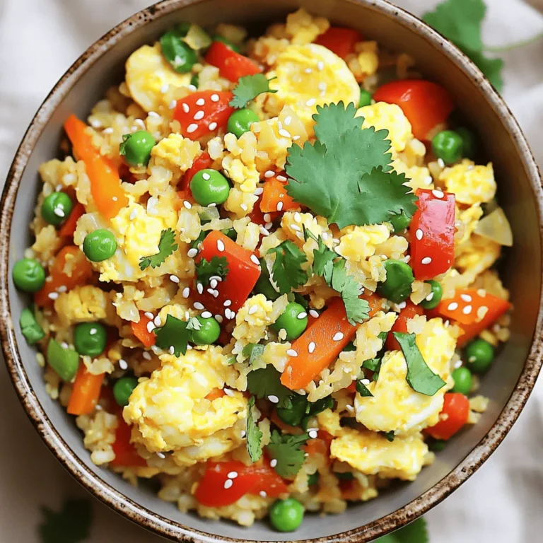 - 1 medium head of cauliflower (about 4 cups riced) - 1 cup peas and carrots (frozen or fresh) - 1 red bell pepper, diced - 1 green onion, finely chopped - 2 cloves garlic, minced - 1 tablespoon ginger, minced - 2 large eggs, lightly beaten - 3 tablespoons soy sauce (or tamari for gluten-free) - 1 tablespoon sesame oil - Salt and pepper to taste - Fresh cilantro, chopped (for garnish) - Sesame seeds (for garnish) These ingredients create a colorful and tasty meal. The cauliflower acts as a rice substitute, which adds fiber and nutrients. You can add your favorite veggies or proteins. Here are some ideas: - Broccoli florets - Bell peppers in different colors - Cooked chicken, shrimp, or tofu - Mushrooms for a meaty texture - Spinach or kale for extra greens Customizing your fried rice makes it fun and suits your taste. Cauliflower is low in carbs and calories. It is rich in vitamins C and K. Here are some benefits: - High in fiber: Great for digestion. - Antioxidants: Help fight inflammation. - Versatile: Can replace grains in many dishes. Using cauliflower in fried rice makes a healthy choice. You enjoy great flavors while getting essential nutrients. To make this dish, start with a medium head of cauliflower. Chop the florets into smaller pieces. You want them to fit into your food processor. Pulse them until they look like rice grains. This should give you about four cups of riced cauliflower. Set it aside, and let's get cooking! Heat a large skillet or wok on medium-high heat. Add one tablespoon of sesame oil to the pan. Wait until the oil is hot, then add two cloves of minced garlic and one tablespoon of minced ginger. Sauté these for about 30 seconds. The smell will be amazing! Now, toss in one diced red bell pepper. Cook it for 2-3 minutes until it gets soft. Next, add in one cup of peas and carrots. Stir them for another two minutes until they are warm. Push the veggies to one side of the skillet. Pour in two large beaten eggs on the other side. Scramble them until they are fully cooked. Mix the eggs with the veggies. Now, it’s time to add the riced cauliflower! Stir it into the skillet with the eggs and veggies. Pour in three tablespoons of soy sauce. Keep stirring for 5-7 minutes. You want the cauliflower to be tender but still a bit firm. Season with salt and pepper to your taste. If you like more flavor, add more soy sauce. Finally, stir in some finely chopped green onion just before you serve. This adds a fresh crunch. Enjoy your colorful cauliflower fried rice! To get the best texture, start with fresh cauliflower. Ricing it is key. Use a food processor for even pieces. If you don’t have one, chop by hand. Make sure to pulse it until it looks like rice. Avoid over-processing, or it will turn mushy. You want a light, fluffy texture. When cooking, stir often. This helps prevent sticking and ensures even cooking. To boost flavor, use fresh garlic and ginger. They add warmth and depth. Don’t skip the sesame oil; it brings a nutty taste. Feel free to adjust the soy sauce based on your taste. If you want a kick, add some chili sauce. Fresh herbs like cilantro make a tasty garnish. They add freshness and color. Experiment with other veggies too. Broccoli or snap peas work well. One common mistake is using too much liquid. This can make your fried rice soggy. Always use a hot pan and cook in small batches. Another mistake is not cooking the cauliflower long enough. You want it tender but still firm. Lastly, don’t forget to season at the end. Taste as you go, and adjust the salt and pepper. A little extra soy sauce can really enhance the dish. {{image_2}} You can boost the protein in your cauliflower fried rice easily. For chicken, use cooked, diced breast. For shrimp, add peeled and deveined shrimp to the skillet. Cook them until they turn pink. If you prefer tofu, use firm tofu. Cube it and sauté until golden. Stir it in with the veggies for amazing flavor. This dish is great for vegetarians and vegans. You can skip the eggs and use tofu instead. Cook the tofu as mentioned before. Use soy sauce or tamari for extra flavor. You can also add more veggies like broccoli or zucchini. This keeps it colorful and nutritious. You can change the flavor of your fried rice easily. To make it spicy, add red pepper flakes or sriracha. If you want an Asian twist, try adding hoisin sauce or oyster sauce. A splash of rice vinegar can also add tang. These options let you customize the dish to your taste. To keep your cauliflower fried rice fresh, store it in an airtight container. Let it cool before sealing. This helps prevent moisture build-up. Place it in the fridge if you plan to eat it within three days. For longer storage, consider freezing. When reheating, use a skillet over medium heat. Add a splash of water or sesame oil. This adds moisture and flavor. Stir often to heat evenly. You can also microwave it in a bowl covered with a damp paper towel. This helps keep the rice fluffy. To freeze, let the fried rice cool completely. Portion it into freezer-safe bags or containers. Remove as much air as possible to prevent freezer burn. It can last up to three months in the freezer. When ready to eat, thaw it in the fridge overnight before reheating. Yes, you can use frozen cauliflower rice. Just skip the ricing step. Thaw it first. Drain any excess water to prevent sogginess. Frozen cauliflower rice cooks quickly in the skillet. It saves time and still tastes great. To make cauliflower fried rice gluten-free, choose tamari instead of soy sauce. Tamari is a wheat-free option. Always check labels to ensure no gluten ingredients are included. This way, you can enjoy this dish without worry. Cauliflower fried rice pairs well with many dishes. Try serving it with grilled chicken or shrimp. It also goes great with tofu for a vegetarian meal. Add a side of steamed broccoli or a fresh salad for balance. Enjoy this dish as a light meal or a tasty side. Cauliflower fried rice is a tasty, healthy option. I shared key ingredients, cooking steps, and helpful tips for great results. Remember to adjust ingredients to suit your taste. Always check for common mistakes to avoid. You can even explore different proteins and flavors. Lastly, storing and reheating properly keeps your dish fresh and delicious. Enjoy crafting this meal and make it your own!