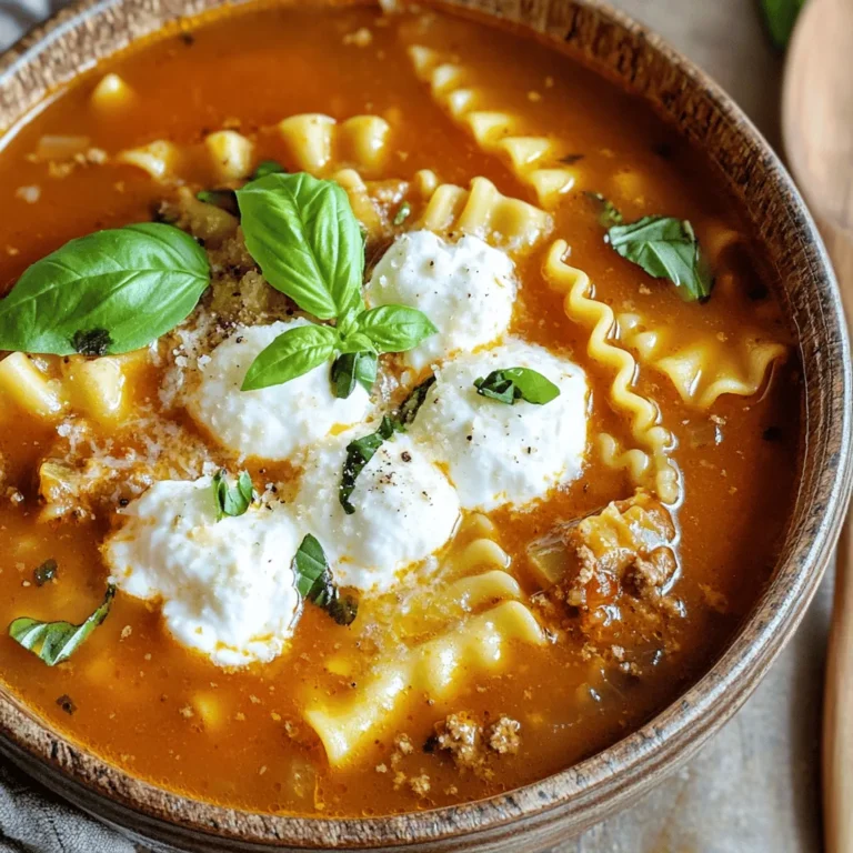 To make this tasty Instant Pot Lasagna Soup, gather these ingredients: - 1 tablespoon olive oil - 1 onion, diced - 3 cloves garlic, minced - 1 pound ground beef (or turkey) - 1 teaspoon Italian seasoning - 1 teaspoon dried oregano - 1/2 teaspoon crushed red pepper flakes (optional) - 1 can (28 oz) crushed tomatoes - 4 cups chicken or vegetable broth - 8 ounces uncooked lasagna noodles, broken into pieces - 1 cup ricotta cheese - 1 cup shredded mozzarella cheese - 1/2 cup grated Parmesan cheese - Salt and pepper to taste - Fresh basil, for garnish You will need some simple tools to cook this dish: - Instant Pot - Wooden spoon or spatula - Measuring cups and spoons - Knife and cutting board You can switch out some ingredients if needed: - Use turkey instead of beef for a leaner option. - Swap ricotta cheese with cottage cheese for a lighter texture. - Use vegetable broth for a vegetarian version. - Try gluten-free lasagna noodles if you need a gluten-free meal. - Add spinach or mushrooms for extra veggies. This list covers everything you need to create a rich and flavorful Instant Pot Lasagna Soup. Enjoy the cooking! First, gather your ingredients. You need: - 1 tablespoon olive oil - 1 onion, diced - 3 cloves garlic, minced - 1 pound ground beef (or turkey) - 1 teaspoon Italian seasoning - 1 teaspoon dried oregano - 1/2 teaspoon crushed red pepper flakes (optional) - 1 can (28 oz) crushed tomatoes - 4 cups chicken or vegetable broth - 8 ounces uncooked lasagna noodles, broken into pieces - 1 cup ricotta cheese - 1 cup shredded mozzarella cheese - 1/2 cup grated Parmesan cheese - Salt and pepper to taste - Fresh basil, for garnish Next, set your Instant Pot to the sauté function. Add olive oil, diced onion, and minced garlic. Sauté for about 3 to 4 minutes until the onions turn translucent. This step builds a great base flavor. Now, add the ground beef or turkey to the pot. Cook until it is browned, about 5 to 7 minutes. Be sure to break it apart with a spoon. If there's excess fat, drain it. After that, stir in the Italian seasoning, oregano, and optional red pepper flakes. Let it cook for 1 more minute until you smell the spices. Pour in the crushed tomatoes and broth. Scrape the bottom of the pot to get all the tasty bits. Then, add the broken lasagna noodles, making sure they are submerged in the liquid. Close the lid of the Instant Pot and set it to sealing. Cook on high pressure for 5 minutes. When the time is up, do a quick release of pressure. Once the pressure is released, stir the soup. Add the ricotta cheese and mix until it becomes creamy. Serve the soup hot. Top it off with shredded mozzarella and grated Parmesan cheese. Don't forget to garnish with fresh basil before enjoying! To get the best flavor in your Instant Pot lasagna soup, use fresh ingredients. Start with high-quality ground beef or turkey. The Italian seasoning and dried oregano add depth. Don't skip the crushed red pepper flakes if you like spice. They give the soup a nice kick. Sauté the onion and garlic until soft. This step builds a base for all other flavors. If you don't have an Instant Pot, you can still enjoy this dish. Use a large pot on the stove. Sauté the onion and garlic, then brown the meat. Add the rest of the ingredients and simmer for 20-30 minutes. You can also use a slow cooker. Cook on low for 6-8 hours or high for 3-4 hours. Just make sure to break the lasagna noodles before adding them. One common mistake is not breaking the noodles. If you add whole noodles, they won't cook evenly. Another mistake is skipping the quick release. Letting the pressure build too long can overcook the pasta. Always stir in the ricotta cheese after cooking. This step makes the soup creamy and delicious. Lastly, don’t forget the garnish! Fresh basil adds color and flavor. {{image_2}} I love making a vegetarian version of this soup. You can easily swap the meat for veggies. Try zucchini, mushrooms, or bell peppers. They add great flavor and texture. Just sauté the veggies with the onion and garlic. Use vegetable broth instead of chicken broth to keep it plant-based. You can also add beans for protein. They make the soup hearty and filling. Top it with lots of cheese for that melty goodness. For a kick, I recommend a spicy version. Just add more crushed red pepper flakes when cooking. You can also use spicy sausage instead of ground beef or turkey. This gives the soup a nice heat. If you want extra spice, toss in some diced jalapeños. They add a fresh flavor and warmth. Serve with a dollop of sour cream to cool it down a bit. Making this soup gluten-free is super simple. Just swap regular lasagna noodles for gluten-free ones. There are many brands available that work well. Make sure to check the package for cooking times. If you can’t find gluten-free noodles, use rice instead. It will still soak up the flavors nicely. Always check your broth for gluten-free options. This way, everyone can enjoy a warm bowl of soup! To keep your soup fresh, let it cool. Then, pour it into airtight containers. Store it in the fridge. It stays good for about 3 to 4 days. Label your containers with the date. This helps you keep track of how long it has been. Reheating is easy! You can use the stove or microwave. If using the stove, pour the soup into a pot. Heat over medium heat, stirring often. If using the microwave, place the soup in a bowl. Cover it with a microwave-safe lid and heat for 2-3 minutes. Stir halfway through to make sure it's warm. Want to freeze it? Sure! First, let the soup cool completely. Then, pour it into freezer-safe bags or containers. Remember to leave some space for the soup to expand. It can freeze for up to 3 months. When ready to eat, thaw it in the fridge overnight. Reheat it to enjoy a warm bowl of comfort! It takes about 30 minutes to make Instant Pot Lasagna Soup. You spend 15 minutes on prep. The cooking time in the Instant Pot is just 5 minutes. With the quick release of pressure, you can savor this dish fast. Yes, you can use different types of meat. Ground turkey works well if you want a lean option. You can even use Italian sausage for a richer flavor. Just make sure to cook it until brown before adding other ingredients. Great side dishes include garlic bread or a fresh salad. A simple green salad adds brightness. Garlic bread is perfect for dipping. You can also serve it with a side of roasted vegetables for extra crunch. This blog post covered how to make delicious Instant Pot Lasagna Soup. You learned about key ingredients, the right equipment, and helpful substitutions. I shared step-by-step cooking instructions and tips for best flavor. We also explored tasty variations and how to store leftovers. In closing, this soup is easy to make and adaptable. Enjoy your cooking journey and savor every bowl!