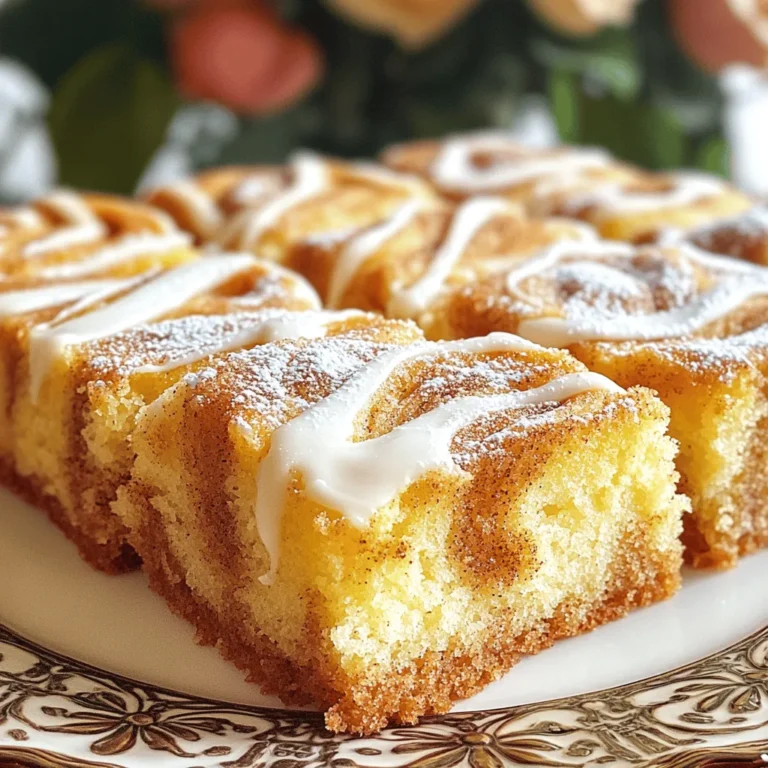 To make a delicious cinnamon roll cake, gather these simple ingredients: - Dry Ingredients: - 2 cups all-purpose flour - 1 cup granulated sugar - 1 tablespoon baking powder - ½ teaspoon salt - 1 teaspoon ground cinnamon - Wet Ingredients: - 1 cup milk - ½ cup unsalted butter, melted - 2 large eggs - 1 teaspoon vanilla extract - Swirl Mixture: - 1 cup brown sugar, packed - 2 tablespoons ground cinnamon - Icing Ingredients: - 1 cup powdered sugar - 2 tablespoons milk These ingredients come together to create a soft, sweet cake with a delightful cinnamon flavor. Make sure to measure correctly for the best results. Each part plays a key role in making your cake a hit! 1. First, preheat your oven to 350°F (175°C). This step is key for even baking. 2. Next, grease a 9x13 inch baking dish. Use butter or cooking spray to ensure the cake does not stick. 1. In a large mixing bowl, whisk together these dry ingredients: - 2 cups all-purpose flour - 1 cup granulated sugar - 1 tablespoon baking powder - ½ teaspoon salt - 1 teaspoon ground cinnamon 2. In another bowl, mix the wet ingredients: - 1 cup milk - ½ cup unsalted butter, melted - 2 large eggs - 1 teaspoon vanilla extract 3. Whisk the wet mixture until smooth. Then, pour it into the dry mixture. Mix just until combined. It’s okay to have a few lumps; don’t overmix. 1. Take half of the cake batter and pour it into the prepared baking dish. Spread it evenly. 2. Sprinkle half of the cinnamon-brown sugar swirl mixture on top. For this, mix: - 1 cup brown sugar, packed - 2 tablespoons ground cinnamon 3. Now, carefully spread the rest of the batter over the swirl mixture. Then, sprinkle the remaining cinnamon-brown sugar mix on top. 4. To create a marble pattern, use a knife or spatula to gently swirl the top layer of batter with the cinnamon mix. This makes it look pretty. 1. Bake the cake in your preheated oven for 30-35 minutes. Check doneness by inserting a toothpick in the center. It should come out clean. 2. Once baked, let the cake cool in the pan for about 10 minutes. This helps it set before icing. Importance of Not Overmixing Not overmixing is key to a moist cake. When you mix too much, you develop gluten. This can make the cake tough instead of fluffy. Mix until just combined and leave some lumps. Trust me, it will turn out great! Ideal Baking Time Bake the cake for 30-35 minutes. Every oven is a bit different, so keep an eye on it. Use a toothpick to check if it’s done. If it comes out clean, your cake is ready! Let it cool a bit to keep it moist. Techniques for Easier Marbling For easier marbling, pour half the batter first. Then sprinkle half of the cinnamon-brown sugar mix. Next, add the rest of the batter and sprinkle the remaining mix on top. This makes the swirl more defined and pretty. Using Tools for a Better Effect Grab a knife or a spatula for swirling. Use the tip to gently cut into the batter. Move it in a figure-eight pattern. This creates a beautiful marble effect. Don't overdo it; a few swirls are just right! Serving Suggestions Cut the cake into squares for serving. Place them on a decorative plate. This makes the cake look fancy and inviting. Pair it with a cup of coffee or tea for a delightful treat. Decorative Touches Add a sprinkle of powdered sugar on top. It gives a nice look and extra sweetness. You can also add fresh fruit or nuts for color and crunch. Make it your own and have fun! {{image_2}} You can easily change the flavors of your cinnamon roll cake. Here are two simple ideas: - Adding Nuts: You can add nuts like pecans or walnuts. Chop them finely and mix them into the batter or sprinkle them in the swirl. This adds a nice crunch and flavor. - Adding Fruits: Fruits like apples or raisins work well too. Chop apples into small pieces or use raisins whole. Mix them with the cinnamon-brown sugar swirl for a fruity twist. If you have dietary needs, there are options you can try: - Gluten-Free Options: To make this cake gluten-free, swap all-purpose flour with a gluten-free blend. Ensure the blend has a good mix of starches and flours for the best results. - Vegan Alternatives: For a vegan version, replace eggs with flax eggs or applesauce. Use almond milk or coconut milk instead of regular milk. Choose a plant-based butter for a dairy-free option. Different cultures have their own takes on cinnamon cakes: - Different Cinnamon Cake Recipes: In some regions, you might find spiced cakes using cardamom or nutmeg along with cinnamon. These spices add depth and warmth to the cake. - Unique Swirl Mixtures: In other areas, people might use different sweeteners or add cream cheese to the swirl. This can create a rich and creamy texture that pairs well with the cake. To keep your cinnamon roll cake fresh, store it in an airtight container. This helps to keep the cake moist and flavorful. You can also wrap the cake tightly with plastic wrap. Make sure it is fully cooled before wrapping it. This will prevent condensation from forming. I suggest using a glass or plastic container with a lid. If you don't have a suitable container, cover the cake with foil. The key is to prevent air from drying it out. For extra protection, you can place a piece of parchment paper between the cake and the lid. If you want to enjoy your cinnamon roll cake later, freezing is a great option. Cut the cake into individual squares. Wrap each piece tightly in plastic wrap. Then, place them in a freezer-safe bag or container. This method helps to keep the cake fresh for longer. To thaw your cake, remove it from the freezer. Leave it in the fridge overnight. If you're in a hurry, you can thaw it at room temperature for a few hours. Avoid using the microwave, as this can make the cake tough. How long does cinnamon roll cake last? If stored properly at room temperature, it lasts about 3 to 4 days. In the fridge, it can last about a week. Look for a few signs to know if the cake has gone bad. If you see mold or an off smell, it’s time to toss it out. If the cake feels very dry or crumbly, it may not taste good anymore. Always check before you take a bite! For the best results, use the toothpick test. Insert a toothpick into the center of the cake. If it comes out clean, the cake is ready. If it has wet batter on it, bake for a few more minutes. Look for visual cues too. The cake should be golden brown on top. The edges will pull slightly away from the sides of the pan. This shows that the cake is set and ready to enjoy. Yes, you can prepare the batter in advance. Mix the dry and wet ingredients and store them in the fridge. Make sure to cover the bowl tightly. This keeps the batter fresh for up to one day. For storing, cool the baked cake completely. Place it in an airtight container. You can keep it at room temperature for a few days. If you want to store it longer, freeze it. To reheat, simply warm it in the oven or microwave. Pair your cake with a nice drink. Coffee or a warm cup of tea works well. You can also try hot chocolate for a sweet touch. For side dishes, fresh fruit salad brightens the meal. Yogurt adds a creamy contrast to the cake. You can also serve it with some whipped cream for extra indulgence. In this post, we explored all you need for a delicious Cinnamon Roll Cake. We discussed ingredients, preparation steps, and tips for perfecting your bake. Remember to focus on mixing well but don’t overdo it. You can add your own twist with nuts or fruits for extra flavor. Store your leftovers properly and enjoy them later. It’s a fun recipe to try, and I hope you feel confident to make it your own!