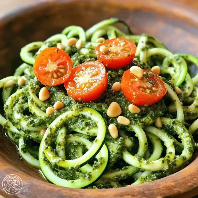 To make Basil Pesto Zoodles, gather these fresh ingredients: - 4 medium zucchini, spiralized - 2 cups fresh basil leaves - 1/2 cup pine nuts (or walnuts) - 2 tablespoons nutritional yeast - 3 cloves garlic, minced - 1/4 cup extra virgin olive oil - Salt and pepper to taste - Optional: Cherry tomatoes, halved - Optional: Grated Parmesan cheese or vegan cheese This dish is not only tasty but also healthy. Each serving provides: - Calories: 220 - Protein: 6g - Carbohydrates: 12g - Fat: 18g - Fiber: 4g You can swap ingredients based on your taste and needs: - Zucchini: Use yellow squash or carrot noodles for a different flavor. - Nuts: Swap pine nuts with almonds or sunflower seeds for a new twist. - Nutritional Yeast: Omit it if you prefer not to use it, or use grated cheese instead. - Olive Oil: Use avocado oil for a milder taste. First, grab 4 medium zucchini. Use a spiralizer to turn them into zoodles. These zoodles look like fun noodles. After spiralizing, place them in a colander. Sprinkle a pinch of salt over them. This helps to draw out extra moisture. Let the zoodles sit for about 15 minutes. This step is key as it keeps your dish from being too soggy. Now, it’s time to make the basil pesto. Gather 2 cups of fresh basil leaves. Add them to a food processor. Next, add 1/2 cup of pine nuts or walnuts. Toss in 3 cloves of minced garlic. For a cheesy flavor, add 2 tablespoons of nutritional yeast. Blend these ingredients until they are finely chopped. With the processor running, slowly pour in 1/4 cup of extra virgin olive oil. Keep blending until you have a smooth paste. Scrape down the sides if needed. Finally, season with salt and pepper to taste. Heat a non-stick skillet over medium heat. Once hot, add the zoodles to the skillet. Sauté them for 2-3 minutes. You want them tender but still a bit crunchy. This adds great texture. Remove the skillet from heat, and now it’s time to combine. Add the basil pesto to the zoodles. Toss them together until the zoodles are well coated. Serve your zoodles on plates. For a pop of color, garnish with halved cherry tomatoes. You can also sprinkle some grated cheese on top if you like. Enjoy your fresh and flavorful meal! To make great pesto, start with fresh basil. Use whole leaves for the best flavor. Add pine nuts or walnuts for crunch. Blend these with garlic in a food processor. Slowly pour in olive oil while blending. This gives you a creamy texture. Don’t forget to add salt and pepper to taste. Nutritional yeast adds a cheesy flavor without dairy. If you want a twist, try adding lemon juice for brightness. When cooking zoodles, don’t skip the salting step. Salting helps to reduce moisture. After spiralizing, let your zoodles drain in a colander for 15 minutes. This keeps your dish from getting soggy. Use a non-stick skillet for easy cooking. Heat it over medium heat, then add the zoodles. Sauté for just 2-3 minutes. You want them soft but still a bit crunchy. For a colorful plate, add halved cherry tomatoes on top. They add freshness and sweetness. You can also sprinkle grated Parmesan or vegan cheese for extra flavor. Serve immediately to enjoy the bright taste of the zoodles. Pair your dish with a light salad or crusty bread. This makes for a full meal that looks great and tastes even better. {{image_2}} Adding protein to your Basil Pesto Zoodles can make this dish heartier. You can use cooked chicken, shrimp, or tofu. Each option brings its own flavor and texture. For chicken, grill or bake it first. For shrimp, sauté with garlic until pink. If you choose tofu, press it to remove water, then cube and sauté until golden. Toss your protein with the zoodles and pesto for a filling meal. While basil pesto is classic, you can try other pestos for fun. You can make a sun-dried tomato pesto, a spinach pesto, or even a kale pesto. Each brings a unique taste to your zoodles. Blend the same nuts, garlic, and oil but swap the green base. Each variation gives a fresh spin on your dish. Zoodles are great, but don’t hesitate to add other veggies. In summer, try bell peppers or cherry tomatoes for color and taste. In fall, add roasted butternut squash for sweetness. You can even toss in spinach or arugula for a peppery kick. The more veggies you add, the more nutrients you get. These variations keep your meal fresh and exciting. To store leftover Basil Pesto Zoodles, place them in an airtight container. Make sure to cool them first. They will stay fresh in the fridge for up to three days. If you want to keep them longer, consider freezing them instead. Yes, you can freeze Basil Pesto Zoodles! Pack them tightly in a freezer-safe bag. Remove as much air as possible before sealing. They will keep well in the freezer for up to two months. Just remember, the texture may change slightly upon thawing. When you're ready to eat your leftovers, reheat them gently. You can use a skillet on low heat. Add a splash of water or olive oil to help them warm up. Stir often to avoid burning. Heat until just warm, not too long or they might get mushy. Enjoy your fresh, flavorful meal again! Yes, you can use store-bought pesto. It saves time and effort. However, homemade pesto tastes fresher. If you choose store-bought, pick one with simple ingredients. Look for options without added preservatives. You can also mix in a little extra garlic or cheese for more flavor. Yes, zoodles are gluten-free! Zoodles are made from zucchini, which has no gluten. This makes them a great choice for anyone with gluten intolerance. They offer a healthy, low-carb alternative to regular pasta. Enjoy zoodles without any worries about gluten. You can spiralize zucchini without a spiralizer using a few simple tools. A vegetable peeler can create long, thin strips. You can also use a box grater to make finer noodles. Just slice the zucchini into long pieces first, then peel or grate. This method works well and gives you tasty zoodles. We explored how to make tasty basil pesto zoodles. We covered ingredients, step-by-step instructions, and useful tips. You learned about different variations and how to store leftovers properly. This dish is simple and fun. It’s a great way to enjoy healthy veggies. Try using fresh ingredients or adding your favorite protein. Remember, you can customize this dish to your taste. Enjoy making your basil pesto zoodles!