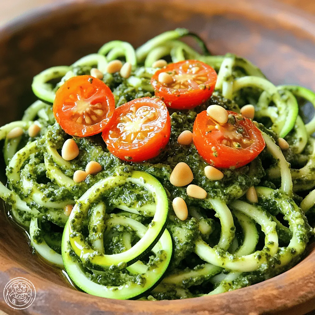 To make Basil Pesto Zoodles, gather these fresh ingredients: - 4 medium zucchini, spiralized - 2 cups fresh basil leaves - 1/2 cup pine nuts (or walnuts) - 2 tablespoons nutritional yeast - 3 cloves garlic, minced - 1/4 cup extra virgin olive oil - Salt and pepper to taste - Optional: Cherry tomatoes, halved - Optional: Grated Parmesan cheese or vegan cheese This dish is not only tasty but also healthy. Each serving provides: - Calories: 220 - Protein: 6g - Carbohydrates: 12g - Fat: 18g - Fiber: 4g You can swap ingredients based on your taste and needs: - Zucchini: Use yellow squash or carrot noodles for a different flavor. - Nuts: Swap pine nuts with almonds or sunflower seeds for a new twist. - Nutritional Yeast: Omit it if you prefer not to use it, or use grated cheese instead. - Olive Oil: Use avocado oil for a milder taste. First, grab 4 medium zucchini. Use a spiralizer to turn them into zoodles. These zoodles look like fun noodles. After spiralizing, place them in a colander. Sprinkle a pinch of salt over them. This helps to draw out extra moisture. Let the zoodles sit for about 15 minutes. This step is key as it keeps your dish from being too soggy. Now, it’s time to make the basil pesto. Gather 2 cups of fresh basil leaves. Add them to a food processor. Next, add 1/2 cup of pine nuts or walnuts. Toss in 3 cloves of minced garlic. For a cheesy flavor, add 2 tablespoons of nutritional yeast. Blend these ingredients until they are finely chopped. With the processor running, slowly pour in 1/4 cup of extra virgin olive oil. Keep blending until you have a smooth paste. Scrape down the sides if needed. Finally, season with salt and pepper to taste. Heat a non-stick skillet over medium heat. Once hot, add the zoodles to the skillet. Sauté them for 2-3 minutes. You want them tender but still a bit crunchy. This adds great texture. Remove the skillet from heat, and now it’s time to combine. Add the basil pesto to the zoodles. Toss them together until the zoodles are well coated. Serve your zoodles on plates. For a pop of color, garnish with halved cherry tomatoes. You can also sprinkle some grated cheese on top if you like. Enjoy your fresh and flavorful meal! To make great pesto, start with fresh basil. Use whole leaves for the best flavor. Add pine nuts or walnuts for crunch. Blend these with garlic in a food processor. Slowly pour in olive oil while blending. This gives you a creamy texture. Don’t forget to add salt and pepper to taste. Nutritional yeast adds a cheesy flavor without dairy. If you want a twist, try adding lemon juice for brightness. When cooking zoodles, don’t skip the salting step. Salting helps to reduce moisture. After spiralizing, let your zoodles drain in a colander for 15 minutes. This keeps your dish from getting soggy. Use a non-stick skillet for easy cooking. Heat it over medium heat, then add the zoodles. Sauté for just 2-3 minutes. You want them soft but still a bit crunchy. For a colorful plate, add halved cherry tomatoes on top. They add freshness and sweetness. You can also sprinkle grated Parmesan or vegan cheese for extra flavor. Serve immediately to enjoy the bright taste of the zoodles. Pair your dish with a light salad or crusty bread. This makes for a full meal that looks great and tastes even better. {{image_2}} Adding protein to your Basil Pesto Zoodles can make this dish heartier. You can use cooked chicken, shrimp, or tofu. Each option brings its own flavor and texture. For chicken, grill or bake it first. For shrimp, sauté with garlic until pink. If you choose tofu, press it to remove water, then cube and sauté until golden. Toss your protein with the zoodles and pesto for a filling meal. While basil pesto is classic, you can try other pestos for fun. You can make a sun-dried tomato pesto, a spinach pesto, or even a kale pesto. Each brings a unique taste to your zoodles. Blend the same nuts, garlic, and oil but swap the green base. Each variation gives a fresh spin on your dish. Zoodles are great, but don’t hesitate to add other veggies. In summer, try bell peppers or cherry tomatoes for color and taste. In fall, add roasted butternut squash for sweetness. You can even toss in spinach or arugula for a peppery kick. The more veggies you add, the more nutrients you get. These variations keep your meal fresh and exciting. To store leftover Basil Pesto Zoodles, place them in an airtight container. Make sure to cool them first. They will stay fresh in the fridge for up to three days. If you want to keep them longer, consider freezing them instead. Yes, you can freeze Basil Pesto Zoodles! Pack them tightly in a freezer-safe bag. Remove as much air as possible before sealing. They will keep well in the freezer for up to two months. Just remember, the texture may change slightly upon thawing. When you're ready to eat your leftovers, reheat them gently. You can use a skillet on low heat. Add a splash of water or olive oil to help them warm up. Stir often to avoid burning. Heat until just warm, not too long or they might get mushy. Enjoy your fresh, flavorful meal again! Yes, you can use store-bought pesto. It saves time and effort. However, homemade pesto tastes fresher. If you choose store-bought, pick one with simple ingredients. Look for options without added preservatives. You can also mix in a little extra garlic or cheese for more flavor. Yes, zoodles are gluten-free! Zoodles are made from zucchini, which has no gluten. This makes them a great choice for anyone with gluten intolerance. They offer a healthy, low-carb alternative to regular pasta. Enjoy zoodles without any worries about gluten. You can spiralize zucchini without a spiralizer using a few simple tools. A vegetable peeler can create long, thin strips. You can also use a box grater to make finer noodles. Just slice the zucchini into long pieces first, then peel or grate. This method works well and gives you tasty zoodles. We explored how to make tasty basil pesto zoodles. We covered ingredients, step-by-step instructions, and useful tips. You learned about different variations and how to store leftovers properly. This dish is simple and fun. It’s a great way to enjoy healthy veggies. Try using fresh ingredients or adding your favorite protein. Remember, you can customize this dish to your taste. Enjoy making your basil pesto zoodles!