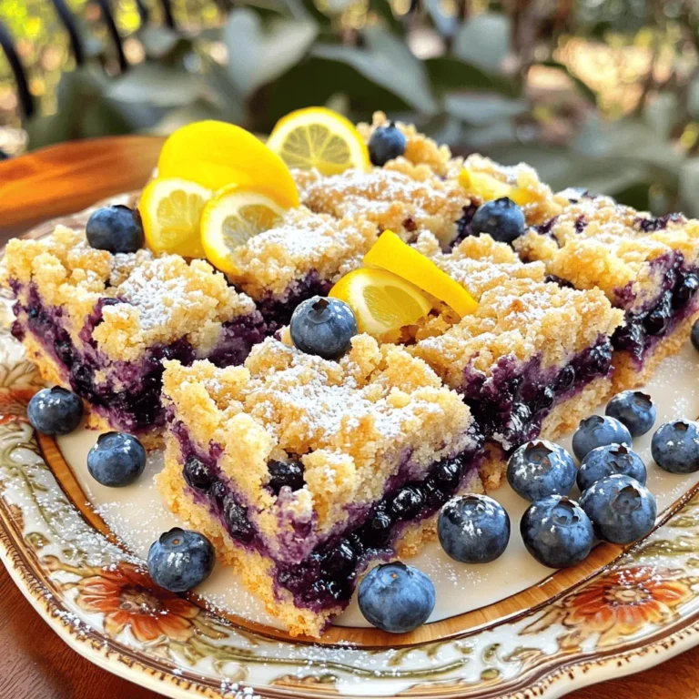 - 2 cups all-purpose flour - 1 cup rolled oats - 1 cup brown sugar, packed - 1/2 teaspoon baking soda - 1/2 teaspoon salt - 1 cup unsalted butter, melted - 2 cups fresh blueberries - 1/4 cup granulated sugar - 3 tablespoons lemon juice - Zest of 1 lemon - 1 tablespoon cornstarch - 1 teaspoon vanilla extract To make great Lemon Blueberry Crumb Bars, you need to measure well. Use a dry measuring cup for flour and oats. Spoon ingredients into the cup and level off with a knife. This method gives you the right amount without packing it down. For butter, use a liquid measuring cup for melted butter. Weight measurements can also help. A kitchen scale can give you the exact amount of flour and butter. This is helpful for new cooks and ensures consistent results. You can make these bars gluten-free. Use a gluten-free flour blend instead of all-purpose flour. This keeps the texture nice and crumbly. For a vegan option, swap the butter for coconut oil or vegan butter. Use a flax egg instead of the regular egg, if needed. You can mix 1 tablespoon of ground flaxseed with 3 tablespoons of water. Let it sit for a few minutes to thicken. These swaps keep the bars tasty while meeting different diets. 1. Start by greasing your 9x13-inch baking dish. This helps the bars come out easily. 2. Preheat your oven to 350°F (175°C) so it's ready when you are. 3. In a large bowl, mix together the flour, oats, brown sugar, baking soda, and salt. 4. Pour in the melted butter and stir until you have a mixture that looks like wet sand. 1. Reserve 1 cup of the crumb mixture for the topping. 2. Press the remaining crumb mixture evenly into the bottom of your prepared baking dish. This will be your crust. 3. In another bowl, combine the fresh blueberries, granulated sugar, lemon juice, lemon zest, and cornstarch. Stir gently to coat the blueberries evenly. 4. Spread the blueberry filling over the crust in the baking dish. 5. Crumble the reserved topping mixture over the blueberries. Make sure it covers evenly for a nice bite. 1. Bake the bars in your preheated oven for 30-35 minutes. Look for a golden brown topping and bubbling blueberries. 2. To test for doneness, insert a toothpick in the center. If it comes out clean, your bars are ready. 3. Allow the bars to cool completely in the pan before slicing them into squares. This will help them hold their shape. To get the best crumb texture, focus on the butter. It should be melted but not hot. Mix it with the dry ingredients until it looks like wet sand. This will help your bars hold together well. To avoid soggy bottoms, make sure to press the crust firmly into the dish. This creates a solid base. Also, bake the crust for about 10 minutes before adding the blueberries. This helps set it and keeps it crisp. These lemon blueberry crumb bars shine when paired with ice cream. A scoop of vanilla ice cream on the side adds a creamy touch. You can also use whipped cream for a lighter option. For parties, present your bars on a bright platter. Dust with powdered sugar for a sweet look. Garnish with lemon slices and extra blueberries for color. This will make your dessert pop! Include clear, bright images of your finished bars. Show the layers to highlight their texture. You can also share a video of the preparation process. This helps readers feel more connected to the recipe. Good visuals grab attention and keep readers interested. They make your recipe blog stand out and encourage others to try your bars. {{image_2}} You can play with flavors to make these bars even more fun. Adding spices like cinnamon or nutmeg gives a warm touch. Just a pinch can change the whole flavor. You can add one teaspoon of cinnamon to the crumb mix. This simple tweak makes a cozy dessert. Another great idea is to mix in other fruits. Raspberries pair well with blueberries. They add a nice tartness. You can substitute half of the blueberries with raspberries. This mix will make your bars pop with color and flavor. If you want a lower sugar option, you can cut down on brown sugar. Use just half a cup instead of a full cup. You can also replace some sugar with unsweetened applesauce. It keeps the bars moist without the extra sugar. For those with nut allergies, this recipe is nut-free. Just stick to the ingredients listed. Ensure that your oats are certified nut-free. This way, everyone can enjoy these tasty treats. Feeling adventurous? Try making a lemon blueberry crumble pie. Use your same crust and filling but place it in a pie dish. The pie form adds a whole new way to enjoy this flavor. You can also create muffin versions of the crumb bars. Just pour the mixture into muffin tins instead of a baking dish. Bake them for about 20-25 minutes. These lemon blueberry muffins will be cute and easy to grab on the go. To keep your lemon blueberry crumb bars fresh, store them in an airtight container. You can keep them at room temperature for up to three days. If your kitchen is warm or humid, it is best to refrigerate them. In the fridge, they stay good for about a week. Just make sure they are covered well to avoid drying out. If you want to save some for later, freezing is a great option. First, let the bars cool completely. Then, cut them into squares. Wrap each square in plastic wrap tightly. Place the wrapped bars in a freezer-safe bag or container. They can stay in the freezer for up to three months. When you’re ready to eat them, take out the bars and let them thaw in the fridge overnight. You can also warm them in the oven for a few minutes. These delicious bars last about three days at room temperature and up to a week in the fridge. If frozen, they can last for three months. Look for signs of spoilage, like mold or an off smell. If they seem dry or crumbly, it's best to toss them. Enjoy your lemon blueberry crumb bars while they are fresh and tasty! Can I use frozen blueberries for this recipe? Yes, you can use frozen blueberries. Just thaw them first and drain excess juice. This helps keep your bars from getting soggy. Frozen blueberries also work well in baked dishes. What should I do if my bars are too crumbly? If your bars are too crumbly, try adding a little more melted butter. This will help bind the mixture together. You can also press the crust down more firmly before baking. Can I make these bars ahead of time? Yes, you can make these bars a day in advance. Just store them in an airtight container at room temperature. They stay fresh and tasty for about three days. How can I adjust the sweetness level? To adjust sweetness, add less brown sugar or granulated sugar. You can also use a sugar substitute. Just remember, this might change the flavor a bit. Caloric content per serving Each bar contains about 180 calories. This makes it a nice treat without too many calories. Health benefits of blueberries and lemons Blueberries are very high in antioxidants. They help protect your body from damage. Lemons provide vitamin C, which boosts your immune system. Together, they make a healthy snack! In this article, we explored the yummy world of lemon blueberry crumb bars. We covered key ingredients and smart measuring tips. I shared easy steps for making and baking your bars. Plus, you learned how to store them and even freeze them for later. Remember, creativity with flavors can make these bars your own. Enjoy baking, and share your tasty treats with friends!