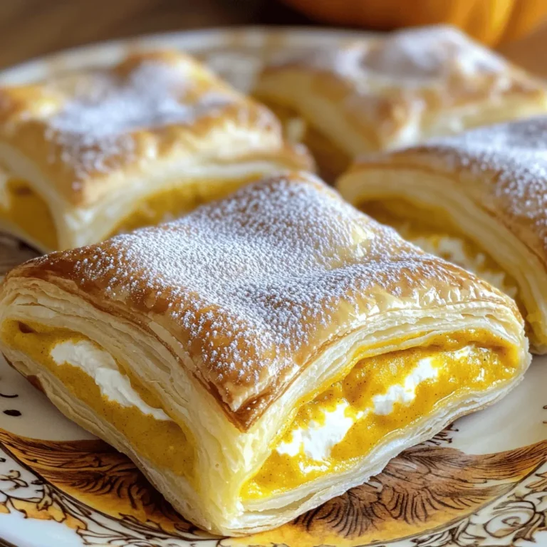 - 1 cup canned pumpkin purée - 8 oz cream cheese, softened - 1/2 cup powdered sugar - 1 teaspoon vanilla extract - 1 teaspoon ground cinnamon - 1/2 teaspoon nutmeg - 1 sheet puff pastry, thawed - 1 egg (for egg wash) - 1 tablespoon milk (for egg wash) - Extra cinnamon and sugar for dusting When I make Pumpkin Cream Cheese Danish, I always start with quality ingredients. Canned pumpkin purée gives it a rich flavor. The cream cheese adds a nice creaminess that pairs well with the sweet pumpkin. I use powdered sugar because it blends well and makes the filling smooth. The spices, like cinnamon and nutmeg, bring warmth to the dish. I find that combining these flavors makes the danish taste like fall. You only need one sheet of puff pastry. It adds a flaky texture that is hard to resist. For the egg wash, I mix one egg with milk. This creates a beautiful golden color on the crust. Lastly, a sprinkle of cinnamon and sugar makes the danish look inviting. Each ingredient plays a vital role in making this pastry a delight for all. Start by blending your cream cheese. In a medium bowl, add 8 ounces of softened cream cheese. Next, mix in 1/2 cup of powdered sugar and 1 teaspoon of vanilla extract. Then, add half a teaspoon of ground cinnamon. Use a hand mixer or a whisk to blend until the mixture is smooth and creamy. Set this aside for now. Now, grab another bowl for the pumpkin filling. Add 1 cup of canned pumpkin purée to the bowl. Then, sprinkle in the remaining teaspoon of ground cinnamon and 1/2 teaspoon of nutmeg. Mix these ingredients well until they are fully combined. This will give your filling a warm, spiced flavor. Next, take your puff pastry sheet and lay it on a floured surface. Roll it out gently to smooth it out. Cut the pastry into four equal squares. Use a sharp knife to score a small border about 1/2 inch inside each square. Be careful not to cut all the way through the pastry. Inside each square, spoon a tablespoon of the cream cheese mixture and spread it toward the center without crossing the scored border. On top of that, add an equal amount of the pumpkin mixture. To finish, whisk together 1 egg and 1 tablespoon of milk in a small bowl for an egg wash. Brush this mixture on the edges of the puff pastry frames. For a sweet touch, sprinkle a mix of cinnamon and sugar over each danish. Now, bake the danishes in a preheated oven at 400°F (200°C) for about 20-25 minutes. They'll turn golden brown and puff up beautifully. Let them cool slightly on a wire rack before serving. Enjoy your delicious creation! To get the best puff pastry, keep it cold. Cold pastry puffs up better in the oven. When you roll it out, use a light touch. Don't press too hard. This helps the layers stay separate. If your dough gets warm, chill it for a bit. Use parchment paper on your baking sheet. This stops the danishes from sticking. Preheat your oven to 400°F for even baking. Watch your pastries carefully as they bake. They should be golden brown and puffed up. If they are browning too fast, lower the heat slightly. Serve the danishes warm for the best taste. A sprinkle of powdered sugar and extra cinnamon makes them look pretty. You can also add pumpkin seeds or mint for color. Pair them with coffee or tea for a nice touch. Enjoy them fresh for the best flavor! {{image_2}} You can switch up the fillings in your Pumpkin Cream Cheese Danish. Try using sweet potato or even apple filling. Both options give a nice twist. If you want a fruity touch, mix in some berries or chopped apples with the cream cheese. The creaminess pairs well with the fruit flavors. If you need gluten-free danishes, use gluten-free puff pastry. Many brands now offer tasty options. For dairy-free, swap cream cheese for a plant-based cream cheese. You can also replace the egg wash with a mix of almond milk and maple syrup. These changes keep your danishes delicious and friendly to various diets. Add extra spices to elevate your danish flavor. Consider adding ginger or allspice to the pumpkin filling. These spices bring warmth and depth. For toppings, try drizzling caramel or maple syrup over the cooled danishes. A sprinkle of chopped nuts or coconut flakes can also add texture and crunch. These small changes make each bite exciting! To keep your leftover danishes fresh, place them in an airtight container. You can store them at room temperature for one day. If you want to keep them longer, put them in the fridge. They will stay good for up to three days. Be sure to let them cool completely before storing. When you're ready to enjoy the danishes again, preheat your oven to 350°F (175°C). Place the danishes on a baking sheet. Heat them for about 10-15 minutes. This will help them stay flaky and warm. If you are in a hurry, you can use the microwave. Heat each danish for about 20-30 seconds. They may not be as crisp, but they will still taste great! To freeze your danishes, wrap each one tightly in plastic wrap. Then, place them in a freezer-safe bag or container. You can freeze them for up to two months. To thaw, move them to the fridge overnight. Reheat them in the oven for the best results. Enjoy your pumpkin cream cheese danishes anytime! You can use mascarpone cheese or ricotta cheese. Both provide a creamy texture. Greek yogurt also works well, but it is tangier. For a dairy-free option, use cashew cream or vegan cream cheese. Each substitute changes the taste slightly, so pick one that fits your dish. Yes, you can prepare the filling a day ahead. Store it in the fridge in an airtight container. You can also shape the danishes and freeze them before baking. Just remember to wrap them well. Bake them straight from the freezer when you are ready. This method saves you time. Keep your puff pastry cold. If it warms up, it won’t puff well. Roll it out gently on a floured surface. Score the edges lightly to create a border, but do not cut through. Brush the edges with egg wash to give them a nice shine. Bake at a high temperature for best results. We covered how to make a tasty Pumpkin Cream Cheese Danish from canned pumpkin purée and cream cheese. You learned step-by-step how to mix the filling, assemble the pastry, and perfect your baking skills. Remember, feel free to try alternative fillings or spice it up! Store your leftovers well and reheat for the best taste. This delicious treat can be made ahead of time, so enjoy it fresh or frozen. Happy baking!