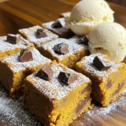 - 1 cup pumpkin puree (canned or fresh) - 1/2 cup unsalted butter, melted - 1 cup brown sugar, packed - 1/2 cup granulated sugar - 2 large eggs - 1 teaspoon vanilla extract - 1 3/4 cups all-purpose flour - 1 teaspoon baking powder - 1 teaspoon baking soda - 1/2 teaspoon salt - 1 teaspoon ground cinnamon - 1/2 teaspoon ground nutmeg - 1/4 teaspoon ground ginger - 1 cup semi-sweet chocolate chunks - 1/2 cup chopped walnuts (optional) In these blondies, pumpkin puree adds great moisture and flavor. You can use canned or fresh puree, but canned is easier. The melted unsalted butter gives a rich taste and helps bind everything. Brown sugar brings a soft, chewy texture, while granulated sugar adds sweetness. You need two large eggs to help the batter rise. Vanilla extract boosts the flavor. For the dry part, all-purpose flour is key. Baking powder and baking soda help the blondies rise. The salt balances the sweetness. Spices are crucial for that warm fall taste. Ground cinnamon, nutmeg, and ginger create a cozy blend. Finally, semi-sweet chocolate chunks add sweetness and richness. If you like, you can add chopped walnuts for crunch and flavor. First, preheat your oven to 350°F (175°C). This step is key for even baking. While the oven heats, you can prepare your baking dish. You have two choices here: grease the dish with butter or use parchment paper. I recommend parchment paper because it makes removing the blondies easy. Just lift them out when they cool! In a large bowl, combine the melted butter, pumpkin puree, brown sugar, and granulated sugar. Whisk these together until smooth. Next, add the eggs one at a time. Mix well after each egg. Finally, stir in the vanilla extract. This mixture should be creamy and fragrant, perfect for your blondies. In a separate bowl, mix the flour, baking powder, baking soda, salt, cinnamon, nutmeg, and ginger. This blend adds flavor and helps your blondies rise. Gradually add this dry mix to the wet ingredients. Stir gently until just combined. Be careful not to overmix; this keeps your blondies soft and chewy. Now, pour the batter into your prepared baking dish. Spread it out evenly to ensure even baking. Place it in the oven and bake for 25-30 minutes. To check if they are done, use a toothpick. Insert it into the center; it should come out clean with a few moist crumbs. Once baked, let them cool in the dish for about 10 minutes before transferring to a wire rack. To get the best blondies, avoid overmixing. When you mix the wet and dry ingredients, stop as soon as they blend. Overmixing can make your blondies tough. You want them soft and chewy. To get the right texture, focus on your wet ingredients. Make sure your butter is melted but not hot. Mix it with pumpkin and sugars until smooth. This way, your blondies stay moist and rich. You can boost the flavor with more spices. Try adding a pinch of allspice or cloves for warmth. A splash of maple syrup can also add a nice touch. If you love ginger, feel free to increase that too. Serve these blondies warm for the best taste. A dusting of powdered sugar on top adds sweetness. Pair them with a scoop of vanilla ice cream, and you've got a treat! You can also add some whipped cream for extra delight. {{image_2}} You can take your chocolate chunk pumpkin blondies to a new level. Think about adding more fall flavors. A little ground allspice or cloves can give your blondies a warm twist. You can also mix in some dried cranberries for a tart bite. These additions will make your blondies taste like fall. If you want vegan blondies, swap the butter for coconut oil or vegan butter. For the eggs, use flaxseed meal mixed with water. This works well and keeps the texture nice. To make it gluten-free, replace the all-purpose flour with almond flour or a gluten-free blend. Both changes keep your blondies soft and tasty. You can change the chocolate in your blondies, too. Try white chocolate or dark chocolate chunks for a different taste. You can also add nuts like pecans or macadamia nuts for crunch. Each mix-in gives a new flavor and texture. Don't be afraid to experiment! To keep your chocolate chunk pumpkin blondies fresh, use an airtight container. This method locks in moisture and flavor. If you don't have one, you can cover the blondies with foil. However, this may not keep them as soft. Airtight containers are best for long-term storage, while foil works for shorter periods. Freezing blondies is easy and keeps them tasty. First, let them cool completely. Then, cut them into squares. Wrap each square tightly in plastic wrap. Place the wrapped squares in a freezer-safe bag or container. These blondies can stay in the freezer for up to three months. When you crave a treat, just thaw them at room temperature or heat them in the microwave for a few seconds. At room temperature, the blondies stay fresh for about three days. Keep them in an airtight container. If you store them in the fridge, they can last up to a week. However, the texture may change in the fridge. Always check for any signs of spoilage before enjoying your delicious treat. Yes, you can use fresh pumpkin. But, fresh pumpkin has more water. This can make your blondies too wet. If you use fresh pumpkin, cook it first. Roast or steam it until soft. Then, mash it well. This way, it will have less moisture. The flavor will be richer, too. If you want to make this recipe vegan, use a few great options. You can use a flax egg. Mix one tablespoon of flaxseed meal with three tablespoons of water. Let it sit for five minutes. This will thicken and act like an egg. Another option is unsweetened applesauce. Use 1/4 cup for each egg. Both will work well in the blondies. The toothpick test is key! Insert a toothpick in the center of the blondies. If it comes out clean with a few moist crumbs, they are done. If it has wet batter on it, bake a few more minutes. Watch closely to avoid overbaking. This will keep your blondies soft and chewy. You learned how to make Chocolate Chunk Pumpkin Blondies with simple ingredients. We covered mixing wet and dry ingredients, baking tips, and how to store your treats. Don't forget to try variations like adding seasonal spices or using vegan options. Enjoy your baking adventure! These blondies are sure to please everyone.