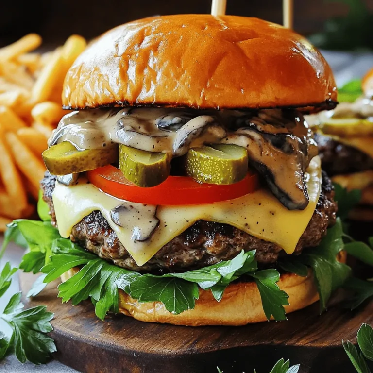 To make the perfect creamy mushroom Swiss burger, gather these main items: - 1 lb ground beef (80/20 blend) - 4 slices Swiss cheese - 2 cups mushrooms, sliced (button or cremini) - 4 burger buns These ingredients will form the base of your tasty burger. The ground beef gives it a juicy texture. The Swiss cheese adds a smooth, creamy flavor. The mushrooms bring an earthy taste that pairs well with the beef. You will need some key seasonings and toppings to enhance your burger: - 1 teaspoon garlic powder - 1 teaspoon onion powder - Salt and pepper to taste - Lettuce, tomato, and pickles (for topping) The garlic and onion powders add depth to the beef. Salt and pepper bring out all the flavors. Fresh lettuce and tomato add crunch, while pickles give a tangy kick. If you want to take your burger to the next level, consider these optional items: - 2 tablespoons butter - 2 tablespoons olive oil - 1/2 cup heavy cream - 1 tablespoon Dijon mustard The butter and olive oil help cook the mushrooms, making them rich and flavorful. Heavy cream and Dijon mustard create the creamy sauce that makes this burger special. You can easily customize the sauce to suit your taste! First, gather your ingredients. You need ground beef, garlic powder, onion powder, salt, and pepper. In a large bowl, mix the ground beef with the garlic and onion powders. Don’t overmix; just combine gently. Form the beef into four equal patties. Press your thumb into the center of each patty. This helps them cook evenly and prevents puffing. Heat olive oil in a large skillet over medium-high heat. Once hot, add the burger patties. Cook them for about 4-5 minutes on one side. Flip the patties and cook for another 4-5 minutes for medium doneness. In the last minute of cooking, place a slice of Swiss cheese on each patty. Cover the skillet with a lid to help the cheese melt. In another skillet, melt butter over medium heat. Add sliced mushrooms and sauté them for about 4-5 minutes. Cook until they are soft and browned. Season with a pinch of salt and pepper. Next, reduce the heat and stir in heavy cream and Dijon mustard. Let the mixture simmer for 2-3 minutes until it thickens slightly. Taste and adjust the seasoning if needed. To assemble, toast the burger buns lightly in the skillet. Start with lettuce and tomato on the bottom half of each bun. Place the cheesy burger patty on top. Spoon the creamy mushroom sauce generously over the patty. Add pickles if you like. Finally, close the burger with the top half of the bun. Enjoy your delicious creation! To get a great burger texture, choose an 80/20 blend of ground beef. This mix has enough fat to keep the burger juicy. Form the patties gently. If you press too hard, you lose the juices. Make a small indent in the center of each patty with your thumb. This helps them cook evenly and prevents puffing. Mushrooms add a deep, earthy taste. Use fresh button or cremini mushrooms for the best flavor. Sauté them in butter over medium heat. This caramelizes their natural sugars and brings out their taste. Add a pinch of salt while cooking. This helps draw out moisture and enhances the overall flavor. For the best cheese melt, place the Swiss cheese on the patties during the last minute of cooking. Cover the skillet with a lid. This traps the heat and melts the cheese evenly. Swiss cheese melts beautifully and adds a creamy texture. Make sure not to overcook the burgers, as this can dry them out. {{image_2}} If you want to switch out ground beef, there are great choices. Ground turkey works well. It has a lighter flavor but stays juicy. You can also use ground chicken. It’s leaner and still tasty. Another option is bison, which is rich and flavorful. Each substitute gives a unique twist to your burger. For a plant-based burger, try lentils or black beans. They add protein and fiber. You can also use store-bought veggie patties. Many brands offer options that taste good. If you want to make your own, combine mashed beans with oats and spices. This creates a delicious and hearty burger. Swiss cheese is classic for this burger, but you can explore other cheeses too. Provolone offers a mild and creamy taste. Cheddar adds a sharp flavor that pairs well with mushrooms. For something unique, try blue cheese. It brings a bold flavor that many love. Each cheese change can transform your burger experience. To keep your creamy mushroom Swiss burgers fresh, store them in an airtight container. Place the burgers in the fridge within two hours of cooking. They will stay good for about three to four days. If you have leftover mushroom sauce, store it in a separate container. This way, your burgers won’t get soggy. For the best taste, reheat your burgers in a skillet. Heat the skillet over medium heat, then add the burger. Cook for about 3 to 4 minutes on each side. If you want the cheese melty, cover the skillet with a lid. You can also reheat the mushroom sauce in a small pot over low heat. Stir it often to avoid burning. You can freeze your cooked burgers for later. Wrap each burger tightly in plastic wrap, then place them in a freezer bag. They will last for about three months in the freezer. To thaw, move the burgers to the fridge overnight. After thawing, reheat them in a skillet for the best flavor and texture. The best cheese is Swiss. It melts well and has a nutty flavor. You can also try Gruyère for a richer taste. Both cheeses pair nicely with mushrooms. Yes, you can! Button and cremini mushrooms work great. Other types, like shiitake or portobello, add unique flavors too. Just slice them up for cooking. To make it gluten-free, use gluten-free burger buns. Check the labels for hidden gluten in other ingredients too. The rest of the recipe is already gluten-free! You can find this burger at many restaurants. Look for places that focus on gourmet burgers. They often feature unique toppings like creamy mushrooms. Yes, you can prep the patties in advance. Store them in the fridge for a day. You can also make the mushroom sauce early. Just reheat it before serving. In this blog post, I covered every element needed to make the perfect Creamy Mushroom Swiss Burger. We looked at ingredients, step-by-step cooking instructions, and tips for success. Remember, you can customize the burger with different cheeses and meat options. Also, proper storage and reheating can keep your leftover burgers delicious. Try this recipe and enjoy a tasty meal at home. Your next burger night will be a hit!