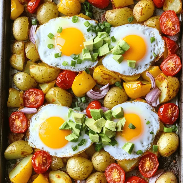 - 4 medium russet potatoes, diced - 1 red bell pepper, diced - 1 yellow bell pepper, diced - 1 small red onion, diced - 1 cup cherry tomatoes, halved - 1 teaspoon garlic powder - 1 teaspoon smoked paprika - 1 teaspoon salt - ½ teaspoon black pepper - 4 large eggs - 1 cup shredded cheddar cheese - ½ cup sliced green onions (for garnish) - ½ cup avocado, diced (for garnish) - Olive oil for drizzling Gather these simple ingredients to create a delicious loaded breakfast sheet-pan hash. The russet potatoes serve as a hearty base. Their texture and flavor shine when roasted. The red and yellow bell peppers add color and sweetness. The small red onion brings a mild bite. Cherry tomatoes add a juicy pop. For seasoning, garlic powder and smoked paprika enhance the dish's depth. Salt and black pepper balance all flavors. The large eggs provide protein and richness, making this meal satisfying. Shredded cheddar cheese melts over the top, adding creaminess. Garnish with green onions and diced avocado for freshness. These toppings not only add flavor but also make the dish visually appealing. Use olive oil to help everything crisp up nicely. This combination of ingredients makes the meal balanced and delicious. Prepare to enjoy a hearty breakfast that is easy to make and sure to please. First, preheat your oven to 425°F (220°C). This ensures your dish cooks evenly. While the oven heats, grab a large bowl. Combine the diced potatoes, red and yellow bell peppers, red onion, and cherry tomatoes. Add garlic powder, smoked paprika, salt, and black pepper. Drizzle some olive oil over the mix. Toss everything together until it’s well coated. Next, spread the mixture evenly on a baking sheet lined with parchment paper. This helps with easy cleanup. Roast the veggies in the oven for 25 to 30 minutes. Stir halfway through to get that nice, even crisp. You want the potatoes tender and slightly golden for the best flavor. Once the veggies are ready, take the pan out of the oven. Make four small wells in the mixture. Crack an egg into each well. Now, return the pan to the oven. Bake for another 8 to 10 minutes. This will cook the eggs to your liking. When they’re done, the eggs should be set but still soft. To ensure crispy potatoes, start by cutting them into small, even pieces. This helps them cook evenly. Use a good amount of olive oil. Toss the potatoes well so they get a nice coat. Spread them out on the baking sheet. If they are too crowded, they’ll steam instead of crisp. For the ideal egg consistency, keep an eye on the cooking time. A runny yolk needs about 8 minutes. If you want firmer eggs, let them bake a bit longer. Making wells in the veggie mix helps keep the eggs in place. This makes serving easier and neat. Presentation matters. You can serve the hash right from the sheet pan for a fun look. If you prefer, scoop portions onto individual plates. This adds a nice touch. A drizzle of olive oil or hot sauce on top is a great idea. It adds flavor and makes it look fancy. Consider serving this dish with a side of fresh fruit or toast. These options balance the meal and make it complete. Enjoy your delicious creation! {{image_2}} You can easily change this dish to fit your taste. For protein, try adding sausage or bacon. These meats add rich flavor and texture. You can also use ground turkey or chicken if you want a leaner option. For veggies, swap in what you have. Think about using zucchini, spinach, or mushrooms. Seasonal veggies work great. Use what is fresh and available in your area. Cheese adds creaminess to this hash. While cheddar is classic, you can try other types too. Think about using mozzarella, feta, or even pepper jack for a kick. If you want a dairy-free option, use vegan cheese. There are many brands that melt well. Nutritional yeast is another great choice. It adds a cheesy flavor without dairy. Store any leftovers in an airtight container. This keeps your dish fresh for up to four days. Make sure to let it cool before sealing. This helps prevent moisture buildup, which can make the hash soggy. When reheating, the best method is to use an oven. Set it to 350°F (175°C) and place the hash in a baking dish. Cover it with foil to keep moisture in. Heat for about 15 minutes or until warm. This method helps keep the potatoes crispy and the eggs tender. You can also use a microwave, but be careful. Microwaving can make the potatoes soft. If you do microwave, heat in short bursts. Stir gently between each burst to keep it from drying out. Enjoy your flavorful hash just like it was fresh from the oven! How can I make this dish vegetarian-friendly? You can easily make this dish vegetarian by removing the eggs or replacing them with tofu. Tofu works well as a protein substitute. Just scramble it and add it to the hash at the end for a tasty twist. What can I substitute for potatoes? If you want to swap the potatoes, try using sweet potatoes or diced squash. Both options add a nice flavor and texture to your dish. You can even use cauliflower for a lighter option. Can I prepare it ahead of time? Yes, you can prepare this dish ahead of time. You can chop the veggies and mix them with the spices a day in advance. Store them in the fridge until you are ready to cook. How do I adjust for different serving sizes? To adjust for different serving sizes, simply scale the ingredients. For example, if you need to serve six, use six potatoes and increase the eggs and veggies. Keep the ratios similar to maintain the flavor. This dish combines fresh veggies and eggs for a tasty meal. You learned to prepare, roast, and bake each ingredient with care. Use my tips to ensure perfect texture and rich flavor. Feel free to get creative by adding proteins or cheese options. Lastly, remember to store leftovers properly. This way, you can enjoy your dish later. Cooking can be fun and rewarding; keep experimenting! Your kitchen adventures await.