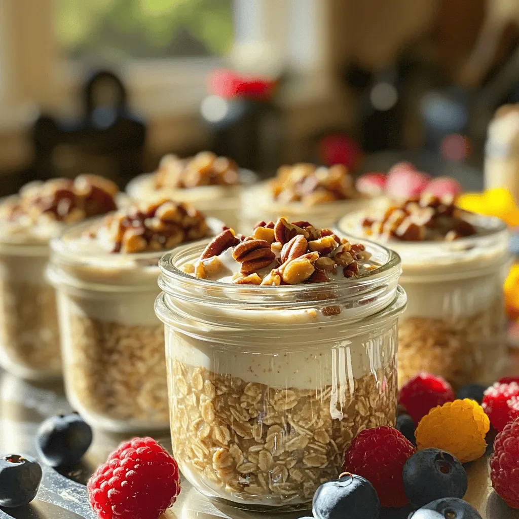 - 1 cup rolled oats - 2 cups almond milk (or any milk of choice) - 2 tablespoons pure maple syrup - 1/4 cup chopped pecans - 1/2 teaspoon ground cinnamon - 1/4 teaspoon vanilla extract - A pinch of salt These ingredients make a tasty base for overnight oats. Rolled oats are key. They soak up the milk and become soft. Almond milk adds a nice flavor. You can use any milk you like, but almond works great. Pure maple syrup gives sweetness. It adds a rich taste that pairs well with the nuts. Chopped pecans add crunch and flavor. They also bring healthy fats. Ground cinnamon adds warmth, making each bite cozy. A little vanilla extract boosts the flavor, while salt enhances everything. - Fresh berries - Additional maple syrup - Extra nuts or seeds Adding toppings makes your oats even better. Fresh berries add bright flavor and color. They also give vitamins and fiber. A drizzle of maple syrup on top adds more sweetness if you like it. You can also sprinkle extra nuts or seeds for more crunch and nutrition. These toppings let you customize your oats each time. - Mixing the ingredients Start by taking a large mixing bowl. Add 1 cup of rolled oats. Then, pour in 2 cups of almond milk. Next, add 2 tablespoons of pure maple syrup. Toss in 1/4 cup of chopped pecans, 1/2 teaspoon of cinnamon, 1/4 teaspoon of vanilla extract, and a pinch of salt. Mix it all together gently. Make sure the oats get coated well. - Dividing into jars Once mixed, grab two jars or containers. Carefully divide the oat mixture into the jars. Leave some space at the top. The oats will expand as they soak. Seal the jars tightly to keep everything fresh. - Refrigeration time Place the jars in the fridge. Let them chill overnight, or for at least four hours. This allows the oats to soak up the milk. The longer they sit, the creamier they get. - How to stir before serving When you’re ready to eat, take the jars out of the fridge. Open each jar and give the oats a good stir. If they seem too thick, add a splash of milk to loosen them up. - Adding additional toppings Top your oats with fresh berries if you like. You can also sprinkle more chopped pecans on top. A drizzle of maple syrup adds a sweet touch. Enjoy your delicious creation! To make the best overnight oats, soak them for at least 4 hours. This time helps the oats absorb all the liquid. If you want a creamier texture, let them soak overnight. You can adjust flavors based on your taste. Want it sweeter? Add more maple syrup. Prefer a crunch? Toss in extra pecans. Batch-making is a great way to save time. You can prepare enough oats for the whole week. Just double or triple the recipe. Store each serving in a separate jar. This way, you grab one and go. Use airtight containers to keep them fresh. Enjoy your oats cold or warm them up. {{image_2}} You can change the flavors of your overnight oats easily. Try using different nuts like almonds, walnuts, or hazelnuts. Each nut gives a unique taste and texture. For a sweeter touch, swap maple syrup with honey or agave. Both options add a lovely sweetness to your oats. You could even mix in dried fruits like raisins or cranberries for extra flavor. If you're looking for dairy-free options, almond milk works great, but you can also use soy, oat, or coconut milk. These choices keep your oats creamy without dairy. For a gluten-free version, ensure you use certified gluten-free oats. This way, you can enjoy your oats without worry. You can also add seeds like chia or flax for added nutrition and crunch. Overnight oats stay fresh for up to five days in the fridge. Use airtight containers to keep them safe from air and moisture. Glass jars work well, as they do not stain and are easy to clean. Keep your oats in the coldest part of the fridge. This helps them stay fresh and tasty. Yes, you can freeze overnight oats! They will last for up to three months in the freezer. Use freezer-safe containers or bags to store them. Leave some space for expansion when freezing. To thaw, move your oats to the fridge overnight. If you want to eat them sooner, you can also microwave them for a minute. Stir well and add a splash of your favorite milk to make them creamy again. Enjoy your ready-made breakfast! Can I use quick oats instead of rolled oats? Yes, you can use quick oats. Quick oats cook faster and absorb liquid quickly. This will change the texture of your overnight oats. They might be creamier and less chewy. If you prefer a firmer texture, stick with rolled oats. What can I do if the oats are too thick? If your oats are too thick, just add more milk. A splash of almond milk works well. Stir well to mix it in. This will help to loosen the oats. You can adjust the thickness each time you make them. Can I add protein powder to the recipe? Absolutely, you can add protein powder. Mix it in with the dry oats. This is a great way to boost your protein intake. Just be sure to adjust the liquid if needed. More protein may require more milk. Are overnight oats healthy? Yes, overnight oats are very healthy. They are full of fiber, which is great for digestion. Oats can also help keep you full longer. They provide energy and nutrients to start your day right. What are the nutritional benefits of oats? Oats are packed with nutrients. They contain vitamins, minerals, and antioxidants. Some benefits include: - Good source of fiber - Helps lower cholesterol - Supports heart health - Provides lasting energy Including oats in your diet can make a big difference in your health. Overnight oats are a simple and tasty meal. You mix rolled oats, almond milk, and sweeteners. You can add nuts and spices for more flavor. Store them in jars and let them soak overnight. To enjoy them, stir and add fresh toppings. You can make many variations to fit your taste or diet. They last well in the fridge, and you can freeze them too. With these tips, you can make healthy and delicious overnight oats with ease. Enjoy your breakfast!