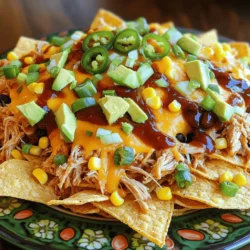 - 2 lbs boneless, skinless chicken breasts - 1 cup BBQ sauce (your choice of flavor) - 1 teaspoon garlic powder - 1 teaspoon onion powder - 1 teaspoon smoked paprika - Salt and pepper to taste - 1 bag tortilla chips - 2 cups shredded cheddar cheese - 1 cup black beans, rinsed and drained - 1 cup corn (fresh or frozen) - 1 avocado, diced - 1/4 cup green onions, chopped - Jalapeños, sliced (optional) - Sour cream, for serving (optional) If you need swaps, I have you covered. You can use chicken thighs instead of breasts. They add more flavor and stay juicy. For BBQ sauce, use a homemade blend. You can mix ketchup, vinegar, and brown sugar. This allows you to control the sweetness. If you want a vegan option, try jackfruit. It shreds similar to chicken. Swap cheese for a dairy-free version, like cashew cheese or nutritional yeast. For a crunch, use pita chips instead of tortilla chips. These nachos can fit many diets. To make them gluten-free, choose gluten-free tortilla chips. If you want a dairy-free dish, skip the cheese or use a vegan version. You can also add more veggies, like bell peppers or olives, for extra fiber. If you are watching calories, use less cheese or skip the sour cream. This way, everyone can enjoy these tasty nachos. First, gather your ingredients. You need 2 lbs of boneless, skinless chicken breasts, BBQ sauce, garlic powder, onion powder, smoked paprika, salt, and pepper. Place the chicken in the slow cooker. Sprinkle garlic powder, onion powder, smoked paprika, salt, and pepper over the chicken. Pour one cup of BBQ sauce on top. Make sure the chicken is well-coated. Cover the slow cooker. Set it to low for 6-7 hours or high for 3-4 hours. Your chicken will become tender and easy to shred. Once time is up, it’s time to shred the chicken. Use two forks to pull the chicken apart right in the slow cooker. Mix it well with the BBQ sauce. This adds flavor to every bite. Now, let’s build your nachos. Preheat your oven to 350°F (175°C). On a large baking sheet, spread half of the tortilla chips. Layer half of the shredded chicken on top. Add half of the black beans and corn. Then, sprinkle half of the cheddar cheese. Repeat these layers with the rest of the chips, chicken, beans, corn, and cheese. Bake your nachos for 10-15 minutes. You want the cheese to melt and bubble. After that, remove the nachos from the oven. Top them with diced avocado, green onions, and jalapeños if you like. Serve with sour cream on the side for dipping. Enjoy your delicious nachos! To make the chicken tasty, use good BBQ sauce. I suggest a sauce with a nice balance of sweet and tangy. The spices add depth to the flavor. Garlic powder, onion powder, and smoked paprika work wonders. Always season well with salt and pepper. Let the chicken cook long enough so it shreds easily. This enhances the flavor when mixed with BBQ sauce. For best results, cook on low heat. To keep nachos crispy, layer them properly. Start with a layer of chips, then add the chicken and toppings. Avoid adding too much sauce on top. Use thick tortilla chips; they hold up better. You can also bake the chips before adding toppings. This extra step helps them stay crunchy. Serve the nachos right away for the best texture. Serve your nachos hot and fresh from the oven. Top them with diced avocado and chopped green onions for color and taste. Add sliced jalapeños for a spicy kick. A side of sour cream makes a great dip for those who want a cool taste. You can also add fresh cilantro for a touch of brightness. Enjoy these nachos as a fun meal or snack for gatherings! {{image_2}} You can change the whole taste by using different BBQ sauces. Sweet, tangy, or spicy sauces all work well. Try honey BBQ for a sweeter bite. For a smoky flavor, use a hickory BBQ. You can even mix sauces for a unique taste. This way, your nachos stay exciting every time you make them. Toppings can make your nachos extra special. Here are some ideas you can try: - Sliced olives for a briny kick. - Refried beans for added creaminess. - Fresh cilantro for a burst of color and flavor. - Diced tomatoes for a fresh touch. - Pickled onions for a tangy crunch. Feel free to get creative with your toppings. Each choice adds its own flair and flavor. If you love heat, add some spice! Jalapeños are a great start. You can use fresh or pickled jalapeños for varying heat levels. Want more? Try adding chili powder or cayenne pepper to the chicken while it cooks. For an extra kick, consider adding diced habanero peppers. Just remember, a little spice goes a long way! To store leftover nachos, place them in an airtight container. Make sure the nachos cool down first. This method keeps them fresh for up to three days in the fridge. If you want to avoid soggy chips, store the pulled chicken and nachos separately. To reheat your nachos, preheat the oven to 350°F (175°C). Spread the nachos on a baking sheet. Heat them for about 10 minutes or until the cheese melts again. You can also use the microwave, but the chips might get soft. If you have extra pulled chicken, freeze it for later use. Place the chicken in a freezer-safe bag. Squeeze out as much air as possible before sealing. The pulled chicken can last up to three months in the freezer. When ready to use, thaw it overnight in the fridge before reheating. Yes, you can use other meats! Pulled pork is a great option. You can also try beef or turkey. Just adjust cooking times as needed. For beef, cook longer for tenderness. Each meat brings its own flavor and texture. Experiment with your favorite! To prevent soggy nachos, layer your ingredients wisely. Start with a base of tortilla chips. Then, add the pulled chicken and other toppings in a way that keeps moisture away from the chips. Serve the nachos right after baking. You can also place a layer of cheese directly on the chips to act as a barrier. Yes, you can make these nachos in the oven! Begin by shredding your cooked chicken as usual. Preheat your oven to 350°F (175°C). Layer the chips, chicken, and toppings on a baking sheet. Bake for 10-15 minutes until the cheese melts. This method gives you crispy, delicious nachos! Enjoy every bite! You now know how to make tasty pulled chicken nachos. We covered key ingredients, ways to substitute them, and dietary needs. I shared step-by-step instructions, helpful tips for flavor, and ways to keep nachos crispy. We also discussed fun variations and storage tips to enjoy leftovers. Try these ideas in your kitchen. Explore flavors and toppings. You’ll impress your friends and family with these nachos!
