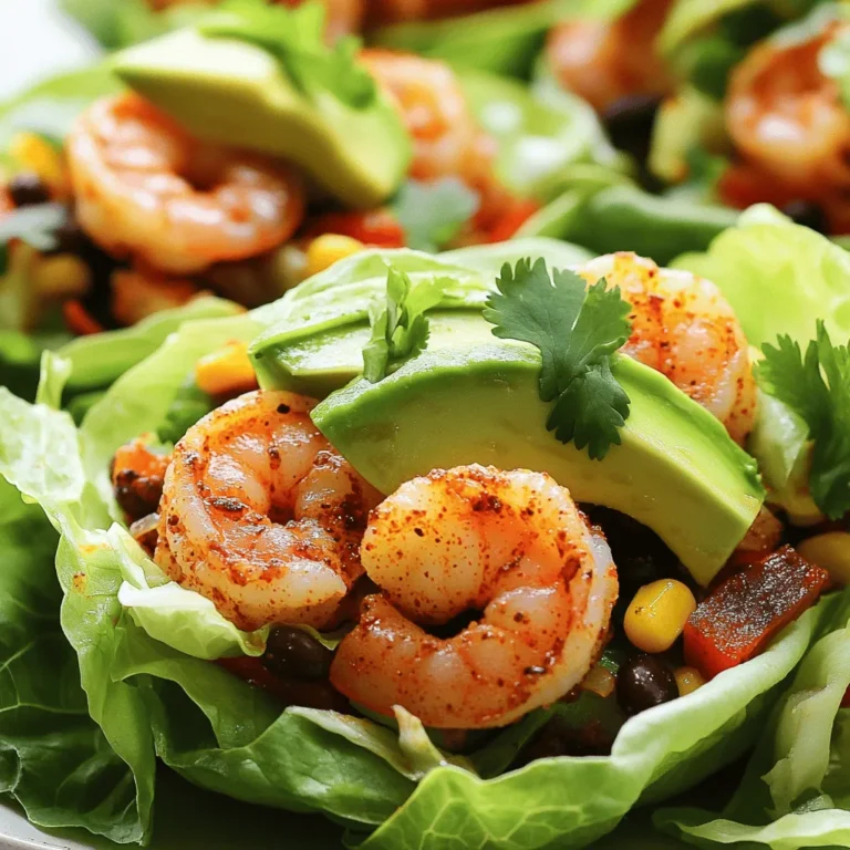 - 1 lb large shrimp, peeled and deveined - 1 tablespoon Cajun seasoning - 2 tablespoons olive oil - 1 red bell pepper, diced - 1/2 red onion, finely chopped - 2 cloves garlic, minced - 8 large romaine or butter lettuce leaves - 1/4 cup corn kernels (fresh or frozen) - 1/4 cup black beans, drained and rinsed - 1 tablespoon lime juice - Salt and pepper to taste - Fresh cilantro, for garnish - Avocado slices, for topping These ingredients make the spicy Cajun shrimp shine. You will love the mix of flavors. The shrimp brings a juicy texture. Cajun seasoning adds a delightful kick. Olive oil helps cook the shrimp perfectly. Fresh veggies add crunch and color. Lettuce leaves are perfect for wrapping. Each bite bursts with flavor! Grab your ingredients and let’s get cooking! Start by tossing the shrimp in Cajun seasoning. Make sure each piece is well-coated. It adds great flavor to the shrimp. Next, heat olive oil in a large skillet over medium-high heat. Once hot, add the seasoned shrimp. Cook them for about 2-3 minutes on each side. You’ll know they are done when they turn pink and opaque. Remove the shrimp from the skillet and set them aside. In the same skillet, add the diced red bell pepper and chopped red onion. Sauté these veggies for about 2-3 minutes. You want them to soften up nicely. Then, add the minced garlic and cook for another 30 seconds. This brings out a wonderful smell that fills your kitchen. Now, stir in the corn and black beans. Cook this mixture for another 2 minutes to heat everything through. After that, return the cooked shrimp to the skillet. Drizzle with lime juice and mix well. Season it all to taste with salt and pepper. This step is key for a burst of flavor. To assemble, lay a generous amount of the shrimp mixture onto each lettuce leaf. This will be your wrap. Top it with avocado slices for creaminess. Finally, garnish with fresh cilantro. These wraps are a feast for the eyes and the taste buds. Serve them immediately for the best crunch! To make the shrimp shine, coat them well with Cajun seasoning. This helps them soak up all that wonderful flavor. Make sure you don’t overcook the shrimp. Cook them just until they turn pink and opaque. This gives you a nice, tender bite that everyone will love. If you want more heat, add a dash of hot sauce. This gives your dish an extra kick that spice lovers will enjoy. You can also try different types of lettuce for wrapping. Romaine and butter lettuce both work well, but you might find a new favorite. Serve your wraps with a side of rice or quinoa. This makes the meal filling and balanced. You can also pair them with a fresh salad or a medley of vegetables. These sides add color and nutrients to your plate. {{image_2}} You can make this dish meat-free. Just swap the shrimp for grilled veggies or tofu. Bell peppers, zucchini, or mushrooms work well. Season them with Cajun spice for that same bold flavor. These swaps keep the crunch and taste. If you prefer chicken or turkey, they can replace the shrimp. Use the same Cajun seasoning for a great kick. Cook the meat until it's juicy and tender. The wraps will still taste amazing with these proteins. Want more heat? Add extra Cajun seasoning to your shrimp. This packs a punch in every bite. You can also toss in diced jalapeños for an extra kick. This adds a spicy twist that spicy lovers will enjoy. Store any leftovers in an airtight container in the refrigerator. This keeps the shrimp fresh. Try to eat them within two days for the best taste. Reheat the shrimp mixture gently. You can use the stovetop or the microwave. If using the stovetop, heat on low to avoid overcooking the shrimp. Stir it often to warm it evenly. Freezing is not a good idea for the assembled wraps. They can become soggy when thawed. Instead, freeze the shrimp, veggies, and sauces separately. This way, you keep the flavors fresh and the textures nice. Cajun seasoning blends spices like paprika, garlic powder, and black pepper. It adds heat and depth. The mix gives dishes a warm, earthy taste. You will find hints of herbs like oregano and thyme. This seasoning brings a lively kick to shrimp. Yes, you can prep some parts in advance. Cook the shrimp and veggies, and store them separately. Keep them in the fridge for up to two days. Just warm them before serving. Assemble the wraps right before eating for the best crunch. Look for shrimp that smell fresh and sweet. They should not have a strong fishy smell. Check for a firm texture and a shiny appearance. Choose shrimp that are pink and have a slight sheen. If possible, buy them from a trusted fish market. You might enjoy a side of rice or quinoa. These pair well with the wraps and add substance. A fresh salad with citrus dressing also complements the meal. Consider serving a vegetable medley for a colorful plate. This blog post explored a delicious recipe for Spicy Cajun Shrimp Lettuce Wraps. We covered the key ingredients, including shrimp, veggies, and seasonings, along with easy steps to prepare them. I shared tips for perfecting flavors and suggested variations to suit different diets. Enjoy fresh, tasty wraps now, or save some for later. Remember, cooking is all about fun and creativity. Keep experimenting with flavors until you find your favorite mix!