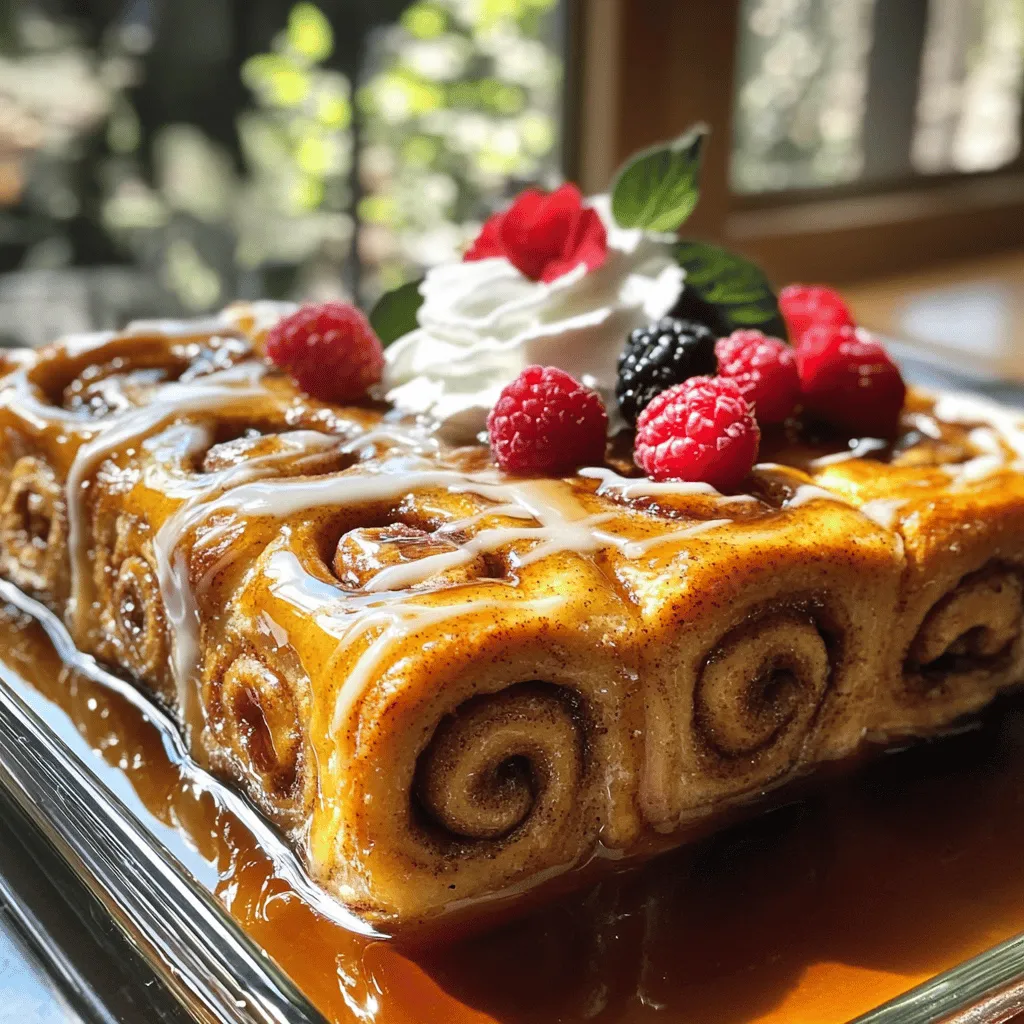 Cinnamon Roll French Toast Bake is a fun way to enjoy breakfast. It combines the sweet taste of cinnamon rolls with the comforting texture of French toast. This dish is easy to make and perfect for a family weekend brunch. You will need simple ingredients that you might already have at home. - 2 cans (10 count each) of pre-made refrigerated cinnamon rolls - 6 large eggs - 1 cup milk - 1 teaspoon vanilla extract - 1 teaspoon ground cinnamon - 1/4 teaspoon nutmeg - 1/4 cup maple syrup - 1 tablespoon butter (for greasing) Each ingredient plays a special part. The cinnamon rolls give a sweet base. Eggs and milk create a rich custard. Vanilla and spices add warmth and flavor. Maple syrup brings a touch of sweetness and ties it all together. You can make this dish even better with some fun toppings. Here are some ideas: - Whipped cream: Adds creaminess and sweetness. - Fresh berries: Bring a pop of color and tartness. - Additional maple syrup: For those who love extra sweetness. Adding these toppings not only makes your dish look great but also enhances the taste. They can also add nutrition, like vitamins from the berries. Feel free to mix and match your toppings for your perfect bite! Start by preheating your oven to 350°F (175°C). This step gets the oven ready for your bake. Next, grab a 9x13 inch baking dish. Use 1 tablespoon of butter to grease the dish well. This helps the cinnamon rolls not to stick. An even layer of butter will work best. Set the dish aside while you prepare the cinnamon rolls. Open both cans of refrigerated cinnamon rolls. You will find ten rolls in each can. Set the icing aside for later; we will use it after baking. Now, take each roll and cut it into quarters. This helps them soak up the egg mixture better. Place all the cut pieces evenly in the greased baking dish. Make sure they are spread out as much as possible. This ensures even cooking throughout. In a large mixing bowl, crack 6 large eggs. Add 1 cup of milk to the eggs. Then, pour in 1 teaspoon of vanilla extract. Add 1 teaspoon of ground cinnamon and 1/4 teaspoon of nutmeg for extra flavor. Finally, add 1/4 cup of maple syrup. Use a whisk to mix everything together well. Make sure there are no lumps. The egg mixture should be smooth and creamy. This mixture will soak into the cinnamon rolls beautifully. To get the best bake, cut each cinnamon roll into quarters. This helps them soak up the egg mix fully. Make sure the pieces are spread evenly in the dish. Pour the egg mixture over them slowly. This ensures every piece gets coated well. Let it sit for 10 minutes before baking. This step is key for a soft texture. Bake at 350°F for 25-30 minutes. You want a golden brown top and a clean toothpick. One mistake is not greasing the baking dish well. This can make your bake stick. Another error is skipping the 10-minute soak. If you rush this, the rolls may dry out. Avoid crowding the dish with too many rolls. They need space to puff up as they bake. Lastly, don’t forget to check the baking time. Overbaking can lead to a tough texture. Use fresh eggs and real maple syrup for the best taste. Mixing in nutmeg and cinnamon adds warmth. You can also try adding a splash of orange juice. This gives a nice citrus kick. For extra flavor, drizzle the icing right after baking. Toppings like whipped cream and fresh berries enhance the dish. They add color and freshness. {{image_2}} You can make this dish even better by adding fruits. Apples and bananas work great. To use apples, chop them into small pieces. Sprinkle them over the cinnamon rolls before adding the egg mix. For bananas, slice them and mix them in with the egg mixture. This adds sweetness and a fresh taste. Plus, the fruit gives a nice texture contrast. It makes your bake even more fun to eat! If you want a fall twist, try pumpkin spice. Just add half a cup of pumpkin puree to the egg mix. Then, include one teaspoon of pumpkin pie spice. This change gives a warm, cozy flavor. It smells amazing while baking! Serve it with whipped cream for a true autumn treat. Guests will love this new spin on a classic dish. You can enjoy this dish even if you eat gluten-free. Look for gluten-free cinnamon rolls at the store. They are easy to find. Use them in place of regular ones. The rest of the recipe stays the same. If you need a dairy-free option, swap the milk for almond or oat milk. This way, everyone can enjoy a delicious slice of cinnamon roll French toast bake! To keep your Cinnamon Roll French Toast Bake fresh, store leftovers in an airtight container. Let it cool completely before sealing it up. This helps prevent sogginess. You can keep it in the fridge for up to three days. When you're ready to enjoy leftovers, reheat them in the oven. Set the oven to 350°F (175°C). Place the bake in a baking dish. Add a few drops of milk to keep it moist. Cover with foil to prevent drying out. Heat for about 15-20 minutes until warmed through. You can also use the microwave for a quick fix. Just heat a single serving for 30-60 seconds. If you want to save some for later, you can freeze this treat. Cut it into squares and place them in a freezer-safe container. Make sure to wrap each piece tightly in plastic wrap first. This prevents freezer burn. You can freeze it for up to three months. When you're ready to eat, thaw in the fridge overnight and reheat as directed. Enjoy your sweet treat whenever you crave it! Yes, you can use homemade cinnamon rolls. Just make sure they are baked and cooled. Cut them into quarters before adding to the dish. This will work well with the egg mix. You can keep this dish in the fridge for up to three days. Store it in an airtight container. Reheat individual servings in the microwave or oven before eating. Absolutely! You can prepare the dish a day in advance. Just follow the steps until the baking part. Cover it tightly and store it in the fridge. Bake it the next morning for a warm breakfast. In this blog post, we explored the joys of making a Cinnamon Roll French Toast Bake. We covered the key ingredients, step-by-step instructions, and some handy tips to perfect your dish. I shared fun variations to keep it fresh and exciting, plus smart storage ideas for your leftovers. Remember, each detail counts. With these insights, you'll impress everyone with your baking skills. Enjoy every bite and share this treat with those you love!