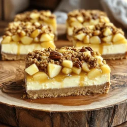 - Cheesecake Layer - 2 cups cream cheese, softened - 1 cup granulated sugar - 1 teaspoon vanilla extract - 2 large eggs - Apple Filling - 2 large apples, peeled and diced (preferably Granny Smith) - 1 teaspoon ground cinnamon - ½ cup brown sugar - Crisp Topping - 1 ½ cups graham cracker crumbs - ½ cup unsalted butter, melted - 1 cup old-fashioned oats - ½ cup all-purpose flour - ½ cup chopped pecans (optional) These ingredients come together to create a tasty treat. The cream cheese offers a rich base. The apples add sweetness and a bit of tart. The crisp topping gives a nice crunch. Using Granny Smith apples is key for balance. Their tartness cuts through the sweetness. You can also mix in other apples if you want. The pecans are optional, but they add a great texture. If you don't have them, you can skip them. With this list, you can make a delicious dessert that everyone will love. First, set your oven to 350°F (175°C). This step is key. A hot oven helps the bars bake evenly. In a medium bowl, combine 1 ½ cups of graham cracker crumbs with ½ cup of melted unsalted butter. Mix well. Press this mixture into the bottom of a greased 9x9-inch baking pan. Make sure it is even. Bake the crust for 10 minutes. Then, take it out and let it cool. In a large bowl, beat 2 cups of softened cream cheese with an electric mixer. Keep mixing until it’s smooth. Gradually add in 1 cup of granulated sugar. Mix until combined. Then, add 1 teaspoon of vanilla extract and 2 large eggs, one at a time. Mix until just blended. Pour this filling over the crust, spreading it evenly. In another bowl, take 2 large peeled and diced apples. I like Granny Smith for their tartness. Add 1 teaspoon of ground cinnamon and ½ cup of brown sugar. Toss until the apples are well-coated. Evenly spread this mixture over the cheesecake layer. In a new bowl, mix 1 cup of old-fashioned oats, ½ cup of all-purpose flour, and ½ cup of chopped pecans if you want. Add a pinch of salt. Drizzle this mix with melted butter. Stir until it looks crumbly. Sprinkle this topping over the apples. Bake your dessert in the oven for about 35-40 minutes. Look for a golden brown topping and a set cheesecake. After baking, let the bars cool in the pan for at least 30 minutes. For extra sweetness, drizzle ½ cup of caramel sauce over the top before cutting. If you want firmer bars, chill them in the fridge for an hour before serving. To get the best texture, use softened cream cheese. This helps it mix smoothly. Beat the cream cheese until it is creamy, with no lumps. Mix in the sugar slowly. This keeps the air in, making your cheesecake light. Don’t overbeat after adding eggs. Just mix until blended. Granny Smith apples are the best choice for this recipe. They are tart and hold their shape well. You could also try Honeycrisp apples for a sweeter taste. Avoid soft apples like Red Delicious, as they turn mushy when baked. Adding spices can boost the flavor of your dessert. Ground cinnamon is a must for that warm taste. You can also add nutmeg for a nice twist. A pinch of allspice can add depth too. Be careful not to overdo it—just a little goes a long way! {{image_2}} You can make these bars gluten-free with some easy swaps. Use gluten-free graham cracker crumbs for the crust. Check the oats to ensure they're certified gluten-free. Use a gluten-free flour blend in the crisp topping instead of all-purpose flour. This way, everyone can enjoy the treat without worry. You can get creative with toppings! Instead of pecans, try walnuts or almonds for a crunchy twist. You can also add a sprinkle of shredded coconut for a tropical vibe. For a chocolate touch, drizzle melted chocolate over the bars. Each topping brings a new flavor that makes the bars even more fun to eat. While apples are classic, other fruits work great too. Try pears for a sweet, juicy option. Fresh peaches add a nice flavor during summer. You can even mix in berries for a colorful twist. Just remember to adjust the sugar based on the fruit's sweetness. This allows you to enjoy these bars all year round! Cooling your caramel apple crisp cheesecake bars is key. Once they bake, let them cool in the pan for at least 30 minutes. This helps set the layers and keeps them from falling apart. After that, I recommend placing them in the fridge. Chilling them helps firm up the cheesecake layer. If you can, let them chill for one hour before serving. To store your cheesecake bars, follow these steps. First, cut the bars into squares. Then, place them in an airtight container. If you stack them, add parchment paper between layers to avoid sticking. You can also wrap them tightly with plastic wrap. This keeps them fresh and tasty. These delicious bars can last for about a week in the fridge. Make sure they stay in a sealed container. If you want to keep them longer, you can freeze them. They can last up to three months in the freezer. Just remember to thaw them in the fridge before serving. Enjoy every bite! Yes, you can make these caramel apple crisp cheesecake bars ahead of time. They taste great after chilling in the fridge for a few hours or overnight. This allows the flavors to blend well. Just remember to cover them tightly to keep them fresh. If you need a substitute for cream cheese, use mascarpone or ricotta cheese. These options give a similar creamy texture. You can also try a vegan cream cheese if you prefer a dairy-free option. Just make sure to adjust the sugar for sweetness. To reheat these bars, place them in the microwave for about 20 to 30 seconds. This warms them up without making them too hot. You can also heat them in the oven. Set the oven to 300°F (150°C) and warm them for about 10 minutes. Yes, you can freeze these cheesecake bars! Cut them into squares and wrap each one in plastic wrap. Place them in an airtight container. They can last for about three months in the freezer. When you’re ready to eat, thaw them in the fridge overnight. You can serve these bars with a scoop of vanilla ice cream or a dollop of whipped cream. A sprinkle of extra cinnamon or chopped pecans adds a nice touch. You could also drizzle more caramel sauce on top for extra sweetness. Enjoy! This blog post shared how to make caramel apple crisp cheesecake bars. We covered the ingredients, step-by-step instructions, and helpful tips, ensuring a great result. Remember to choose the right apples and spice them up for flavor. You can also try gluten-free options or mix in other fruits. Proper storage will keep them fresh. Use this guide to make delicious treats that everyone will enjoy.