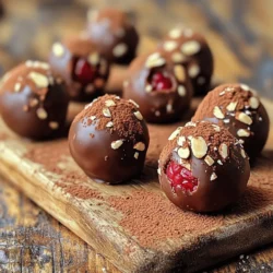- 8 ounces dark chocolate (70% cocoa), finely chopped - 1/2 cup heavy cream - 1 teaspoon vanilla extract - 1/2 cup fresh raspberries, crushed - 1/4 cup cocoa powder (for dusting) - 1/4 cup crushed almonds or hazelnuts (optional, for rolling) To make delightful dark chocolate raspberry truffles, you need the best ingredients. Start with dark chocolate that has at least 70% cocoa. This gives your truffles a rich, deep flavor. You also need heavy cream. It adds creaminess and helps the chocolate melt smoothly. A splash of vanilla extract enhances the taste and brings warmth to the truffles. Fresh raspberries are a must. They add a burst of tartness that balances the sweet chocolate. Crushing them releases their juice, making the truffles even more flavorful. Cocoa powder is key for dusting. It gives the truffles a beautiful finish and adds a touch of bitterness. If you want to get creative, consider using crushed almonds or hazelnuts. These optional coatings add texture and crunch. Gather these ingredients, and you are ready to create a treat that will impress everyone! To melt chocolate, I use the double boiler method. This keeps the heat gentle. You need a heatproof bowl and a pot. Fill the pot with water and bring it to a simmer. Place the bowl on top. Make sure the bowl does not touch the water. Stir the chocolate and cream mix often. This helps it melt evenly. Once smooth, take it off the heat. To ensure smoothness, I keep stirring until it is glossy. If it looks grainy, it may have overheated. Keep the heat low and be patient. This method works best for a rich truffle texture. Adding vanilla extract is crucial for flavor. I use one teaspoon for every batch. Stir it into the melted chocolate mix. This gives the truffles a warm aroma. Next, I mix in the crushed raspberries. I use half a cup of fresh raspberries. It adds a burst of fruitiness. Stir until the mixture is vibrant and colorful. You will see flecks of raspberry throughout. This makes the truffles even more appealing. After mixing, I chill the mixture at room temperature. Then I cover it with plastic wrap. Place it in the fridge for about two hours. You want it firm enough to mold. Once chilled, I scoop out the chocolate mix using a melon baller. I roll it into small balls in my hands. Each ball should be about one inch in diameter. For coating, I roll the truffles in cocoa powder or crushed nuts. I like using crushed almonds or hazelnuts. Make sure each truffle is fully coated. This adds extra flavor and a nice look. Finally, I chill the coated truffles again on a parchment-lined baking sheet. This helps them set for about 30 more minutes. Then they are ready to enjoy! Melting Tips To melt chocolate well, use a double boiler. Place chopped dark chocolate and cream in a heatproof bowl. Set this bowl over simmering water. Stir gently until smooth. This method helps keep the chocolate from burning. If you don't have a double boiler, use a microwave. Heat in short bursts of 15 seconds. Stir after each burst until melted. Chilling Insights After mixing in the vanilla and raspberries, let the mixture cool. Cover it and refrigerate for about two hours. This step is key to getting a firm texture. It makes rolling the truffles easier. If the mixture is too soft, it will not hold its shape. Best Ways to Serve Truffles Serve your truffles on a nice plate or in a box. For a touch of elegance, dust them with cocoa powder. You can also roll them in crushed nuts for crunch. This adds flavor and makes them look special. Pairings with Beverages Dark chocolate raspberry truffles pair well with several drinks. Try a rich red wine like Merlot. A dark roast coffee also complements the chocolate. For a refreshing option, serve with sparkling water or herbal tea. Preparing in Advance You can make these truffles a day ahead. Just keep them in the fridge until you are ready to serve. This saves time and lets the flavors meld. Freezing Options If you want to keep them longer, freeze the truffles. Place them in an airtight container. They can last up to three months in the freezer. When ready to enjoy, thaw them in the fridge overnight. This keeps their texture and taste intact. {{image_2}} Infusing Additional Flavors You can make these truffles even more exciting. Try adding orange zest or almond extract. These flavors pair well with dark chocolate and raspberries. Just a little goes a long way. Mix in a teaspoon of your chosen flavor when you add the vanilla extract. Using Different Chocolate Percentages The cocoa percentage in your chocolate makes a big difference. A higher cocoa percentage gives a richer taste. If you prefer a milder flavor, use chocolate with less cocoa, like 60%. Experiment with different brands too. Each one has its own unique taste. Vegan Alternatives You can easily make these truffles vegan. Use coconut cream instead of heavy cream. Choose dark chocolate that does not contain milk. Check the label to be sure. This way, you can enjoy the same great taste without dairy. Gluten-Free Options These truffles are already gluten-free! Just avoid any toppings that may contain gluten. You can roll them in crushed nuts or use gluten-free cocoa powder. This makes a great treat for everyone to enjoy. Creative Coatings The way you coat your truffles can change their look and taste. Try rolling them in powdered sugar or shredded coconut. You can also use crushed freeze-dried fruits. Each option adds a new twist and makes your truffles pop! Unique Serving Ideas Serve these truffles on a beautiful platter or in small cups. You can also use decorative boxes for gifts. Pair them with fresh raspberries or a drizzle of chocolate sauce. This makes your presentation even more delightful! To keep your dark chocolate raspberry truffles fresh, choose the right containers. Use a clean, airtight container. This helps prevent moisture and odors from spoiling the truffles. Line the container with parchment paper for extra protection. Store truffles in the fridge for up to two weeks. If you want them to last longer, freezing is an option. You can freeze them for up to three months. Just remember to wrap them well in plastic wrap before placing them in a freezer-safe bag. To maintain the texture and flavor of your truffles, keep them cool. Avoid leaving them out at room temperature for long periods. If you notice them getting soft, place them back in the fridge. Refrigeration is best for short-term storage. It helps the truffles stay firm. However, if you freeze them, let them thaw in the fridge overnight before serving. This way, they retain their taste and texture. Always enjoy your truffles chilled for the best experience! Dark chocolate raspberry truffles can last about one to two weeks. Store them in the fridge in an airtight container. This helps keep them fresh and tasty. If you want to enjoy them later, you can freeze the truffles too. Just make sure to wrap them well before freezing. Thaw them in the fridge when you’re ready to eat. Yes, you can use different fruits! Strawberries, blueberries, or cherries work well. Just make sure the fruit is fresh and not too watery. You can also try dried fruits like cranberries or apricots for a unique twist. Each fruit will give a different flavor and texture to your truffles. To melt chocolate without burning, use a double boiler. Fill a pot with water and bring it to a simmer. Place a heatproof bowl on top, making sure it doesn’t touch the water. Add your chopped chocolate and cream. Stir gently until smooth. This method heats the chocolate evenly and helps prevent burning. Absolutely! These truffles make a perfect gift. Their rich flavor and beautiful look impress anyone. You can package them in a nice box or jar. Add a ribbon for an extra touch. They’re great for birthdays, holidays, or any special occasion. Your friends and family will love them! In summary, dark chocolate raspberry truffles are easy to make with a few key ingredients. You learned how to melt chocolate perfectly and blend it with flavors. Rolling, coating, and storing the truffles ensures they stay fresh. These treats offer endless variations, making them fun to customize. With the right tips and techniques, anyone can enjoy rich, tasty truffles that impress. Enjoy making and sharing your creations!