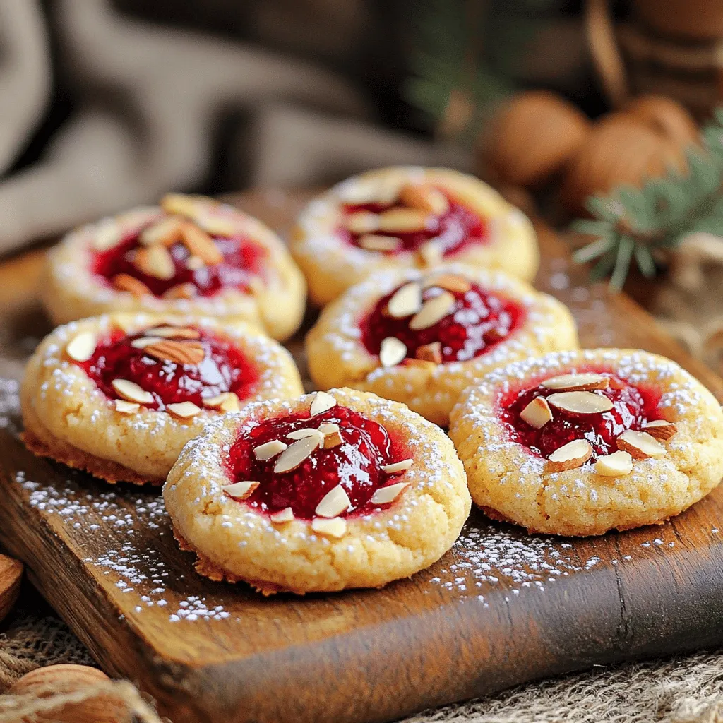 - 1 cup unsalted butter, softened - 1 cup powdered sugar - 1 teaspoon almond extract - 2 cups all-purpose flour - 1/2 cup raspberry jam (or preserve) These ingredients are the heart of your cookies. First, unsalted butter adds rich flavor. The powdered sugar gives sweetness and helps with the cookie's texture. Almond extract brings a lovely nutty aroma. All-purpose flour holds everything together, while raspberry jam adds a sweet and tart burst. - 1/4 cup sliced almonds for topping - Extra powdered sugar for dusting These optional ingredients can elevate your cookies. Sliced almonds add crunch and flavor. A dusting of powdered sugar makes them look pretty and adds a touch of sweetness. You can choose to use them or keep it simple. Either way, your cookies will taste delicious! To start, you need to cream the unsalted butter and powdered sugar. Use a large mixing bowl. Mix until it looks light and fluffy. This step is key for a nice texture. Next, add one teaspoon of almond extract. Mix it in well. The almond flavor will make the cookies taste amazing. Slowly add two cups of all-purpose flour and half a teaspoon of salt to the mixture. Stir until a soft dough forms. It should not stick to your hands. If it is too sticky, add a bit more flour. Now, it’s time to shape the cookies. Take a small amount of dough. Roll it into a ball about one inch in diameter. Place these dough balls on a lined baking sheet, leaving about two inches between each one. Next, use your thumb to press into the center of each ball. This creates a deep well for the jam. Make sure the well is big enough to hold the filling. Fill each thumbprint with raspberry jam. Don’t overfill, as the jam can spill during baking. After filling, sprinkle a few sliced almonds on top of each cookie for added crunch. Preheat your oven to 350°F (175°C). Bake the cookies for 12-15 minutes. They are ready when the edges turn lightly golden. After baking, let them cool on the sheet for a few minutes. Then, move them to a wire rack to cool completely. Once cooled, dust with extra powdered sugar before serving. Enjoy your sweet delight! To make soft dough, start with room temperature butter. This helps mix well with sugar. Cream the butter and sugar until they are light and fluffy. When adding flour, do it slowly. Mix just until you see a dough form. Avoid overworking the dough, as it can make cookies tough. For even baking, space your cookies well on the baking sheet. Leave about two inches between each cookie. This allows hot air to flow and bake them evenly. One common mistake is overmixing the dough. This can make your cookies hard instead of soft. Mix just until combined. Another mistake is under-filling the jam. Make sure you fill each thumbprint well. If you don't add enough jam, the cookies may taste dry. Aim for a small spoonful in each well for a burst of flavor. For a lovely finish, dust your cookies with powdered sugar. Use a fine sieve to sprinkle it lightly on top. This adds a beautiful touch and sweetness. For serving, arrange cookies on a decorative plate. You can also stack them in a clear jar. This makes a lovely gift or centerpiece. Add fresh raspberries or mint leaves for a pop of color. {{image_2}} You can change the fruit jam for a new taste. I love using strawberry or blackberry jam. They add a fun twist to the cookies. You can also try different extracts. Vanilla gives a warm flavor, while coconut adds a tropical touch. Feel free to mix and match to find your favorite flavors. If you need gluten-free cookies, swap all-purpose flour for a gluten-free blend. Many blends work well in this recipe. For vegan cookies, replace butter with coconut oil. You can use a vegan powdered sugar or make your own. Just blend regular sugar until fine and fluffy. These swaps make the cookies friendly for everyone. You can add more fun to your cookies with toppings. Chopped nuts like walnuts or pecans add a nice crunch. Try chocolate chips for a sweet surprise. Sprinkles can make your cookies festive for any occasion. Get creative and add what you love! To keep your raspberry almond thumbprint cookies fresh, store them at room temperature. Use an airtight container to stop them from drying out. Place a piece of parchment paper between layers if you stack them. This helps avoid sticking. If you want to keep them longer, refrigeration is another option. Put the cookies in a sealed container. They can stay fresh for about one week in the fridge. Just remember to let them warm up before serving for the best taste. You can freeze baked cookies for later enjoyment. First, let the cookies cool completely. Then, place them in a single layer on a baking sheet. Freeze them for about an hour, so they get firm. After that, transfer them to a freezer bag or container. Seal it tightly to keep out air. For thawing, take out the cookies and let them sit at room temperature. This usually takes about 30 minutes. Avoid using the microwave, as it can make them soggy. The shelf life of these cookies is impressive. At room temperature, they stay fresh for about five days. In the fridge, they can last up to a week. If frozen, they can keep well for up to three months. Always check for any changes in texture or smell before enjoying. If your dough is too sticky, do not worry. You can fix it easily! First, add a bit more flour. Start with one tablespoon at a time. Mix well after each addition. Keep adding until the dough feels soft but not sticky. You can also chill the dough for 30 minutes. This helps it firm up and makes it easier to shape. Yes, you can make these cookies ahead of time! You can prepare the dough and store it in the fridge. Wrap it tightly in plastic wrap for best results. It will stay fresh for up to three days. When ready, roll the dough into balls and make your thumbprints. You can also fully bake them a day ahead. Just store them in an airtight container at room temperature. To prevent jam from leaking, fill each thumbprint carefully. Use a small spoon to add just the right amount of jam. Avoid overfilling, as this can cause it to spill. You can also use thicker jam or preserves. They hold their shape better during baking. If you find the jam leaks, check the temperature. Baking at the right temperature helps set the jam quickly. Raspberry Almond Thumbprint Cookies are a delightful treat made with simple, key ingredients. We discussed how to craft the dough, shape the cookies, and fill them with jam. Remember to avoid common mistakes for the best results. You can even mix up flavors or make dietary swaps to suit your needs. Enjoy these cookies fresh or store them properly for later. With these tips, you can bake delicious cookies that impress. Dive in and explore the joy of baking today!