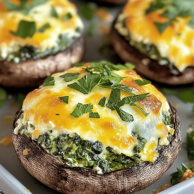 - 12 large portobello mushrooms, stems removed - 1 cup fresh spinach, chopped - 1 cup cream cheese, softened - 1/2 cup ricotta cheese - 1/2 cup grated Parmesan cheese - 1/2 cup shredded mozzarella cheese - 2 cloves garlic, minced - 1/4 teaspoon red pepper flakes (optional) - Salt and pepper to taste - 2 tablespoons olive oil - Fresh parsley, chopped (for garnish) Gathering the right ingredients is key to making cheesy spinach stuffed mushrooms. First, you need portobello mushrooms. They are large and have a nice shape for stuffing. Next, fresh spinach adds a great taste and bright color. Cream cheese gives the filling its rich, creamy texture. Ricotta cheese adds a lightness. Parmesan cheese gives a salty bite, while mozzarella melts beautifully on top. For flavor, minced garlic is essential. It boosts the taste of the filling. Red pepper flakes add a hint of heat, but they are optional. Salt and pepper balance all the flavors. Olive oil helps with cooking and adds richness. Lastly, fresh parsley makes a lovely garnish, adding color and freshness. With these ingredients, you will create a tasty and satisfying dish. Start by preheating your oven to 375°F (190°C). This step is key for a perfect bake. Next, you’ll clean the portobello mushrooms. Gently wipe them with a damp cloth to remove dirt. Remove the stems carefully; you will fill the caps later. Brush the mushrooms with olive oil on both sides. This adds flavor and helps them cook evenly. In a large skillet, heat 1 tablespoon of olive oil over medium heat. Add two cloves of minced garlic and sauté for about one minute. You want the garlic to smell great but not burn. Then, add 1 cup of chopped fresh spinach. Cook until it wilts, which takes about 2 to 3 minutes. Season it with salt and pepper. If you like a kick, sprinkle in some red pepper flakes. Once cooked, let the spinach mix cool slightly. In a bowl, combine 1 cup of softened cream cheese, 1/2 cup of ricotta cheese, and 1/2 cup of grated Parmesan cheese. Stir until it’s creamy. Then, fold in half of the shredded mozzarella cheese. Finally, add the cooled spinach mix to this cheese blend and mix well. Now, it’s time to fill the mushroom caps! Spoon the cheese and spinach mixture into each cap generously. Don’t be shy with the filling. Top each stuffed mushroom with the remaining shredded mozzarella cheese. Place the filled mushrooms on a baking sheet, cavity side up. Bake them in your preheated oven for 20 to 25 minutes. You’ll know they’re done when the mushrooms are tender and the cheese is melted and bubbly. Once baked, remove them from the oven and let them cool for a few minutes. Garnish with chopped fresh parsley for a nice touch before serving. Enjoy this delicious treat! To make your cheesy spinach stuffed mushrooms burst with flavor, use fresh herbs. I recommend adding chopped fresh parsley or basil. These herbs add a nice touch to your dish. For seasoning, try adding a pinch of garlic powder or onion powder. You can also use a squeeze of lemon juice for brightness. This will lift the flavors and make them more vibrant. You can prep these stuffed mushrooms ahead of time. Start by making the filling. Store it in the fridge for up to two days. When ready to bake, just stuff the mushrooms and pop them in the oven. This saves time and makes your cooking stress-free. If you want to freeze them, stuff the mushrooms but don’t bake them. Wrap them well and store. When you’re ready to eat, bake from frozen. You may need to add a few extra minutes to the cooking time. For a crispy top, use a mix of cheeses. The mozzarella will melt nicely, while the Parmesan gives a crunchy finish. Brush the mushrooms with olive oil for added crispiness. This helps create a golden-brown top while baking. Bake at 375°F (190°C) for 20-25 minutes. Check for tenderness. The mushrooms should be soft, and the cheese should be bubbly. If you want an even crispier top, broil them for 1-2 minutes at the end. Just watch closely to avoid burning! {{image_2}} You can mix it up with different cheeses. Goat cheese adds a tangy kick, while feta brings a crumbly texture. Try using half a cup of either cheese in place of the cream cheese. This change gives the filling a whole new flavor. Both cheeses melt well, making the stuffing creamy and rich. Want to make your stuffed mushrooms heartier? Add some cooked bacon or sausage. Chop the meat into small pieces and mix it in with the cheese and spinach. This addition gives each bite a savory punch. You can use about one cup of cooked, crumbled bacon or sausage. It’s a great way to take your mushrooms to the next level! Spinach is great, but other veggies work well too. Kale or artichoke can be delicious substitutes. If you choose kale, make sure to chop it finely and sauté it until soft. Artichoke hearts can add a unique flavor. You can use about one cup of either veggie, just like with spinach. These options keep the dish fresh and exciting! To keep your cheesy spinach stuffed mushrooms fresh, store them in an airtight container. Place a piece of parchment paper between layers if you stack them. This helps avoid sogginess. You can store them in the fridge for up to three days. Make sure to let them cool completely before sealing the container. This way, they stay tasty and safe to eat. When it’s time to enjoy the leftovers, reheating them is simple. Preheat your oven to 350°F (175°C). Place the stuffed mushrooms on a baking sheet. Cover them with foil to keep them moist. Bake for about 10-15 minutes or until heated through. You can also use a microwave if you’re in a hurry. Heat them in short bursts to avoid overcooking. Aim for 30-second intervals until warm. You can freeze these stuffed mushrooms before or after baking. If freezing before baking, prepare them as normal but do not bake. Place them on a baking sheet and freeze until firm. Then, transfer them to a freezer bag. They will stay fresh for up to three months. If you freeze them after baking, let them cool first. Wrap them tightly in plastic wrap, then in foil. Reheat from frozen, adding a little time to the baking. Cheesy Spinach Stuffed Mushrooms last about three to four days in the fridge. Make sure they cool before you store them. Place them in an airtight container. This helps keep them fresh. If you want to enjoy them later, reheat them in the oven for best results. Yes, you can make Cheesy Spinach Stuffed Mushrooms without cream cheese. Try using ricotta cheese or goat cheese instead. These options will still give you a creamy texture. You can also add sour cream for extra flavor. Just keep the same ratios to maintain the filling's consistency. - Side dish suggestions: - A fresh salad pairs well with stuffed mushrooms. - Garlic bread adds a nice crunch. - Serve with roasted veggies for color and taste. - Ideal accompaniments: - A light dip, like ranch or tzatziki, can enhance the meal. - Pair with a crisp white wine, like Sauvignon Blanc. - A simple pasta dish can create a full meal. We covered an easy and tasty recipe for Cheesy Spinach Stuffed Mushrooms. You learned about the key ingredients, like mushrooms and different cheeses. I shared step-by-step instructions, tips for better flavor, and how to make these ahead of time. You can even customize them with different cheeses and meats. Finally, we discussed how to store leftovers and reheat them. Enjoying this dish is simple, and it packs a flavorful punch for any meal. Make it, share it, and enjoy the smiles it brings!