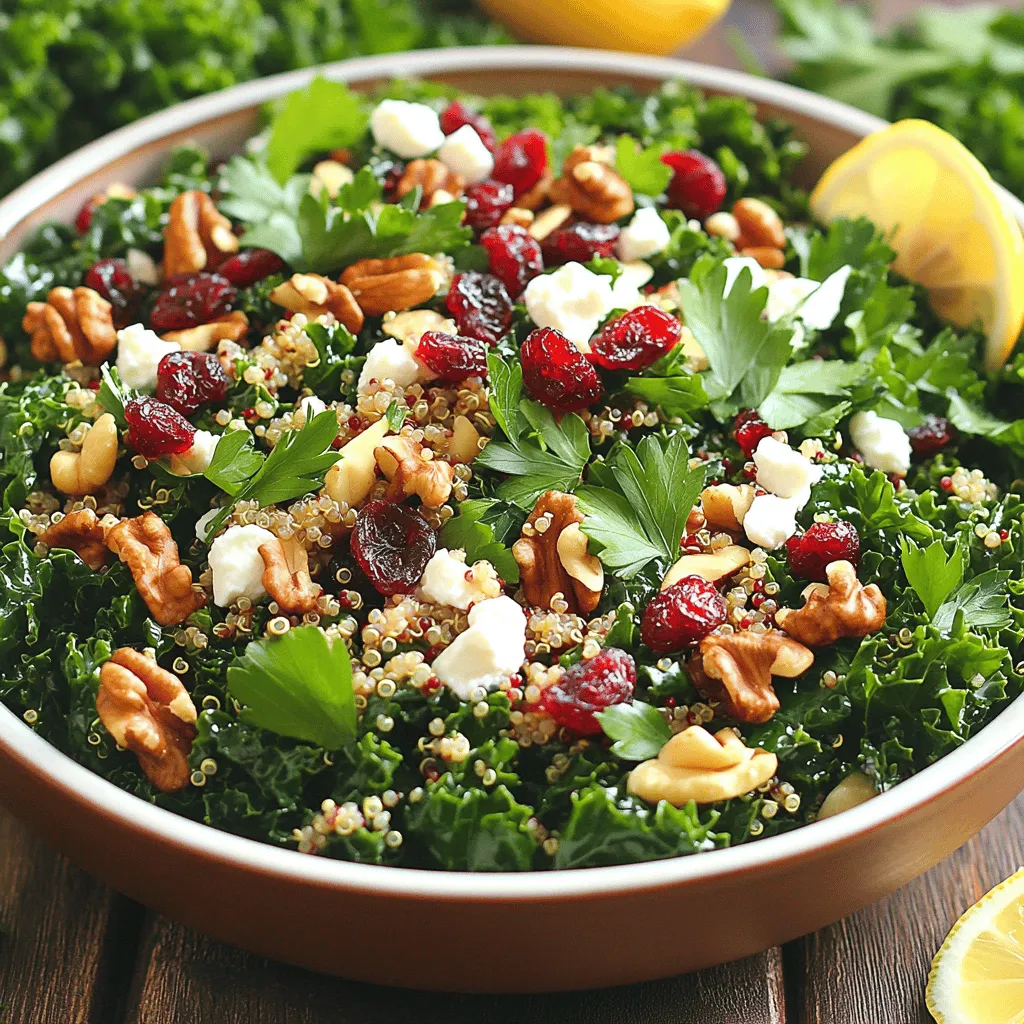 - 1 cup quinoa, rinsed - 2 cups water or vegetable broth - 4 cups kale, stems removed and chopped - 1/2 cup dried cranberries - 1/3 cup chopped walnuts (toasted if desired) - 1/2 cup feta cheese, crumbled (optional) - 1/4 cup red onion, finely chopped - 1/4 cup olive oil - 2 tablespoons apple cider vinegar - 1 tablespoon maple syrup - Salt and pepper to taste The ingredients in this salad bring together great flavors and textures. Quinoa serves as the base, providing a nutty taste and a light, fluffy texture. It is a complete protein, meaning it has all nine essential amino acids. Quinoa also adds fiber, which is great for digestion and keeps you feeling full. Kale is the leafy green star of this dish. It has a crunchy texture and a slightly bitter taste that balances the sweetness of cranberries. Kale is rich in vitamins A, C, and K, along with antioxidants. This makes it a fantastic addition for a healthy diet. Dried cranberries add a sweet and tangy kick. They not only taste great but also provide vitamins and minerals. Walnuts bring crunch and healthy fats, while feta cheese offers a creamy element, if you choose to add it. The red onion gives a mild zing and helps enhance the overall flavor. Lastly, the dressing combines olive oil, apple cider vinegar, maple syrup, and spices. This mix ties all the ingredients together, creating a fresh, vibrant salad. Adjust the salt and pepper to your taste for the perfect finish. To cook quinoa, use a 2:1 ratio of water to quinoa. For this recipe, you need 1 cup of quinoa and 2 cups of water or broth. First, rinse the quinoa under cold water. This removes any bitterness. Next, bring the water or broth to a boil in a medium saucepan. Add the rinsed quinoa, then lower the heat. Cover the pot and let it simmer for 15 minutes. When done, all the liquid should be absorbed. Fluff the quinoa with a fork and let it cool. Start by removing the stems from the kale. The stems can be tough and bitter. Chop the kale into small pieces for easier eating. Place the chopped kale in a large bowl. Drizzle a little olive oil over the leaves. Now, massage the kale for 2-3 minutes. This makes the leaves tender and helps the flavor shine through. In the bowl with the massaged kale, add the cooked quinoa, dried cranberries, and chopped walnuts. If you like, you can include feta cheese for a creamy touch. Also, add half of the chopped red onion. Sprinkle some salt and pepper on top. Gently mix all the ingredients together. This ensures every bite is packed with flavor. For the dressing, you need olive oil, apple cider vinegar, maple syrup, and some salt and pepper. In a small bowl or jar, combine these ingredients. Whisk or shake them well until mixed. The dressing should taste sweet and tangy. Adjust the seasoning to match your preference. Once the salad is mixed, pour the dressing over it. Toss everything gently to coat all the ingredients. Taste the salad and see if it needs more salt, pepper, or even a splash of lemon juice. To serve, let the salad sit for about 10 minutes. This helps the flavors blend. Present it in a large bowl or on individual plates. You can garnish with extra walnuts and cranberries for a colorful look. A sprig of parsley or a lemon wedge adds a nice touch too. - Choosing high-quality quinoa: Always pick organic quinoa. It is fresher and has a better taste. Look for grains that are small and uniform in size. This helps them cook evenly and stay fluffy. - Tips for toasting walnuts: To toast walnuts, heat a pan over medium heat. Add the walnuts without oil. Stir often for about 5 minutes. Keep an eye on them; they can burn fast. Toasting brings out their rich flavor and adds crunch to your salad. - Preparing components in advance: Cook the quinoa and chop the kale a day before. This saves time and allows flavors to blend. Store them in separate containers in the fridge. This way, they stay fresh. - Storing ingredients separately until serving: Keep the dressing in a jar and the salad components in separate bowls. This prevents sogginess. Combine them right before serving for the best texture. - Plate presentation ideas: Serve the salad in a large, colorful bowl. For individual servings, use small plates. Top with extra walnuts and cranberries for a pop of color. - Pairing with proteins or additional sides: This salad pairs well with grilled chicken, shrimp, or tofu. You can also serve it with crusty bread or a light soup for a complete meal. {{image_2}} You can change the greens and nuts in this salad. If you want alternative greens, try spinach or arugula. Both add a fresh taste. For nuts, use pecans or almonds instead of walnuts. These swaps keep the salad exciting. You can also make this dish vegan or dairy-free. Skip the feta cheese or use a vegan cheese alternative. This option keeps the salad tasty and friendly for all diets. To boost the flavor, add fruits like orange or apple slices. These fruits add a sweet and juicy touch. You can also mix in spices. Try cumin or smoked paprika for a warm kick. Different dressings can change the salad’s taste. A lemon vinaigrette or honey mustard dressing could work well. Experiment to find your favorite flavor combo. Adjust this salad based on the season. In spring, add fresh peas or asparagus. Summer is great for cherry tomatoes or cucumbers. For fall, try roasted sweet potatoes or apples. Winter calls for hearty greens like collard or Swiss chard. Using seasonal ingredients makes every bite fresh and fun! To keep your quinoa cranberry kale salad fresh, store it in an airtight container. Make sure the container is clean and dry. Place your salad in the fridge right after making it. This will help keep the ingredients crisp and flavorful. If you have leftovers, do not let them sit out too long. Your salad will stay fresh in the fridge for about 3 to 5 days. After that, the kale may wilt and the flavors might fade. Always check for any signs of spoilage before eating. If the salad looks or smells off, it's better to toss it. I do not recommend freezing quinoa salad. The texture of the kale and other fresh ingredients will change when thawed. If you want to freeze it, consider leaving out the kale. You can freeze the quinoa, cranberries, and walnuts. When ready to eat, just mix them with fresh kale and dressing. To make quinoa fluffy, rinse it well before cooking. Rinsing removes the bitter coating called saponin. Use a ratio of 2 cups of water for every 1 cup of quinoa. Bring the water to a boil, then lower the heat. Cover and simmer for 15 minutes until all the water is gone. After cooking, fluff it gently with a fork. This helps separate the grains and keeps quinoa light and airy. Yes, you can use other grains like farro or bulgur. Both grains have a nice texture and add flavor. Farro gives a chewy bite, while bulgur cooks quickly and is soft. Adjust the cooking time and water ratio based on the grain you choose. This way, you can create a salad that fits your taste and needs. This salad is great for meal prep. You can prepare the quinoa and kale in advance. Store them separately until you are ready to eat. Keep the dressing in a jar to add when serving. This keeps the salad fresh and crunchy. It lasts about 3 to 5 days in the fridge. Just make sure to check for any spoilage before eating. You can pair this salad with grilled chicken, fish, or tofu for protein. It also goes well with crusty bread or a light soup. If you want a snack, try it with hummus and veggies. This makes a full meal that is healthy and satisfying. The options are endless, so mix and match to fit your taste. To add heat, you can mix in some diced jalapeños or red pepper flakes. A pinch of cayenne pepper in the dressing works well too. You could also drizzle some hot sauce over the top just before serving. This adds a nice kick without overpowering the other flavors. Enjoy experimenting to find your perfect spice level! This blog post covered how to make a delicious quinoa cranberry kale salad. You learned about the key ingredients and their health benefits, along with step-by-step instructions for cooking. I shared tips for making the best salad and ways to store it for later use. Remember, mixing in seasonal ingredients can enhance flavors. Now, you have the knowledge to create a tasty, healthy meal. Enjoy experimenting with variations to fit your taste! You can make this salad your own and delight in every bite.