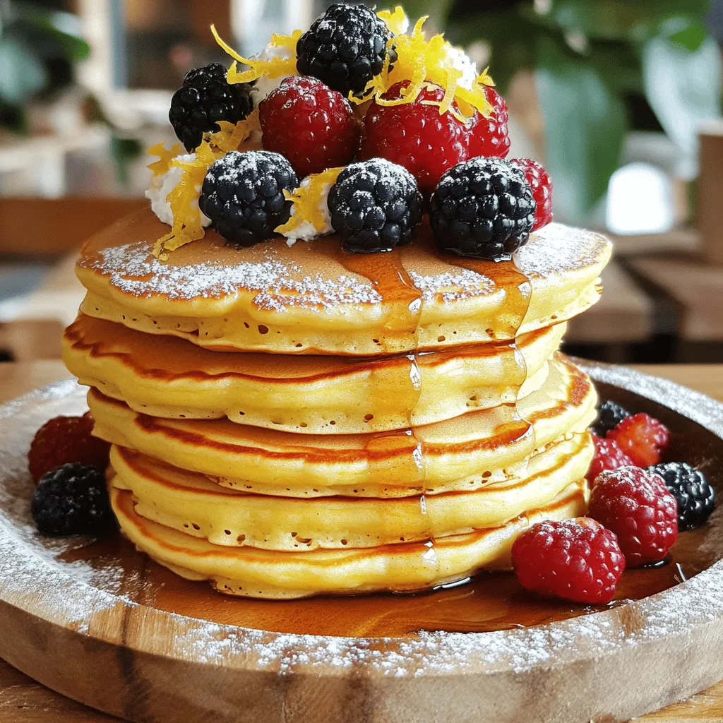 - 1 cup ricotta cheese - 1 cup all-purpose flour - 1 tablespoon baking powder - 1/4 teaspoon salt - 3 large eggs - 1/2 cup milk - Zest of 1 lemon - 2 tablespoons lemon juice - 2 tablespoons sugar - 1 teaspoon vanilla extract - Butter or oil for cooking - Powdered sugar and fresh berries for serving These ingredients make a delightful mix for lemon ricotta pancakes. I love using fresh ricotta cheese. It adds a creamy texture and a rich flavor. The lemon zest and juice give a bright taste that wakes up your palate. Using baking powder is key. It helps the pancakes rise and stay fluffy. The sugar adds sweetness, but you can adjust it to your taste. Make sure your eggs are large for the best results. They help bind the mixture together and add moisture. Milk keeps the batter smooth and easy to pour. For cooking, I recommend butter or oil for a nice golden crust. Top with powdered sugar and fresh berries for a pretty finish. This simple list creates a delicious breakfast treat you'll want to make again and again. Start by grabbing a large mixing bowl. In this bowl, you will whisk together these key ingredients: - 1 cup ricotta cheese - 3 large eggs - 1/2 cup milk - Zest of 1 lemon - 2 tablespoons lemon juice - 2 tablespoons sugar - 1 teaspoon vanilla extract Mix everything well until it is smooth. This blend of ingredients gives your pancakes a creamy texture and a bright lemon flavor. In a separate bowl, mix the dry ingredients. You will need: - 1 cup all-purpose flour - 1 tablespoon baking powder - 1/4 teaspoon salt Stir these together until they are well combined. This step helps ensure that the baking powder and salt spread evenly in the batter. Now, it's time to bring it all together. Gradually fold the dry ingredients into the wet mixture. Be gentle; you want to keep some lumps in the batter. Overmixing can make your pancakes dense. Heat a non-stick skillet or griddle over medium heat. Lightly grease it with butter or oil. Pour about 1/4 cup of batter for each pancake onto the skillet. Cook for about 3-4 minutes on one side. Look for bubbles forming on the surface and edges that look set. Flip the pancakes and cook for another 2-3 minutes. They should be golden brown and fully cooked. Transfer the pancakes to a plate and keep them warm. Repeat the cooking process with the rest of the batter. Enjoy your light and fluffy lemon ricotta pancakes! To make your lemon ricotta pancakes fluffy, avoid overmixing. Mix just until the dry and wet ingredients blend. Some lumps are okay; they help keep the pancakes airy. If you stir too much, the pancakes can become dense and tough. Let the batter rest for a few minutes. This helps the baking powder activate and adds to the fluffiness. For the perfect cook, heat your skillet to medium. If it’s too hot, the pancakes can burn. If it’s too cool, they might not cook evenly. Grease your skillet lightly with butter or oil. This keeps the pancakes from sticking and helps them brown nicely. Use about 1/4 cup of batter for each pancake. This size cooks evenly and gives a nice thickness. To make your pancakes look great, stack them high on a plate. Dust with powdered sugar for a sweet touch. Add fresh berries on top for color and flavor. A drizzle of maple syrup adds sweetness and ties everything together. You can also serve them with yogurt for a creamy contrast. Enjoy every bite of this delicious treat! {{image_2}} You can change up your lemon ricotta pancakes easily! Try adding blueberries for a burst of sweetness. Just fold in about a cup of fresh or frozen blueberries into the batter. For a unique twist, add poppy seeds. About two tablespoons will add a lovely crunch and flavor. You can also experiment with other citrus flavors. Try orange zest for a bright taste or lime for a refreshing kick. Mixing flavors makes breakfast fun and exciting! If you need gluten-free pancakes, swap the all-purpose flour for a gluten-free blend. Many brands offer good mixes that work well. For dairy-free diets, use a plant-based ricotta or silken tofu blended until smooth. Substitute milk with almond or oat milk. These swaps keep the pancakes light while meeting your dietary needs. Cooking should be enjoyable for everyone, so feel free to modify the recipe to fit your lifestyle! These pancakes are not just for breakfast! Serve them as a delightful brunch dish with a side of crispy bacon. You can also dress them up as a dessert. Top with whipped cream, chocolate sauce, or fresh fruit. Stack them high on a plate and dust with powdered sugar for a beautiful presentation. You can even layer them with yogurt and berries for a fun parfait! Let your creativity shine when serving these pancakes! To keep your lemon ricotta pancakes fresh, store them properly. Let the pancakes cool completely. Then, stack them with parchment paper between each cake. This step prevents sticking. Place the stack in an airtight container. You can also wrap them tightly in plastic wrap. For longer storage, freeze them. Use a freezer-safe bag or container to avoid freezer burn. To reheat pancakes, use the oven or a skillet. If using the oven, preheat it to 350°F (175°C). Place pancakes on a baking sheet and cover them with foil. Heat for about 10 minutes. If you prefer the skillet, warm it over medium heat. Add a touch of butter or oil. Place the pancakes in the skillet for 2 to 3 minutes on each side. This keeps them fluffy and delicious. When stored in the fridge, lemon ricotta pancakes last about 3 to 4 days. If you freeze them, they can last up to 2 months. For the best taste, eat them sooner rather than later. Always check for any signs of spoilage before enjoying. Yes, you can use whole wheat flour. It adds a nutty flavor. However, the pancakes may be denser. For best results, try a mix of both flours. This will keep them light and fluffy. You can make the batter ahead of time. Store it in the fridge for up to 24 hours. Just stir it well before cooking. You can also cook the pancakes and store them in the fridge. Reheat them in a toaster or microwave. Look for bubbles on the surface of the pancakes. When they pop, it’s time to flip them. The edges should look set. Cook until golden brown on both sides. Yes, you can use cottage cheese or cream cheese. Both will change the taste slightly. Make sure to blend them well to keep the texture smooth. Use a non-stick skillet or griddle. Lightly grease it with butter or oil. Heat it to medium before adding the batter. This keeps the pancakes from sticking and helps them cook evenly. You learned about making delicious, fluffy pancakes using simple ingredients. We covered mixing wet and dry ingredients, cooking tips, and serving suggestions. I also shared ways to adapt the recipe for your needs, like gluten-free options or new flavors. Now, you have the tools to create tasty pancakes. Enjoy experimenting with different variations and toppings. Your pancake game will impress family and friends. Try your hand at these recipes, and enjoy the results!