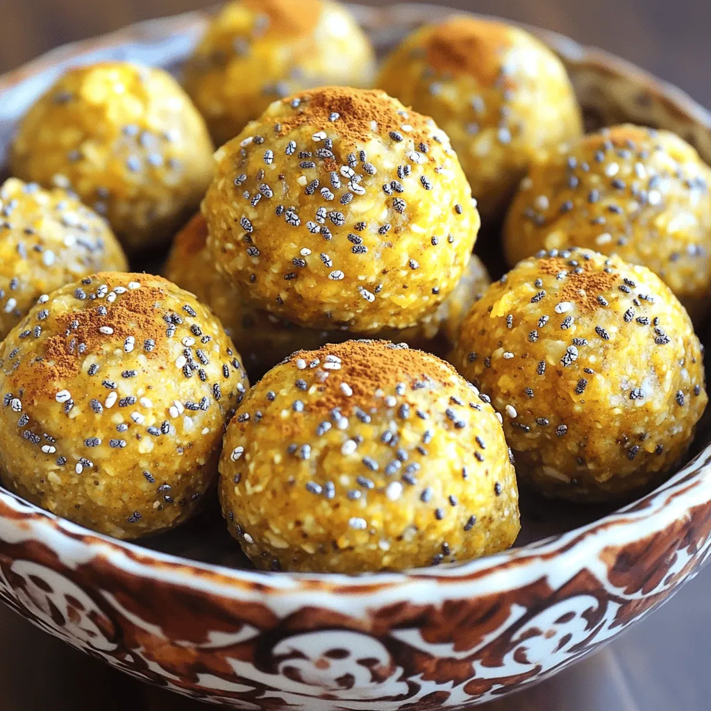 - 1 cup rolled oats - 1 cup almond butter (or any nut butter of choice) - 1/2 cup pumpkin puree - 1/4 cup honey or maple syrup - 1 teaspoon pumpkin pie spice - 1/2 teaspoon cinnamon - 1/4 teaspoon nutmeg - 1/4 teaspoon salt - 1/2 cup chia seeds or flaxseeds - 1/2 cup mini chocolate chips or dried cranberries (optional) These ingredients make a tasty and healthy snack. Each one plays a big role in flavor and nutrition. Rolled oats provide fiber and help keep you full. They give the bites a nice chewy texture. Almond butter adds healthy fats and protein. You can use any nut butter you like. Pumpkin puree brings a rich flavor and is packed with vitamins. It also gives these bites their signature fall taste. Honey or maple syrup sweetens the bites naturally. Both options work well, but honey has a stronger flavor. Pumpkin pie spice, cinnamon, and nutmeg create that warm, cozy taste we love in fall. Salt balances the sweetness, making the flavors pop. Chia seeds or flaxseeds add crunch and are great for your health. They offer omega-3 fatty acids and fiber. You can also mix in mini chocolate chips or dried cranberries. These add extra sweetness and make the bites extra fun. Gather these ingredients, and you’re ready to whip up a batch of pumpkin spice energy bites! - In a large mixing bowl, combine: - 1 cup rolled oats - 1 cup almond butter (or any nut butter of choice) - 1/2 cup pumpkin puree - 1/4 cup honey or maple syrup Mix well until everything blends smoothly. - Next, add the spices: - 1 teaspoon pumpkin pie spice - 1/2 teaspoon cinnamon - 1/4 teaspoon nutmeg - 1/4 teaspoon salt Stir again to spread the spices evenly. The aroma will be fantastic! - Now, fold in: - 1/2 cup chia seeds or flaxseeds - 1/2 cup mini chocolate chips or dried cranberries (optional) These add fun flavors and textures to your bites. - Cover the mixture and refrigerate for about 30 minutes. This helps it firm up, making shaping easier. - After chilling, scoop out tablespoon-sized portions. Roll them into small balls with your hands. - For an extra touch, roll some bites in additional chia seeds or shredded coconut. This gives them a nice coating. - Once all bites are rolled, place them in the fridge for another hour. This helps them set and hold their shape. You can make pumpkin spice energy bites your own with a few swaps. - Substituting nut butters: Almond butter works well, but any nut butter is fine. Try peanut butter for a richer taste. Sunflower seed butter is a great nut-free option. - Alternative sweeteners: Honey is tasty, but maple syrup adds a unique flavor. You can also use agave nectar or date syrup for a different sweetness. Presenting your energy bites can be fun and creative. - Serving suggestions: Use a small bowl or jar to show off your bites. This makes a great snack for parties or gatherings. - Garnishing ideas: Sprinkle extra pumpkin spice on top for a festive look. You can also add a few chocolate chips on the side for a treat. Making these bites in advance saves time and effort. - Best practices for prepping in advance: Mix the ingredients and shape them into balls ahead of time. Store them in the fridge for easy snacking. You can prepare them up to a week ahead. Just keep them in an airtight container to stay fresh. {{image_2}} You can change the flavor of your pumpkin spice energy bites easily. Try using other spice blends like ginger or cardamom. These spices add warmth and depth. You can also swap nut butters. Almond butter is tasty, but peanut or cashew butter works too. Each nut butter gives a different twist to the bites. To add crunch, consider mixing in some nuts or seeds. Sliced almonds or walnuts are great choices. You can also add dried fruits like raisins or cranberries. They provide extra sweetness and chewiness. Both options enhance the bites' texture and keep things exciting. If you need vegan or gluten-free options, it's simple to adjust. Substitute honey with maple syrup for a vegan choice. For gluten-free bites, make sure to use certified gluten-free oats. This way, you can enjoy these snacks without worry. Adjusting ingredients makes these energy bites fit many diets. To keep your pumpkin spice energy bites fresh, store them in the fridge. Use an airtight container to prevent them from drying out. If you want to keep them longer, you can freeze them. Place them in a freezer bag, and remove as much air as possible. This helps to keep the bites fresh for later. How long do they last in the fridge? In the fridge, these bites last about one week. If you freeze them, they can stay good for three months. Look for signs of spoilage. If you see any mold or if they smell off, it’s best to toss them. For portion control, one to two bites make a great snack. This helps you enjoy the taste without overdoing it. You can also pack a few bites for lunch or after workouts. To make these energy bites vegan, simply swap almond butter for a seed butter like sunflower seed butter. Use maple syrup instead of honey. This way, you keep the flavor while making it plant-based. Yes, you can use instant oats. They will change the texture slightly. Instant oats may make the bites softer and chewier. If you prefer a firmer bite, stick with rolled oats. You know the energy bites are ready when they are firm and hold their shape. After shaping them, chill the bites in the fridge for one hour. This helps them set well. The ingredients offer many health benefits: - Rolled oats provide fiber and energy. - Almond butter is rich in healthy fats and protein. - Pumpkin puree is full of vitamins like A and C. - Chia seeds give you omega-3 fatty acids and antioxidants. These ingredients make for a nutritious snack. Yes, you can make these bites nut-free. Substitute almond butter with sunflower seed butter or pumpkin seed butter. This keeps the recipe tasty and safe for those with nut allergies. These pumpkin spice energy bites are simple and fun to make. We covered the key ingredients, like rolled oats and pumpkin puree, and the steps to create them. I shared tips for customization, storage, and serving ideas to help you enjoy these bites anytime. With their rich flavors and health benefits, these energy bites fit into various diets. Get creative and make them your own. Now, gather your ingredients and start making these tasty treats!