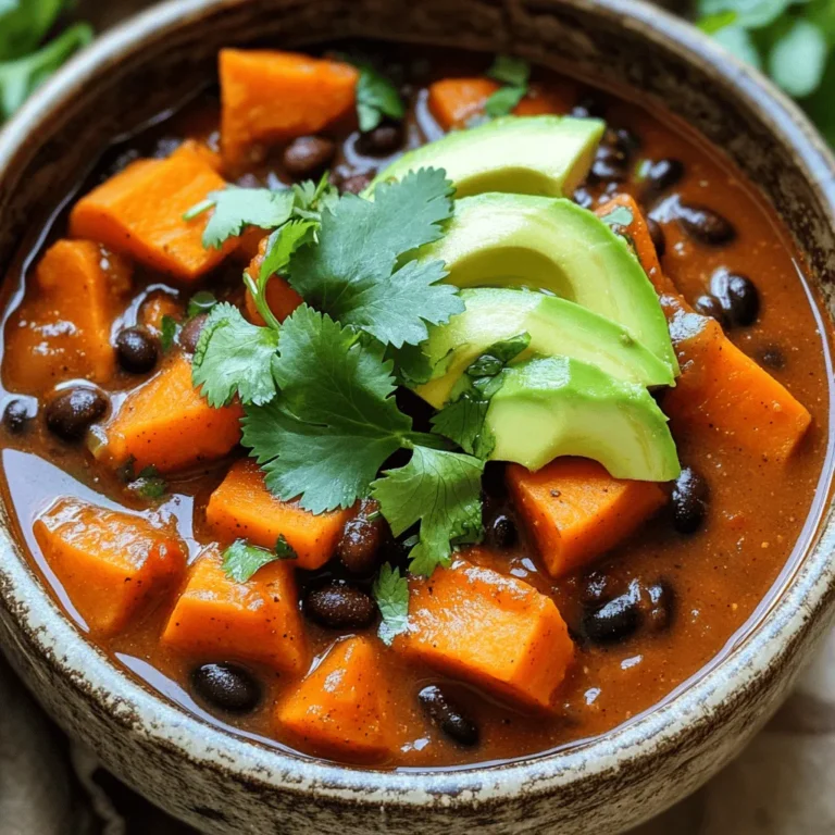 To create Sweet Potato Black Bean Chili, you will need: - 2 medium sweet potatoes, peeled and diced - 1 can (15 oz) black beans, rinsed and drained - 1 can (14 oz) diced tomatoes with green chilies - 1 cup vegetable broth - 1 red bell pepper, diced - 1 yellow onion, finely chopped - 2 cloves garlic, minced - 2 tablespoons chili powder - 1 teaspoon cumin - 1 teaspoon smoked paprika - Salt and pepper to taste - 1 tablespoon olive oil - Fresh cilantro for garnish - Avocado slices for serving (optional) Feel free to make this chili your own. Consider adding: - Corn for sweetness and crunch - Jalapeños for heat - Zucchini or spinach for extra veggies - A squeeze of lime for brightness - Cheese for creaminess (if desired) Each serving of this chili is packed with nutrients. Here is the approximate breakdown: - Calories: 300 - Protein: 12g - Fat: 7g - Carbohydrates: 50g - Fiber: 12g - Sugars: 5g This chili offers a hearty meal that is both filling and nutritious. Enjoy the flavors and feel good knowing you are eating something wholesome! You can make Sweet Potato Black Bean Chili in just a few simple steps. Start with fresh ingredients. Gather your sweet potatoes, black beans, tomatoes, and spices. This dish takes about 15 minutes to prep and 45 minutes to cook. It serves four and is perfect for a cozy meal. 1. Heat the Olive Oil: In a large pot, heat one tablespoon of olive oil over medium heat. 2. Sauté Vegetables: Add one chopped onion and one diced red bell pepper. Cook for about five minutes until the onion looks clear. Then, add two minced garlic cloves and cook for one more minute. 3. Add Sweet Potatoes: Stir in two medium diced sweet potatoes. Cook for five minutes, stirring now and then. 4. Incorporate Spices: Sprinkle in two tablespoons of chili powder, one teaspoon of cumin, one teaspoon of smoked paprika, plus salt and pepper to taste. Mix well to coat the veggies. 5. Combine Remaining Ingredients: Pour in one can of diced tomatoes with juices, one can of rinsed black beans, and one cup of vegetable broth. Stir to blend all the flavors. 6. Simmer the Chili: Bring the mix to a boil. Then, reduce the heat and cover. Let it simmer for about 25 to 30 minutes until the sweet potatoes are soft. Stir occasionally. 7. Adjust Seasoning: Taste the chili and adjust the seasoning. Add more salt or spices if needed. 8. Garnish and Serve: Spoon the chili into bowls. Top with fresh cilantro and optional avocado slices for extra creaminess. To get a great texture, cut the sweet potatoes into even pieces. This helps them cook at the same rate. Stirring occasionally prevents the chili from sticking to the pot. If you want a thicker chili, let it simmer longer without the lid. For a thinner chili, add more broth or water. Enjoy your delicious, hearty meal! To make your sweet potato black bean chili shine, start with fresh ingredients. Use ripe tomatoes and crisp bell peppers. When you sauté the onion and peppers, let them cook until they are soft. This step builds a sweet base. Add garlic last to keep its strong flavor. Don't rush the spices; let them toast for a minute. This will make your chili taste richer. One common mistake is adding all the ingredients at once. Layer them to build flavors. Make sure to rinse your black beans to remove excess salt. Avoid overcooking the sweet potatoes; they should be tender but not mushy. Taste your chili before serving. Adjust the seasoning if it needs more salt or spice. This will ensure each bowl is perfect. Serve your chili hot, topped with fresh cilantro. Add avocado slices for creaminess. A sprinkle of lime juice brightens the dish. Pair it with crusty bread or warm tortillas. You can also serve it over rice for a heartier meal. This chili is great for lunch the next day and tastes even better after resting! {{image_2}} You can boost protein in your chili with simple additions. Tofu works great. Just cube firm tofu and add it when you toss in the sweet potatoes. You can also use seitan, a wheat-based protein. It adds a nice chewy texture. Add either about 1 cup for a hearty meal. If you love heat, add more chili powder or diced jalapeños. You can also try a dash of hot sauce. For a milder chili, use less chili powder and skip the spicy peppers. You can always serve hot sauce on the side. This lets everyone adjust the heat to their taste. Serve your chili with delicious sides. Cornbread goes well and adds a sweet touch. Rice is another great option. It soaks up the chili’s flavors. You can also serve it with a fresh salad. This adds crunch and balances the meal. Don't forget some avocado slices on top for creaminess! To store your leftover Sweet Potato Black Bean Chili, let it cool first. Then, place it in an airtight container. Make sure to use a container that seals well. Store it in the fridge for up to 4 days. If you want to keep it longer, freezing is a great option. When you’re ready to enjoy your chili again, take it out of the fridge. You can reheat it on the stove or in the microwave. On the stove, heat it over medium heat. Stir it often to avoid burning. In the microwave, use a microwave-safe bowl and heat it for 1-2 minutes. Stir halfway through to ensure even warming. To freeze your chili, use a freezer-safe container. Leave some space at the top to allow for expansion as it freezes. It can last for about 3 months in the freezer. When you’re ready to eat it, thaw it in the fridge overnight. After thawing, reheat it as described above. Yes, you can make Sweet Potato Black Bean Chili in a slow cooker. Just follow these steps: - Sauté the onion, bell pepper, and garlic in a pan. - Then, add them to the slow cooker along with the sweet potatoes, black beans, diced tomatoes, and spices. - Pour in the vegetable broth. - Cook on low for 6 to 8 hours or on high for 3 to 4 hours. This method makes the chili even richer in flavor as it simmers slowly. If you do not have sweet potatoes, you can use regular potatoes or butternut squash. Both options will change the taste slightly, but they will still work well. You can also try using carrots for a different texture and sweetness. Make sure to adjust cooking times based on what you choose, as different veggies cook at different rates. Yes, Sweet Potato Black Bean Chili is gluten-free. All the ingredients in this recipe, like beans, vegetables, and spices, do not contain gluten. Just ensure that any canned goods you use, like the black beans and tomatoes, are labeled gluten-free. This chili is a great choice for those who need to avoid gluten while still enjoying a hearty meal. In this post, we discussed the key ingredients for Sweet Potato Black Bean Chili and how to prepare it. I shared step-by-step cooking instructions and tips for the best texture. You learned about various ways to customize the dish and how to store it properly afterward. Remember, cooking is about experimenting and having fun. Enjoy your chili, whether spicy or mild, and explore different protein options. Don't hesitate to ask questions if you want to make it even better. Dive in and enjoy a bowl of this hearty chili!