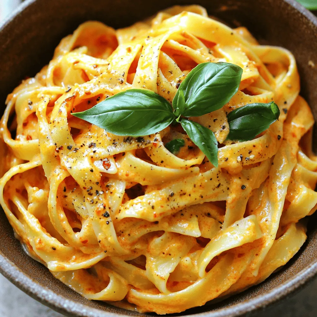 To make creamy roasted red pepper pasta, gather these items: - 12 oz pasta (fettuccine or penne) - 2 large red bell peppers, roasted and peeled - 1/2 cup heavy cream - 2 cloves garlic, minced - 1/4 cup grated parmesan cheese - 2 tablespoons olive oil - 1 teaspoon smoked paprika - Salt and pepper to taste - Fresh basil leaves, for garnish If you need to swap some ingredients, here are some ideas: - Use whole wheat pasta for a healthier option. - Swap heavy cream with coconut cream for a dairy-free version. - Try nutritional yeast instead of parmesan for a vegan touch. - Use garlic powder if you don’t have fresh garlic. - For a smoky flavor, you can use regular paprika instead of smoked. This dish is creamy and rich, but it can fit various diets with tweaks: - It can be made gluten-free by using gluten-free pasta. - For vegans, use plant-based cream and nutritional yeast. - The recipe is high in carbs and fats, so adjust your portion size as needed. - Always check labels to ensure no hidden allergens in your substitutes. Start by roasting the red bell peppers. Preheat your oven to 450°F (230°C). Place the whole peppers on a baking sheet. Roast them for 20-25 minutes. Turn them occasionally until the skins look charred and blistered. Once done, take them out and put them in a bowl. Cover the bowl with plastic wrap for 10 minutes. This helps the skin come off easily. After steaming, peel the charred skin off. Remove the seeds and chop the peppers into small pieces. Next, cook the pasta. Use either fettuccine or penne. Boil water in a large pot and add salt. Cook the pasta following the package instructions until it is al dente. Before you drain it, save 1 cup of the pasta water. This water will help adjust the sauce later. After saving the water, drain the pasta and set it aside. Now, let’s make the creamy sauce. In a blender, combine the roasted red peppers, heavy cream, minced garlic, smoked paprika, salt, and pepper. Blend all the ingredients until smooth and creamy. This sauce will be rich and flavorful. It’s the star of the dish. Heat olive oil in a large skillet over medium heat. Pour in the red pepper mixture. Cook it for about 5-7 minutes while stirring occasionally. This step allows the flavors to blend nicely. Next, add the cooked pasta to the skillet. Toss the pasta gently to coat it in the creamy sauce. If the sauce seems too thick, add some of that reserved pasta water a little at a time. Stir in grated parmesan cheese until it melts and combines well. Taste the dish and adjust the seasoning if needed. Serve it hot with fresh basil leaves on top for a nice touch. Roasting bell peppers adds a sweet and smoky taste. Here’s how to do it right: - Choose ripe peppers: Look for bright red, firm peppers. - Preheat your oven: Set it to 450°F (230°C) before you start. - Bake evenly: Place the whole peppers on a baking sheet. Turn them every few minutes. - Watch for char: Roast for 20-25 minutes until the skin blisters. - Steam after roasting: Cover them with plastic wrap for about 10 minutes. This makes peeling easier. A silky sauce is key to a great dish. Here’s how to get it: - Blend well: After roasting, chop the peppers. Mix them with cream and garlic in a blender. - Add pasta water: If the sauce is too thick, add a bit of reserved pasta water. This helps thin it out. - Stir in cheese: Grate parmesan and fold it into the sauce for a rich finish. Boost the taste of your dish with these tips: - Use fresh herbs: Basil or parsley adds brightness. - Add spices: A dash of smoked paprika gives depth. - Try garlic: Extra minced garlic can enhance flavor. - Add heat: Red pepper flakes can spice things up if you like. {{image_2}} To make this dish vegan, swap heavy cream with coconut cream or cashew cream. Use nutritional yeast instead of parmesan cheese. This keeps the creaminess but adds a nice nutty flavor. You can also add spinach or kale for extra greens. They bring both color and nutrition to the meal. For a gluten-free version, choose gluten-free pasta. Many brands make tasty options from rice or quinoa. Ensure any added ingredients, like broth or sauces, are also gluten-free. This way, you keep the flavors and textures just right without gluten. You can boost the protein in your pasta by adding cooked chicken or shrimp. For chicken, grill or sauté it in olive oil with spices. For shrimp, cook them until pink and tender. Toss the protein in when you combine the pasta with the sauce. This adds heartiness and makes the dish more filling. To store your creamy roasted red pepper pasta, let it cool first. Transfer it to an airtight container. Make sure to seal it well to keep the flavors fresh. You can store it in the fridge for up to three days. If you want to enjoy it later, freezing is a great option. When you're ready to eat your leftovers, reheat them gently. Place the pasta in a skillet over low heat. Add a splash of water or cream to help bring back the creamy texture. Stir often until it's warmed through. You can also use the microwave. Heat it in short bursts, stirring in between. If you want to freeze your creamy roasted red pepper pasta, portion it out first. Place the portions in freezer-safe bags. Squeeze out as much air as possible before sealing. This helps prevent freezer burn. You can keep it frozen for up to three months. When ready to eat, thaw it overnight in the fridge before reheating. Yes, you can use store-bought roasted red peppers. They save time and effort. Look for jars packed in water or oil. They often taste great and work well in this dish. Just rinse and chop them before blending. This option makes the recipe even easier. To add spice, use red pepper flakes or cayenne pepper. You can also include fresh chili peppers. Add them when you blend the roasted peppers. Start with a small amount and taste. Adjust to your heat preference. This lets you create your perfect spicy version. You can add many herbs to boost flavor. Fresh basil adds a nice touch. Try parsley or oregano for a different taste. Thyme or rosemary also work well. Add herbs when you combine the pasta with the sauce. This helps the flavors mix nicely. This blog post shared all the steps to make creamy roasted red pepper pasta. We covered the key ingredients, substitutes, and dietary notes. I provided clear steps for prepping and cooking. You learned tips to roast peppers and make a creamy sauce. We also explored fun variations, storage methods, and common questions. Cooking can be simple and exciting. Try this recipe and enjoy the flavors!