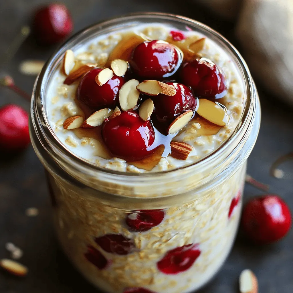 To make Cherry Almond Overnight Oats, gather these key ingredients: - 1 cup rolled oats - 1 ½ cups almond milk (or any milk of choice) - ½ cup Greek yogurt (plain or vanilla) - 1 cup pitted cherries, fresh or frozen - ¼ cup chopped almonds - 2 tablespoons maple syrup (adjust to taste) - 1 teaspoon vanilla extract - ½ teaspoon almond extract - A pinch of salt These ingredients create a creamy and tasty breakfast. The oats soak up the almond milk and yogurt overnight. Cherries add sweetness and color, while almonds give a nice crunch. You can add more fun to your oats with these toppings: - Sliced bananas - Extra cherries - Almond slivers - Chia seeds These toppings boost flavor and texture. Add them in the morning for a fresh twist. Feel free to swap ingredients if needed. Here are some ideas: - Use regular milk if you don't have almond milk. - Swap Greek yogurt for a dairy-free yogurt. - Try honey or agave syrup instead of maple syrup. - Use any nuts you like in place of almonds. These swaps keep the oats tasty while fitting your needs. Enjoy making it your own! To make cherry almond overnight oats, start by gathering your ingredients. You'll need rolled oats, almond milk, Greek yogurt, pitted cherries, chopped almonds, maple syrup, vanilla extract, almond extract, and a pinch of salt. 1. In a medium bowl or large mason jar, add the rolled oats. 2. Pour in 1 ½ cups of almond milk. 3. Add ½ cup of Greek yogurt to the mix. 4. Stir well until the oats are fully coated. This step is key for a smooth mixture. For a well-mixed bowl, add the maple syrup next. Then, pour in the vanilla and almond extracts. Don't forget the pinch of salt. Stir again until the mix is smooth and all flavors blend well. Next, gently fold in the pitted cherries and chopped almonds. Ensure they are evenly spread throughout the oats. This adds flavor and texture to every bite. After refrigerating for at least 4 hours or overnight, take the oats out. Stir the mixture well. If it feels too thick, add a splash of almond milk to thin it out. Serve the oats in bowls or jars. For an extra touch, top them with sliced bananas, more cherries, or almond slivers. This not only boosts flavor but also makes your dish look beautiful. Enjoy your tasty, healthy breakfast! To get that creamy texture, use rolled oats instead of quick oats. Rolled oats soak up more liquid and give a soft feel. Mix the oats with almond milk and Greek yogurt well. This helps them blend nicely. Let the mixture sit in the fridge for at least four hours. Overnight is best. The longer they sit, the creamier they get. If your oats turn thick, add a splash of almond milk in the morning. This keeps them smooth and easy to eat. You can adjust the sweetness to fit your taste. Start with two tablespoons of maple syrup. This adds a nice flavor but isn’t too sweet. Taste the mixture before you let it chill. If you want it sweeter, add more syrup. You can also try honey or agave syrup. Remember, the sweetness can change with toppings too. Fresh fruit like bananas or cherries can add natural sweetness as well. Almond milk is great for this recipe. It adds a nutty flavor. You can use sweetened or unsweetened almond milk. Sweetened milk gives extra flavor, while unsweetened keeps it light. If you don’t have almond milk, any milk works. Try oat milk or coconut milk for new flavors. To enhance the almond taste, use almond extract. It gives a nice boost that pairs well with cherries. {{image_2}} You can switch up the cherries with fruits that match the season. In spring, try strawberries or blueberries. In summer, peaches or raspberries work well. Fall offers apples and pears, while winter can feature dried fruits like cranberries. Always choose fruits that you enjoy. They add flavor and fun. If you need a nut-free version, leave out the almonds. You can add seeds like sunflower or pumpkin instead. These seeds provide crunch and nutrition. Sunflower seeds add a nice taste without nuts. You can also use nut-free milk options, like oat or coconut milk. To make this recipe vegan, swap the Greek yogurt for a plant-based yogurt. Almond milk is already vegan, so you’re good there. You can also use maple syrup as your sweetener. This keeps your oats tasty and plant-based. Make sure to check labels for dairy-free options. To store leftover cherry almond overnight oats, place them in an airtight container. This keeps the oats fresh and tasty. If you used a mason jar, simply seal it tightly. Keep the oats in the fridge for up to three days. Stir the oats before you eat them. You might need to add a splash of almond milk if they get thick. You can freeze these oats for later enjoyment. Use freezer-safe containers or jars. Fill them about three-quarters full to allow for expansion. Label each container with the date. Frozen cherry almond overnight oats last for about three months. To eat, thaw them in the fridge overnight. Then stir well before serving. Cherry almond overnight oats stay fresh for about three days in the fridge. The oats will soften and absorb flavors over time. To keep them fresh, avoid adding toppings until you are ready to eat. Store toppings like cherries and almonds separately. This way, your oats stay crunchy and bright. Yes, you can use rolled oats. Rolled oats work great in overnight oats. They soak up the liquid well and give a nice chewy texture. Instant oats may become too mushy. Stick with rolled oats for the best results. Cherry Almond Overnight Oats last about 3 to 5 days in the fridge. Make sure you store them in a sealed container. This keeps them fresh and tasty. You can make a batch at the start of the week. Enjoy a quick breakfast every morning! You can add many toppings! Here are some great ideas: - Sliced bananas - Extra cherries - Almond slivers - Chia seeds - Coconut flakes - Dried fruits Feel free to mix and match your favorites. Toppings add flavor and crunch! Cherry almond overnight oats are quick and easy to prepare. You learned about key ingredients, tasty toppings, and swaps for your oats. I shared step-by-step instructions to make the perfect bowl of oats. Tips for creamy texture and sweetness let you customize to your taste. We explored variations and smart storage methods to keep your oats fresh. In the end, enjoy experimenting with flavors to find your favorite oat combo. Healthy eating can be fun and delicious. Start your day right with these tasty oats!