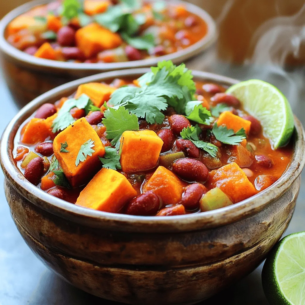 This vegan sweet potato chili shines with its main ingredients. You will need: - 2 medium sweet potatoes, peeled and diced - 1 can (15 oz) black beans, drained and rinsed - 1 can (15 oz) kidney beans, drained and rinsed - 1 can (28 oz) diced tomatoes (with juices) - 1 medium onion, diced - 2 cloves garlic, minced - 1 red bell pepper, diced - 2 tablespoons chili powder - 1 teaspoon cumin - 1 teaspoon smoked paprika - ½ teaspoon cayenne pepper (adjust to taste) - 2 cups vegetable broth - 1 tablespoon olive oil - Salt and pepper to taste - Fresh cilantro for garnish Using fresh produce brings out the best flavors. Sweet potatoes add natural sweetness and make the chili hearty. Fresh onions and bell peppers give it a nice crunch. Spices like chili powder and cumin create a warm, inviting aroma. You will also need some common pantry items. Here are the essentials: - Olive oil - Salt and pepper If you don't have black or kidney beans, feel free to swap in other beans like pinto or chickpeas. For spices, if you lack smoked paprika, regular paprika can work too. Just remember, substitutes may change the flavor a bit, but they'll still taste great! To make your meal even better, pair the chili with some tasty sides. Here are a few ideas: - Serve with warm, crusty bread for dipping. - Add a scoop of rice or quinoa for extra texture. - Top with avocado slices for creaminess. - Squeeze fresh lime juice over the chili for a zesty kick. - Garnish with fresh cilantro for a burst of flavor. These ideas will make your vegan sweet potato chili a hit at the dinner table! 1. Gather your ingredients: You need sweet potatoes, beans, tomatoes, onion, garlic, and spices. 2. Peel and dice: Peel the sweet potatoes and cut them into small cubes. This helps them cook evenly. 3. Rinse the beans: Open the cans of black and kidney beans. Drain and rinse them under cold water to remove extra salt. 4. Chop the veggies: Dice the onion and red bell pepper. Mince the garlic. This all helps with flavor. 5. Measure the spices: Get your chili powder, cumin, smoked paprika, and cayenne ready. This will save time later. 1. Heat the oil: In a large pot, heat the olive oil over medium heat. This helps to cook the veggies well. 2. Sauté the onion: Add the diced onion. Cook for about 5 minutes until it is soft and clear. 3. Add garlic and pepper: Stir in the garlic and red bell pepper. Cook for another 3 minutes. This adds great taste. 4. Mix in sweet potatoes: Add the diced sweet potatoes to the pot. Sprinkle the chili powder, cumin, smoked paprika, and cayenne on top. Stir well to coat them. 5. Pour in tomatoes and broth: Add the diced tomatoes (with juices) and vegetable broth. Bring this to a boil. 6. Add beans: Once boiling, add the black and kidney beans. Stir everything well to combine. 7. Simmer: Lower the heat and cover the pot. Let it simmer for 25-30 minutes. Stir occasionally. This allows the sweet potatoes to soften. 8. Season to taste: After 30 minutes, taste the chili. Add salt and pepper. If you want it spicier, add more cayenne. 1. Let it rest: Once cooked, remove the pot from heat. Let the chili sit for a few minutes. This helps the flavors blend well. 2. Serve it up: Spoon the chili into bowls. Garnish with fresh cilantro. A slice of lime on the side adds a nice touch. To boost the taste of your chili, adjust the spices. If you want more heat, add extra cayenne pepper. For a milder dish, reduce the cayenne. You can also play with chili powder brands. Each brand has its own flavor strength. Try adding lime juice to enhance the chili's brightness. A splash of vinegar can also add depth. Fresh herbs like cilantro can brighten the dish even more. Sautéing the onion well is key. It should become soft and clear. This brings out its natural sweetness. After adding garlic and bell pepper, stir often. This avoids burning and keeps flavors fresh. When you add the sweet potatoes, coat them in spices. This helps the flavors stick. When simmering, cover the pot to keep moisture in. Stir occasionally to prevent sticking and ensure even cooking. For a beautiful bowl, serve the chili in deep dishes. Garnish with bright cilantro on top. A slice of lime adds a pop of color. You can even add diced avocado for creaminess. Serve with warm bread or tortilla chips on the side. This makes the meal feel more inviting. Use colorful bowls to add visual appeal to your table. {{image_2}} You can easily make this chili gluten-free. Just use gluten-free vegetable broth. For a nut-free option, stick to the recipe as written. This chili does not include any nuts, so it’s naturally safe for nut-free diets. Feel free to swap out vegetables if you like. Instead of sweet potatoes, use butternut squash for a different flavor. You can also add zucchini, carrots, or corn for more texture. If you don’t have black beans or kidney beans, use pinto beans or navy beans. They work great too! Want to add a twist to your chili? Toss in some corn for sweetness and crunch. Avocado makes a great topping, adding creaminess. You can also sprinkle in some fresh lime juice before serving. These small changes can make your chili stand out! To store leftover vegan sweet potato chili, let it cool first. Once cool, transfer it to an airtight container. Make sure the lid is tight to keep it fresh. Place the container in the fridge. The chili will stay good for about 4 to 5 days. When you’re ready to eat it, just reheat on the stove or in the microwave. You can freeze vegan sweet potato chili for longer storage. First, let it cool completely. Then, pour it into freezer-safe bags or containers. Remove as much air as you can, then seal tightly. Label the bags with the date. When you want to eat it, just thaw it overnight in the fridge. Reheat it on the stove, adding a little broth if it looks too thick. In the fridge, your chili will last about 4 to 5 days. If frozen, it can last up to 3 months. After that, it may lose flavor and texture. Always check for signs of spoilage before eating. If it smells bad or has strange colors, it’s best to toss it. Enjoy your chili while it’s fresh for the best taste! Yes, you can! To make vegan sweet potato chili in a slow cooker, follow these steps: - Prep your ingredients: Peel and dice the sweet potatoes, onion, and red bell pepper. Mince the garlic. - Combine in the slow cooker: Add all the ingredients to your slow cooker, including the black beans, kidney beans, diced tomatoes, vegetable broth, and spices. - Set the temperature: Cook on low for 6-8 hours or on high for 3-4 hours. - Finish up: Stir before serving. Taste and adjust seasoning with salt and pepper as needed. This method allows the flavors to blend beautifully over time. The spice level of this chili is adjustable. It starts with a mild kick from the chili powder, cumin, and smoked paprika. If you like heat, you can add cayenne pepper. Here are some tips to adjust the spice: - For a mild chili: Use less cayenne pepper or skip it altogether. - For more heat: Increase the cayenne pepper or add some chopped jalapeños. - Taste as you go: Always taste before serving to get the spice just right for you. There are many great options to serve with this chili: - Cornbread: Its sweetness pairs well with the chili. - Rice or quinoa: These grains add texture and soak up the chili flavors. - Toppings: Consider fresh cilantro, diced avocado, or a squeeze of lime for added freshness. - Salad: A light green salad can balance the dish nicely. These sides enhance the meal and can cater to various tastes. In summary, this blog post guides you through making delicious vegan sweet potato chili. You learned about key ingredients, pantry staples, and serving ideas. I provided clear steps for preparation, cooking, and final touches to ensure great flavor. Plus, I shared tips for enhancing spices and creative presentation. Don't forget to explore variations and proper storage for leftovers. You now have the tools to make a meal that tastes amazing and suits your needs. Enjoy your cooking adventure, and savor each bite!