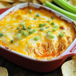 - 2 cups shredded cooked chicken - 1 package (8 oz) cream cheese, softened - 1 cup buffalo sauce (preferably mild or medium) - 1 cup shredded cheddar cheese - 1 cup shredded mozzarella cheese - 1/2 cup sour cream The main ingredients create the perfect base. Shredded cooked chicken adds protein and substance. Cream cheese makes the dip creamy and rich. Buffalo sauce gives it that spicy kick. Cheddar cheese and mozzarella cheese add flavor and melty goodness. Sour cream balances the heat with a smooth texture. - 1/4 cup green onions, chopped (for garnish) - Tortilla chips or celery sticks for serving Garnishing with green onions adds color and fresh flavor. You can serve this dip with tortilla chips or crunchy celery sticks. Both options make it fun to eat and add texture. - Alternative cheeses: You can swap cheddar or mozzarella for other cheeses like pepper jack or gouda. - Low-fat versions: Use low-fat cream cheese and sour cream to cut calories. - Hot sauce variations: Feel free to use different hot sauces for more heat or flavor. These substitutions can help tailor the dip to your taste. Whether you want a lighter dip or a spicier option, you have choices. - Preheating the oven: First, set your oven to 350°F (175°C). This helps the dip cook evenly. - Preparing the ingredients: Gather all your ingredients. You need shredded chicken, cream cheese, buffalo sauce, cheddar cheese, mozzarella cheese, and sour cream. Chop some green onions for garnish. - Combining cream cheese and sour cream: In a large bowl, mix the softened cream cheese and sour cream. Use a spatula to blend them until smooth and creamy. - Incorporating buffalo sauce: Pour in the buffalo sauce. Stir it well into the cream cheese mixture. You want all the flavors to mix perfectly. - Adding chicken and cheeses: Add the shredded chicken, cheddar cheese, and mozzarella cheese to the bowl. Stir until all the ingredients blend well. - Transferring to a baking dish: Take a medium-sized baking dish and spoon the mixture into it. Spread it evenly across the dish. - Baking time and temperature: Place the dish in your preheated oven. Bake for 20-25 minutes. Look for it to be hot, bubbly, and slightly golden on top. - Tips for achieving a golden top: For a nice golden finish, keep an eye on the dip towards the end of baking. If needed, broil for a minute or two. Just watch closely to avoid burning. To make your Cheesy Buffalo Chicken Dip shine, use high-quality ingredients. Freshly cooked chicken adds great taste. For buffalo sauce, I recommend brands like Frank’s RedHot or Crystal. They offer a nice balance of spice and flavor. You want a sauce that complements the creaminess of the cheese. A watery dip can ruin your party. To avoid this, drain any excess liquid from the chicken. Mix your cream cheese and sour cream well. A smooth base helps keep the dip thick. Stir all ingredients together until they are fully blended. This makes for a creamy, delicious dip. When serving, tortilla chips are a classic choice. They add crunch and contrast to the creamy dip. Celery sticks also work well for a fresh touch. For presentation, sprinkle chopped green onions on top. They add color and a hint of flavor. Consider adding a bowl of fresh veggie sticks on the side. It makes your spread look inviting and fun! {{image_2}} To amp up the heat, you can add extra spices. Try cayenne pepper or red pepper flakes. They give a nice kick. You can also use a spicy buffalo sauce. This will make your dip extra fiery. If you like bold flavors, this is the way to go. Just remember to adjust the other ingredients to balance the heat. Incorporating vegetables can add flavor and nutrition. Chopped bell peppers or spinach work well. You can even mix in some shredded carrots for crunch. This makes the dip healthier and adds colors. For a lighter version, swap sour cream with Greek yogurt. You get the same creaminess with less fat. You can serve this dip in different ways. A slow cooker method keeps the dip warm. Just mix and heat on low for a few hours. This is great for parties. Another fun idea is to stuff the dip into baked potatoes or peppers. This gives a unique twist and is super filling. To keep your Cheesy Buffalo Chicken Dip fresh, store it in an airtight container. This helps prevent any odors from your fridge seeping into the dip. It will last for up to four days in the fridge. If you plan to eat it later, don’t forget to let it cool first before sealing it up. You can reheat the dip in either the microwave or the oven. For the microwave, place the dip in a microwave-safe dish. Heat for about one to two minutes, stirring halfway through to avoid hot spots. If you prefer the oven, preheat it to 350°F (175°C) and heat the dip for about 15 minutes. This method helps maintain a nice texture and flavor. If you want to save some for later, freezing is a great option. First, let the dip cool completely. Then, place it in a freezer-safe container, leaving some space at the top for expansion. It can be frozen for up to three months. To thaw, move it to the fridge overnight. When ready to eat, reheat it in the oven or microwave until hot. Cheesy Buffalo Chicken Dip lasts about 3 to 4 days in the fridge. Store it in an airtight container to keep it fresh. Make sure to let it cool before you put it away. Yes, you can make this dip ahead of time! Prepare the dip and store it in the fridge before baking. When you're ready to serve, just pop it in the oven. Bake it for 20 to 25 minutes until it's hot and bubbly. You can serve Cheesy Buffalo Chicken Dip with several tasty options. Here are some ideas: - Tortilla chips - Celery sticks - Carrot sticks - Pita bread - Crackers These choices add crunch and balance to the creamy dip. Absolutely! Using rotisserie chicken saves time and adds great flavor. Just shred the chicken and mix it in with the other ingredients. It’s an easy shortcut, and it still tastes amazing! Yes, you can make this dip healthier with a few simple swaps. Here are some tips: - Use low-fat cream cheese and sour cream. - Add more veggies, like spinach or bell peppers, to the mix. - Substitute some of the cheese for Greek yogurt. These changes keep the flavor while cutting down on calories. Enjoy your dip guilt-free! Cheesy Buffalo Chicken Dip is a tasty dish that uses easy ingredients. You learned how to mix and bake to create a delicious dip. Remember, choosing quality ingredients makes a big difference. With simple variations, you can adapt it to your taste. Storing leftovers properly ensures leftovers stay fresh. Whether you're serving a crowd or enjoying a quiet night, this dip is sure to please. Enjoy the bold flavors and fun ways to share it with friends!