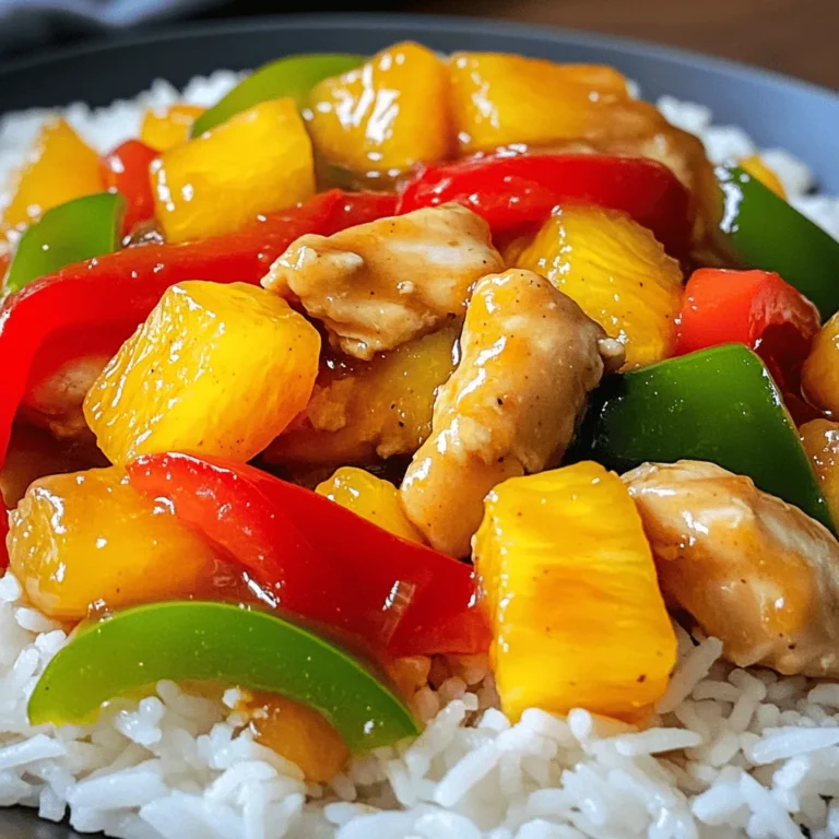 - 1 lb (450g) boneless chicken breast, cut into bite-sized pieces - 1 cup bell peppers (red, green, yellow), sliced - 1 medium onion, sliced - 1 cup pineapple chunks (fresh or canned) - 3 tablespoons soy sauce - 2 tablespoons apple cider vinegar - 2 tablespoons honey - 1 tablespoon cornstarch - 2 cloves garlic, minced - 1-inch piece of ginger, grated - Salt and pepper to taste - Cooked rice or noodles for serving Gathering these items is the first step to a tasty meal. You can find them at any grocery store. Choose fresh chicken and vibrant bell peppers for the best flavor. Pineapple adds a sweet touch that brightens the dish. For the sauce, soy sauce provides umami, while apple cider vinegar adds tang. Honey brings sweetness, and cornstarch helps thicken the sauce. These ingredients combine to create a balanced and delicious flavor profile. If you want to enhance your stir-fry, consider adding garlic and ginger. They add a wonderful aroma and taste. Serve your sweet and sour chicken over rice or noodles for a complete meal. To start, grab a bowl. Mix together 3 tablespoons of soy sauce, 2 tablespoons of apple cider vinegar, 2 tablespoons of honey, and 1 tablespoon of cornstarch. Stir until it's smooth. This is your sweet and sour sauce. Set it aside for now. Next, take a large skillet or wok. Heat 1 tablespoon of vegetable oil over medium-high heat. Add 1 pound of bite-sized chicken pieces. Season with salt and pepper. Stir-fry the chicken for about 5 to 7 minutes. It should turn a nice golden brown. Once cooked, remove the chicken from the skillet and set it aside. In the same skillet, add another tablespoon of vegetable oil. Now, sauté 1 sliced onion, 2 minced garlic cloves, and 1 inch of grated ginger. Cook for about 2 minutes until you smell the wonderful aroma. After that, add 1 cup of sliced bell peppers. Cook for another 3 to 4 minutes. The bell peppers should be tender but still crisp. Now it's time to bring everything together. Return the cooked chicken to the skillet. Add 1 cup of pineapple chunks. Pour the sweet and sour sauce over the top. Stir well to coat everything evenly. Cook for an extra 2 to 3 minutes. This will let the sauce thicken up a bit. Taste it and adjust the seasoning if needed. Enjoy your savory sweet and sour chicken stir-fry! - Ensure the chicken is cooked thoroughly. Cook it until it is no longer pink inside. This takes about 5-7 minutes. Use a meat thermometer to check that it reaches 165°F (75°C). - To achieve the perfect stir-fry texture, cut the chicken and vegetables into equal sizes. This helps them cook evenly. Stir-fry on high heat and keep the ingredients moving in the pan. This prevents burning and promotes that lovely crispiness. - You can add spices like red pepper flakes for heat. Try adding vegetables like snap peas or broccoli for extra crunch and nutrition. - To modify sweetness or tanginess, adjust honey and apple cider vinegar. If you like it sweeter, add more honey. If you want more tang, add a splash of vinegar. - Serve your sweet and sour chicken stir-fry over cooked rice or noodles. This creates a great base for the dish. - For garnishing suggestions, use chopped green onions or sesame seeds. They add a nice touch and enhance the dish's flavor and look. {{image_2}} You can switch up the meat in this dish. If you love seafood, try shrimp instead of chicken. Shrimp cooks quickly, so add it at the end of stir-frying. For beef or pork lovers, thinly slice these meats. Cook them until browned before adding veggies. This adds great flavor and a different texture. To make this dish vegetarian or vegan, skip the chicken. Use firm tofu as a protein substitute. Press the tofu to remove water, then cut it into cubes. Sauté it until golden. For the sauce, swap honey with maple syrup or agave for a vegan-friendly option. This keeps the sweet flavor without using animal products. Feel free to get creative with vegetables. Broccoli, snap peas, or carrots work great in this stir-fry. You can also try fruits like mango or peaches for a fun twist. Experimenting with different sauces can change the whole dish. Try teriyaki or sweet chili sauce for new flavors. Store your sweet and sour chicken stir-fry in an airtight container. This keeps it fresh and tasty. It lasts in the fridge for about 3 to 4 days. If you want to enjoy it later, make sure it's cooled down before sealing. This helps prevent moisture build-up. You can freeze sweet and sour chicken stir-fry for up to 3 months. Use a freezer-safe container or bag. To freeze, let the stir-fry cool completely first. When you’re ready to eat, thaw it in the fridge overnight. Reheat it in a pan on medium heat. You can also use the microwave, but stir it often to heat evenly. To make meal prep easier, you can prep the chicken and veggies ahead of time. Keep the sauce separate until cooking. This helps keep the dish fresh and prevents sogginess. When you are ready to cook, mix everything in a pan. Enjoy a quick, tasty meal made just for you! You can serve sweet and sour chicken stir-fry with several tasty sides. Here are some ideas: - Cooked rice, white or brown - Noodles, like egg or rice noodles - Steamed broccoli for extra crunch - A simple green salad for freshness - Fried rice, for a fun twist These sides complement the dish well and make your meal complete. Yes, you can easily make this dish gluten-free. Here are some options: - Use gluten-free soy sauce or tamari - Replace regular vinegar with rice vinegar - Ensure that any broth used is gluten-free These swaps keep the flavors intact while making it safe for those with gluten issues. To add some heat to your sauce, try these tips: - Add red pepper flakes to the sauce mix - Stir in some sriracha sauce for a kick - Toss in diced jalapeños when cooking These options let you control the spice level to suit your taste. Yes, you can use canned pineapple if fresh is not available. Here’s what to consider: - Canned pineapple is often sweeter, so adjust your honey - Drain the juice to avoid excess liquid in your stir-fry - Choose chunks for the best texture in your dish Canned pineapple works well and saves time in the kitchen! This article shared a simple guide for making sweet and sour chicken stir-fry. We covered key ingredients like chicken, bell peppers, and pineapple. I provided step-by-step instructions, cooking tips, and variations to fit your needs. Remember, you can swap ingredients and adjust flavors to your taste. Enjoy this dish fresh or as leftovers, and explore different options for meal prep. Cooking should be fun and easy, so feel free to get creative!