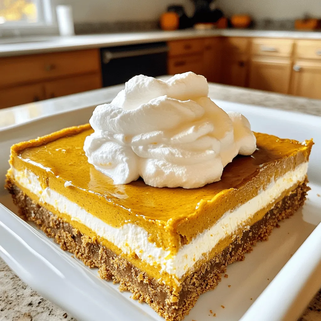 To make these cookie butter pumpkin cheesecake bars, gather the following: - 1 ½ cups crushed graham crackers - ½ cup melted butter - 1 cup cookie butter - 1 cup cream cheese, softened - 1 cup pumpkin puree - ¾ cup powdered sugar - 1 teaspoon vanilla extract - 1 teaspoon pumpkin pie spice - 1 cup whipped cream for topping - Optional: additional cookie butter for drizzling on top You can change some ingredients based on what you have. Here are some options: - Graham crackers: Use digestive biscuits or vanilla wafers. - Butter: Coconut oil works great as a dairy-free option. - Cream cheese: Try using a vegan cream cheese for a dairy-free version. - Pumpkin puree: Sweet potato or butternut squash puree can work too. - Powdered sugar: Use regular granulated sugar, but blend it until fine. - Whipped cream: You can substitute with a dairy-free whipped topping if needed. To make your baking experience easier, have these tools on hand: - Mixing bowls (2 large) - A whisk or electric mixer - A spatula for folding - An 8x8-inch square baking dish - Plastic wrap for covering - A knife for cutting the bars These tools will help you create the perfect no-bake dessert without any fuss! 1. Start by mixing the crushed graham crackers and melted butter in a bowl. 2. Press this mixture into the bottom of an 8x8-inch baking dish. 3. Chill the crust in the fridge for about 10 minutes. 4. In another bowl, beat the softened cream cheese and cookie butter until smooth. 5. Add pumpkin puree, powdered sugar, vanilla extract, and pumpkin pie spice. 6. Mix all these ingredients until they are fully combined. 7. Next, gently fold in the whipped cream until no streaks show. 8. Pour the cheesecake mixture over the chilled crust. 9. Spread it evenly and smooth the top with a spatula. 10. Cover with plastic wrap and chill for at least 4 hours. 11. After chilling, cut into squares and serve cold. 12. Drizzle more cookie butter on top if you want an extra treat. - Use finely crushed graham crackers for a smooth crust. - Make sure to press the crust firmly to avoid crumbling. - Chilling the crust helps it set and stay firm. - If you like, add a pinch of salt to balance the sweetness. - You can also use other cookies for a unique flavor twist. - Always use softened cream cheese for a smooth mix. - Beat the cream cheese and cookie butter until creamy, with no lumps. - Fold in whipped cream gently to keep the texture light. - Avoid over-mixing after adding whipped cream to maintain airiness. - Let the bars chill long enough to firm up properly for the best texture. - Use room temperature cream cheese. This helps it mix easily with cookie butter. - Chill the crust well. A firm crust gives good support to the creamy filling. - Taste as you mix. Adjust sweetness with more powdered sugar if needed. - Keep the whipped cream cold. This maintains its volume when folded in. - Don’t skip the chilling time. It helps the cheesecake bars set well. - Avoid over-mixing the whipped cream. This can lead to a dense texture. - Use fresh pumpkin puree. Canned pumpkin works too, but check for quality. - Make sure your ingredients are measured correctly. This keeps the balance right. - Fold the whipped cream in gently. This keeps air in and makes it fluffy. - Use a spatula to mix. This prevents deflating the whipped cream too much. - Don't rush any steps. Take time to ensure everything is well combined. - Let the mixture sit a bit before pouring it onto the crust. This helps air bubbles escape. {{image_2}} You can swap pumpkin for other purees. Try sweet potato or butternut squash. Each brings a unique taste. You can also play with the cookie butter. Use a chocolate or cinnamon flavor to change the base. This makes each bite special and fun. You can mix in some peanut butter for a nutty twist. Just remember to keep the ratios right for a creamy texture. Toppings can really change the vibe. Try crushed cookies, nuts, or even chocolate chips. If you want a fresh taste, add fruit. Sliced strawberries or raspberries work well. Drizzling caramel or chocolate sauce can add a fun touch. You can use whipped cream as a light topping, too. Just make sure to pile it high for a great look. Seasonal flavors can make this dish shine. For a winter treat, add peppermint extract. This gives a festive feel to your bars. In spring, try using lemon zest for a bright taste. In summer, fresh berries can add color and sweetness. Adjust the spices to match the season, too. Cinnamon and nutmeg are perfect for fall, while lighter flavors suit spring and summer. To keep your cookie butter pumpkin cheesecake bars fresh, store them in the fridge. Use an airtight container to prevent any odors from getting in. Place parchment paper between layers if you stack them. This method helps maintain their smooth texture and flavor. Make sure to consume them within five days for the best taste. You can freeze these cheesecake bars if you want to save some for later. Cut the bars into squares first. Wrap each square in plastic wrap and place them in a freezer bag. Try to remove as much air as possible. They will stay fresh for up to three months. When you’re ready to eat, take them out and let them thaw in the fridge overnight. These cheesecake bars are best served cold, so reheating isn't necessary. However, if you like them a bit softer, let them sit at room temperature for about 15 minutes. This step helps bring out their creamy texture without losing quality. Enjoy your bars chilled or at room temp, whichever you prefer! Yes, you can use many types of cookie butter. Each type gives a unique taste. For example, you can try speculoos cookie butter or even chocolate cookie butter. Just remember, the flavor may change a bit. It is fun to experiment with what you like best! These bars can last up to five days in the fridge. Keep them in a sealed container to stay fresh. If you want them to last longer, try freezing them! They can stay good for up to three months when frozen. Yes, it is possible to make this recipe vegan or gluten-free. For a vegan version, use dairy-free cream cheese and whipped cream. Swap the graham crackers for gluten-free cookies to make it gluten-free. Both options will still taste great! This blog post covered the essential steps to make delicious cheesecake bars. We explored key ingredients, tools, and step-by-step instructions. I shared tips for a smooth cheesecake and ways to avoid common mistakes. You also learned about fun flavor variations and storage tips. Always remember, with the right methods, you can create a treat everyone will love. Happy baking!