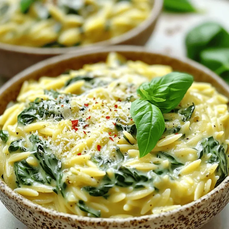 To make creamy spinach parmesan orzo, you will need the following main ingredients: - 1 cup orzo pasta - 2 cups fresh spinach, chopped - 1 cup vegetable broth - 1 cup heavy cream - 1 cup grated Parmesan cheese - 2 tablespoons olive oil - 2 cloves garlic, minced - 1/2 teaspoon crushed red pepper flakes (optional) - Salt and pepper to taste - Fresh basil leaves, for garnish These ingredients blend well together to create a rich and creamy dish. The orzo pasta adds a nice texture, while the spinach brings freshness. The heavy cream and Parmesan cheese make the sauce deliciously rich. You can customize this dish in many ways. Here are some optional ingredients you might consider: - Crushed red pepper flakes for a bit of heat - Cooked chicken or shrimp for added protein - Other vegetables like mushrooms or bell peppers - A squeeze of lemon juice for brightness Feel free to mix in your favorite flavors to make this dish your own. You will need some basic kitchen tools to prepare this recipe. Here’s what you need: - Medium pot for boiling water - Large skillet for cooking the sauce - Wooden spoon or spatula for stirring - Measuring cups and spoons for accuracy - Knife and cutting board for chopping Having the right equipment makes cooking easier and more fun. Gather everything before you start for a smooth cooking experience. To start, boil water in a medium pot. Add a bit of salt to the water. Once boiling, pour in 1 cup of orzo pasta. Cook it according to the package directions until it is al dente. This usually takes about 8 to 10 minutes. When done, drain the orzo and set it aside. It will soak up the flavors later. Next, grab a large skillet and heat 2 tablespoons of olive oil over medium heat. Once hot, add 2 cloves of minced garlic. Sauté the garlic for about 1 minute. You want it fragrant but not burnt. Then, toss in 2 cups of chopped spinach. Cook for 2 to 3 minutes until the spinach wilts. This step adds a nice touch of flavor and color. Now it’s time for the creamy part. Pour in 1 cup of vegetable broth into the skillet. Let it simmer for about 5 minutes. This helps the flavors blend. After that, lower the heat. Add 1 cup of heavy cream and stir well. Bring this mixture to a gentle simmer. Gradually mix in 1 cup of grated Parmesan cheese until it melts and becomes creamy. If you like a bit of heat, add 1/2 teaspoon of crushed red pepper flakes now. Finally, add the cooked orzo into the skillet. Toss it all together until the orzo is well coated in the creamy sauce. Season with salt and pepper to taste. Heat through for another 2 to 3 minutes and serve! To get the perfect orzo, cook it until al dente. This means it should be firm but not hard. Always check the package for cooking time. Drain it well to avoid sogginess. Rinse with cold water to stop the cooking. This keeps it from getting too soft when you mix it with the sauce. Add good seasonings to make your orzo shine. A pinch of salt and pepper is a must. For heat, try crushed red pepper flakes. Fresh herbs, like basil, add a bright taste. Garlic brings a warm flavor. Don’t skip sautéing it first; this makes a big difference. Taste as you go. Adjust the seasoning to your liking. Presentation makes a dish more appealing. Serve the orzo in shallow bowls for a nice look. Top it with extra Parmesan for richness. A sprig of fresh basil adds a pop of color. You can also drizzle a bit of olive oil on top. This simple touch makes it look fancy. {{image_2}} You can easily add protein to your creamy spinach Parmesan orzo. Grilled chicken or sautéed shrimp works great. Cook chicken breasts in olive oil until golden. Slice them and mix them into the orzo. For shrimp, sauté in the same skillet with garlic until pink. Both options boost flavor and make the dish hearty. To make creamy spinach Parmesan orzo vegan, swap out a few ingredients. Use plant-based cream instead of heavy cream. Replace Parmesan cheese with a vegan version or nutritional yeast. You can also add more veggies like mushrooms or bell peppers. This way, you keep the creamy texture without dairy. Feel free to add your favorite veggies for extra nutrition. Zucchini, peas, or sun-dried tomatoes can give new flavors. Simply chop and sauté them along with the spinach. They blend well and make the dish colorful. This adds variety and makes it fun to eat! After you make creamy spinach Parmesan orzo, let it cool first. Once cool, place it in an airtight container. This keeps the dish fresh and prevents odors from other foods. Store it in the fridge for up to three days. When you are ready to eat, check for any signs of spoilage. If it looks or smells off, it’s best to toss it. You can freeze creamy spinach Parmesan orzo too! To do this, let it cool completely. Then, scoop it into freezer-safe bags or containers. Make sure to remove as much air as possible to avoid freezer burn. Label the bags with the date. You can freeze it for up to three months. When you want to enjoy it again, simply thaw it in the fridge overnight. Reheating creamy spinach Parmesan orzo is easy. You can use the stove or microwave. If using the stove, add a splash of vegetable broth or cream to keep it moist. Heat it on low, stirring often. For the microwave, place it in a bowl and cover it with a damp paper towel. Heat it in short bursts, stirring in between, until hot. Enjoy it as if it was just made! Yes, you can use other small pasta types like couscous or ditalini. The cooking time may change, so adjust based on the package instructions. Stick to pasta that cooks quickly to keep the dish easy. Each pasta gives a unique texture and flavor, so have fun experimenting. To change the creaminess, you can add more or less heavy cream. For a lighter dish, reduce the cream and use more vegetable broth. You can also add a splash of pasta water for creaminess. If you want it richer, try more cheese or a bit of cream cheese. You can use Pecorino Romano for a saltier flavor. Nutritional yeast is great for a vegan option. For a milder taste, try using mozzarella or cheddar cheese. Each choice will change the taste a bit, so pick what you enjoy most. In this blog post, we explored how to make creamy spinach Parmesan orzo. We covered key ingredients, cooking steps, and tips for texture and flavor. You learned ways to customize the dish with protein and vegetables. We also shared storage tips for leftovers. This recipe is a simple crowd-pleaser. With practice, you can create a delicious meal every time. Enjoy experimenting and making it your own!