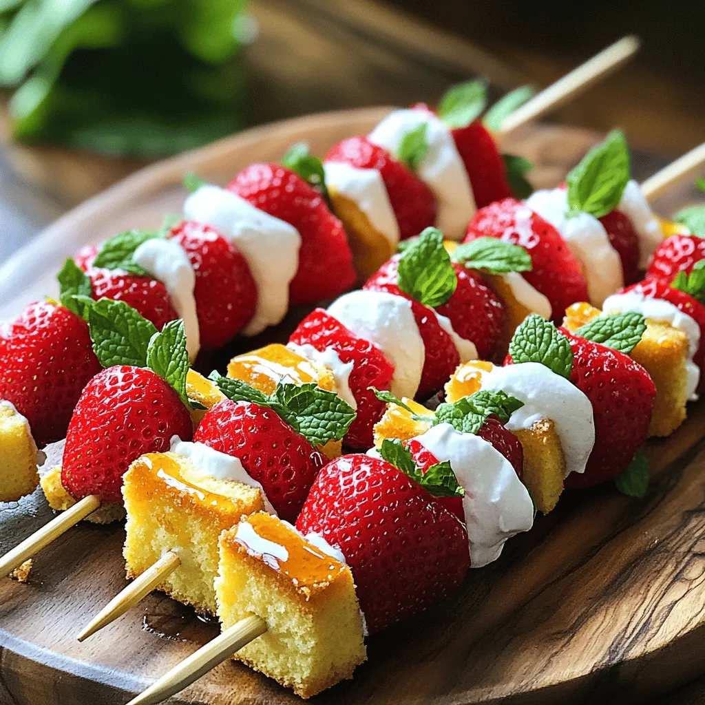 To make tasty strawberry shortcake kabobs, you need a few main items. Here’s what you’ll need: - 1 pound fresh strawberries, hulled - 1 cup pound cake, cut into 1-inch cubes - 1 cup whipped cream (store-bought or homemade) - 6-inch or 8-inch skewers These ingredients create a sweet and fun treat. Fresh strawberries bring bright flavor. The pound cake adds a soft, chewy texture. Whipped cream ties it all together with creaminess. You can add extra ingredients for more taste. Here are a few options: - 2 tablespoons honey (optional) - 1 teaspoon vanilla extract - Fresh mint leaves for garnish (optional) Honey adds sweetness and a little shine. Vanilla gives a warm flavor. Mint leaves can brighten up the dish and add a nice touch. Getting ready to make these kabobs is easy. You will need: - A small bowl for mixing - A spatula for turning the kabobs if you grill - A grill or grill pan if you want to cook them Having these tools ready makes the process smooth. You’ll be set to create a fun and delicious dessert in no time! To start, gather all your ingredients. You will need 1 pound of fresh strawberries. Make sure to hull them, which means removing the green tops. Next, cut your pound cake into 1-inch cubes. If you want a hint of sweetness, grab 2 tablespoons of honey. You will also need 1 teaspoon of vanilla extract for flavor. Lastly, have your whipped cream ready. You can buy it or make it at home. Now, take a skewer. Start by threading a strawberry onto it. Follow it with a cube of pound cake. Then add another strawberry. Repeat this pattern until the skewer is full. Leave about half an inch of space at each end. This space helps with handling the kabobs without losing any pieces. You have two cooking options: grilling or serving them fresh. If you choose to grill, preheat your grill over medium heat. Place the skewers on the grill for 2-3 minutes on each side. You want the strawberries to caramelize and the cake to warm up. If you skip the grill, chill the kabobs in the fridge for 30 minutes. This keeps them fresh and cool. Once done, drizzle your honey-vanilla whipped cream over the kabobs. To make the whipped cream drizzle shine, use fresh cream. If you prefer, buy whipped cream. Mixing in honey and vanilla makes it sweet and tasty. Start with one cup of whipped cream. Add two tablespoons of honey and one teaspoon of vanilla. Stir until smooth. Drizzle this mix over your kabobs for a delicious touch. Select ripe strawberries for your kabobs. Look for bright red berries with no white spots. Fresh strawberries should be firm and smell sweet. Avoid berries that feel soft or have dark spots. If they look good and smell sweet, you have a winner. When skewering, use 6-inch or 8-inch skewers. Start by threading a strawberry onto the skewer. Then add a cube of pound cake, followed by another strawberry. Repeat this until your skewer is full, but leave space at each end. This helps with handling and keeps your kabobs neat. If you plan to grill them, make sure the skewers are sturdy enough to hold the weight. {{image_2}} You can switch up the cake in your kabobs. Sponge cake gives a light, airy feel. Angel food cake adds some sweetness without being heavy. Brownies bring a rich, chocolaty twist. Each option changes the taste and feel of the kabobs. Try them all to find your favorite! While strawberries shine in this dish, other fruits work well too. Blueberries add a burst of color and flavor. Ripe peaches give a juicy, sweet bite. Pineapple chunks can add a tropical twist. Mix and match fruits for a fun and colorful kabob. Each fruit brings its own unique taste. The whipped cream drizzle is a must, but you can get creative. Try chocolate sauce for a sweet touch. A berry sauce can add more fruit flavor. You might also sprinkle nuts for some crunch. Don't forget fresh mint leaves for a pop of color and taste. The right sauce or topping can elevate your kabobs to a new level. Store leftover kabobs in an airtight container. This keeps them fresh and tasty. Place the container in the fridge. Eat them within two days for the best flavor. If you see any liquid, drain it before sealing. This helps keep the texture nice. You can prep the ingredients a day before. Wash and hull the strawberries. Cut the pound cake into cubes. Store them separately in the fridge. This saves time on the day you plan to serve. Wait to assemble the kabobs until just before serving. This keeps everything fresh and bright. Freezing kabobs is easy! Assemble them but do not add whipped cream. Place the kabobs in a single layer on a baking sheet. Freeze them for about an hour. Then, transfer the kabobs to a freezer bag. They can last up to three months. When you’re ready to eat, thaw them in the fridge overnight. Enjoy them fresh for a tasty treat! Yes, you can make Strawberry Shortcake Kabobs ahead of time. Prepare the kabobs and store them in the fridge. Keep them covered to stay fresh. When you are ready to serve, drizzle with the whipped cream mix. This way, they will taste great even after some hours. You have many options instead of pound cake. Try sponge cake, angel food cake, or brownies. Each type of cake brings a different taste and texture. Use what you like best. You can also use cookies for a fun twist. Just remember to cut them into small pieces for easy skewering. Keep strawberries firm by choosing fresh ones. Look for bright red berries with no soft spots. If you plan to make them ahead, store them in the fridge until you are ready to use them. Avoid washing them until right before you prepare the kabobs. This keeps them dry and less likely to become mushy. Strawberry shortcake kabobs are easy and fun to make. We covered key ingredients, tools, and tips to make your kabobs shine. You can choose the right fruits, sauces, and cakes for your own twist. For storage, I shared methods to keep your kabobs fresh or frozen. Enjoy making these sweet treats for any occasion. They are versatile and sure to impress everyone. Get creative and savor every bite!