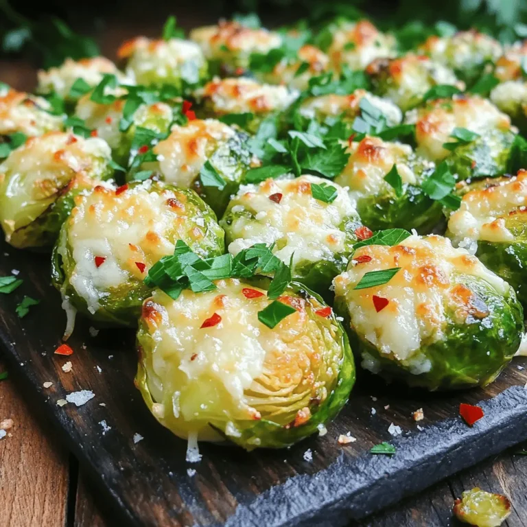 - 1 lb Brussels sprouts, trimmed and halved - 3 tablespoons olive oil - 4 cloves garlic, minced - 1/2 cup grated Parmesan cheese - 1 teaspoon garlic powder - 1/2 teaspoon red pepper flakes (optional for heat) - Salt and pepper to taste - Fresh parsley, chopped (for garnish) These simple ingredients work together to create a flavorful dish. Brussels sprouts bring a slightly sweet and nutty taste. Olive oil adds richness, while garlic gives a bold kick. Parmesan cheese melts beautifully, creating a rich, savory layer. Using fresh garlic really amps up the flavor. The optional red pepper flakes add a nice touch of heat if you like. Salt and pepper enhance all the tastes, while parsley gives a fresh finish. - Calories per serving: About 150 calories - Key nutrients: Each serving contains fiber, protein, and healthy fats. Brussels sprouts are high in fiber and low in calories. They offer vitamins C and K, important for health. This dish not only tastes great but also packs a nutritional punch. It's a smart choice for a side dish or a light meal. Enjoy the deliciousness while knowing you’re treating your body right! First, you need to preheat your oven to 400°F (200°C). This step is key for getting that crispy texture we all love. Next, grab your Brussels sprouts. You want to trim off the tough ends and remove any yellow leaves. Then, cut each sprout in half. This helps them cook evenly and allows the flavors to soak in. Now, it’s time to mix your ingredients. In a large mixing bowl, combine the halved Brussels sprouts with three tablespoons of olive oil, four minced garlic cloves, one teaspoon of garlic powder, and salt and pepper to taste. Toss everything together until each sprout gets a nice coating. This is where the magic begins! Spread the Brussels sprouts in a single layer on a baking sheet. Make sure they have space; crowding them can lead to soggy sprouts. Roast them in your preheated oven for about 20 minutes. Be sure to stir halfway through. This step is important; it helps them brown evenly. When they turn golden brown and crispy on the edges, it’s time to add the final touch. Sprinkle half a cup of grated Parmesan cheese over the hot Brussels sprouts. Pop them back in the oven for five more minutes, or until the cheese is melted and bubbly. Now they are ready to serve! To get those Brussels sprouts crispy, spread them in a single layer on the baking sheet. If they are stacked, they will steam instead of roast. This makes them soft, not crispy. Check for doneness by looking for a golden brown color on the edges. The sprouts should feel tender when pierced with a fork. If they look pale, give them more time in the oven. For the cheese, fresh grated Parmesan works best. It melts nicely and adds rich flavor. Avoid using pre-grated cheese, as it may not melt as well. When it comes to herbs, fresh parsley adds a bright touch. However, if dried herbs are all you have, they can work too. Just remember, dried herbs are stronger, so use less. Choose a heavy-duty baking sheet for even roasting. Aluminum sheets are good, as they heat evenly. In addition, have a large mixing bowl and a good spatula on hand. These tools make it easy to toss the sprouts with oil and seasonings. A sharp knife helps when trimming the Brussels sprouts. {{image_2}} You can make Garlic Parmesan Brussels sprouts even better. Adding lemon zest gives a bright taste. The zest adds a nice zing that balances the rich cheese. Try using other cheeses too. Asiago or Cheddar can work well if you want a change. They both melt nicely and add a different flavor. If you need gluten-free options, this dish is already safe. Just make sure your cheese is gluten-free. For vegan alternatives, use plant-based cheese. Many brands offer great options that melt and taste good. You can also skip the cheese and add nutritional yeast for a cheesy flavor. These Brussels sprouts pair well with many main dishes. They go great with chicken, fish, or steak. You can also serve them with a hearty grain like quinoa. If you're hosting, they make a tasty appetizer. Just serve them in small cups with toothpicks. They are easy to grab and enjoy while mingling! To keep your Garlic Parmesan Brussels Sprouts fresh, store them in an airtight container. Let them cool before sealing to avoid moisture buildup. You can keep them in the fridge for up to three days. After that, they may lose their crispness. If you want to save some for later, freezing is a great option. First, let the sprouts cool completely. Place them in a single layer on a baking sheet and freeze until solid. Then transfer them to a freezer-safe bag. They can last up to three months in the freezer. To reheat, thaw them overnight in the fridge. Then, roast them in the oven for about ten minutes at 400°F to regain that crispy texture. There are many fun ways to use leftovers! Toss them into a salad for crunch and flavor. You can also mix them into pasta for a tasty main dish. Another idea is to add them to an omelet for a savory breakfast surprise. These options make it easy to enjoy your Garlic Parmesan Brussels Sprouts in new ways. Can I use frozen Brussels sprouts? Yes, you can use frozen Brussels sprouts. However, fresh ones taste better. If you choose frozen, thaw them first. Pat them dry to avoid extra moisture. This helps them crisp up nicely. What is the best way to prevent sogginess? To prevent sogginess, use a single layer on your baking sheet. Avoid overcrowding the sprouts. Also, make sure to dry them well before mixing with oil. This keeps them crispy. Can I substitute garlic powder with fresh garlic? Absolutely! You can use fresh garlic instead of garlic powder. Use about one clove for each teaspoon of garlic powder. Fresh garlic adds a strong and tasty flavor. What can I use if I don’t have Parmesan cheese? If you lack Parmesan cheese, try Pecorino Romano or Grana Padano. Both options bring a similar taste. You can also use nutritional yeast for a vegan alternative. How to make Garlic Parmesan Brussels Sprouts for a crowd? To serve a crowd, double or triple the recipe. Use multiple baking sheets. Make sure to roast in batches to keep them crisp. Serve them hot from the oven for best results. What side dishes pair well with this recipe? Garlic Parmesan Brussels sprouts go well with many dishes. Some great pairings are roasted chicken, grilled steak, or baked salmon. They complement hearty meals and add a fresh touch. In this blog post, I shared a simple recipe for Garlic Parmesan Brussels Sprouts. I covered the key ingredients needed, the steps for preparation, and tips for achieving crispiness. You also learned about variations and storage options. Now, you can enjoy a tasty side dish that impresses. Feel free to get creative with flavors or use leftovers in new ways. Cooking can be fun and rewarding! Enjoy your Brussels sprouts.