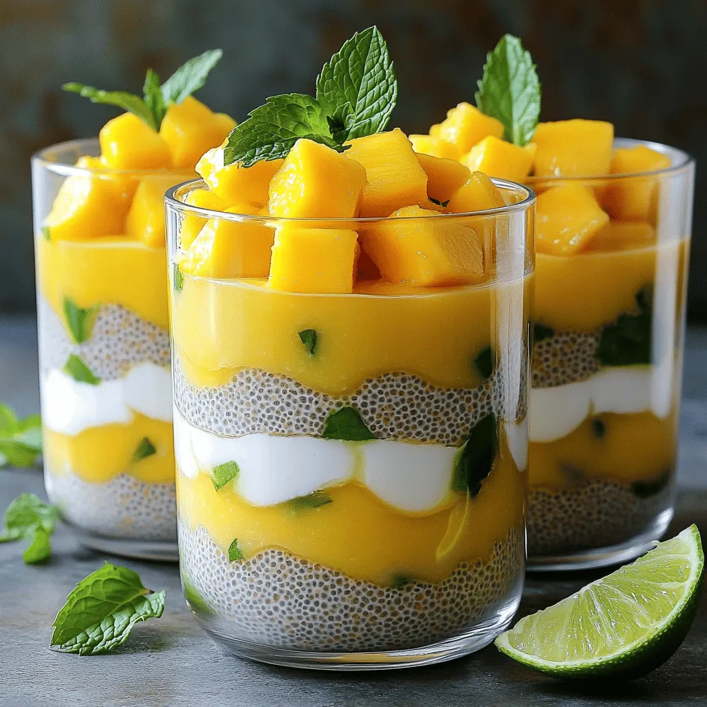 To make this tasty treat, gather these key ingredients: - 1 cup coconut milk - 1 cup almond milk - 1/4 cup chia seeds - 2 tablespoons maple syrup (or honey) - 1 ripe mango, diced - 1 teaspoon vanilla extract These ingredients come together to create a creamy and sweet pudding. Coconut milk gives a rich base, while almond milk adds a light touch. Chia seeds are the star! They soak up the liquid and turn into a fun, gel-like texture. Maple syrup or honey sweetens it just right. The diced mango adds a burst of fruity flavor. You can make this dish even more appealing with some optional garnishes. Consider adding: - Fresh mint leaves for a pop of color and freshness - Slices of lime for a zesty twist These garnishes not only look great but also elevate the taste. Mint adds a cool note, while lime brings a bright contrast. If you want to make this recipe dairy-free or vegan, you can easily adapt it. Use coconut milk and almond milk, as listed. Maple syrup is vegan, so you’re all set! If you need a chia seed replacement, try ground flaxseeds. They work well, but the texture may change. Just remember to keep the same ratios for the best results. Making Coconut Mango Chia Pudding is simple and fun. You need just a few ingredients. Start with coconut milk and almond milk. Then add chia seeds, maple syrup, and vanilla extract. The process takes about 10 minutes of hands-on time. However, it needs to chill for at least three hours. 1. Mix the Base: In a medium bowl, whisk together 1 cup of coconut milk and 1 cup of almond milk. 2. Add Chia Seeds: Stir in 1/4 cup of chia seeds along with 2 tablespoons of maple syrup and 1 teaspoon of vanilla extract. 3. Set the Mixture: Let it sit for 10 minutes. Whisk again to keep chia seeds from clumping. 4. Chill: Cover the bowl and refrigerate for at least 3 hours or overnight. 5. Prepare to Serve: Once the pudding sets, stir it well to mix. 6. Layer the Cups: Scoop the pudding into cups. Start with a layer of pudding, then add diced mango. Repeat until the cups are full. 7. Garnish: Top with extra mango and fresh mint leaves. If you like, add a slice of lime for a zesty touch. - Use Clear Glass Cups: They show off the lovely layers of pudding and fruit. - Garnish Creatively: Add mint leaves and lime slices to make it look fresh and tasty. - Mix Fruit Layers: Try different fruits between layers for a fun twist. - Keep it Cool: Serve immediately after chilling for the best texture. Enjoy this treat as a breakfast or a snack! To get the best chia gel, mix your ingredients well. Combine coconut milk, almond milk, chia seeds, maple syrup, and vanilla extract in a bowl. Whisk them together until smooth. Let the mix sit for about 10 minutes, then whisk again. This helps prevent clumping. Chill the mixture for at least three hours or overnight. The chia seeds will absorb the liquids and turn into a thick gel. This process is key for a creamy texture. While the basic recipe tastes great, you can make it special. For a fruity twist, add a splash of pineapple juice or a handful of berries. If you want more sweetness, try agave syrup or a bit more maple syrup. You can also add spices like cinnamon or nutmeg for warmth. For a hint of zest, mix in some lime or lemon juice. These little changes can elevate your chia pudding to a new level. For the best presentation, use clear glass cups. This way, you can show off the pretty layers of chia and mango. Start with a layer of pudding, followed by diced mango. Repeat this until the cups are full. Top with extra mango and fresh mint leaves. For a zesty touch, add a slice of lime on the rim. This not only looks great but also adds a burst of flavor. Enjoy your colorful dessert! {{image_2}} You can switch up the fruit in your chia pudding. Try using berries, bananas, or kiwi. Each fruit adds a new flavor and color. For a tropical twist, add pineapple or passion fruit. These fruits blend well with coconut milk. You can mix and match to find your favorite combo. If you love chocolate, this variation is for you. Add 2 tablespoons of cocoa powder to the base mix. This will give your pudding a rich chocolate flavor. Sweeten it more with extra maple syrup or honey. Layer it with banana slices for a fun treat. Garnish with chocolate shavings for a special touch. For a warm flavor, try the spiced vanilla version. Add 1/2 teaspoon of cinnamon and a pinch of nutmeg to the mix. These spices enhance the vanilla extract. This version is perfect for cozy mornings. Serve it warm or chilled. Top with apple slices for a nice crunch. Store your coconut mango chia pudding in an airtight container. This keeps it fresh and tasty. You can use glass jars or plastic containers. Make sure to cover them well to avoid spills or drying out. Coconut mango chia pudding lasts up to four days in the fridge. After that, the quality may drop. Always check for any change in smell or texture before eating. If it looks or smells off, it’s best to toss it. You can freeze the pudding if you want to keep it longer. Pour the pudding into freezer-safe containers. Leave some space at the top for expansion. It can last for up to two months in the freezer. When ready to eat, let it thaw in the fridge overnight. Stir well before serving to restore its creamy texture. Chia seeds are tiny powerhouses of nutrition. They are rich in fiber, which helps with digestion. These seeds also provide healthy omega-3 fatty acids. They can boost heart health and lower cholesterol. Chia seeds contain protein, which helps keep you full. Plus, they are packed with antioxidants. These nutrients help protect your body from damage. Yes, you can make this recipe ahead of time. Chia pudding needs time to set. I recommend making it the night before. This way, the chia seeds have enough time to absorb the liquid. You can store it in the fridge for up to five days. Just stir it before serving. This recipe is already vegan-friendly! Use maple syrup for sweetness instead of honey. Both coconut milk and almond milk are plant-based. You can enjoy this dish without any animal products. It’s a great choice for anyone who follows a vegan diet. If you can’t find chia seeds, flax seeds are a good option. Flax seeds also offer fiber and omega-3s. You can use them in the same amount as chia seeds. Another option is to use tapioca pearls. They create a fun texture but need different cooking times. To add more flavor, try mixing in spices like cinnamon or nutmeg. You can also use different extracts, such as almond or coconut. Fresh fruit can enhance the flavor too. Consider adding berries or pineapple for a twist. Top with toasted coconut for extra crunch and flavor. Coconut mango chia pudding is both tasty and easy to make. We explored key ingredients, detailed steps, and helpful tips to ensure a great outcome. Remember to try different fruits or flavors for variety. Storing properly will keep your pudding fresh longer. Chia seeds offer health benefits and are simple to prepare ahead of time. Enjoy making this delicious treat, and be creative with your choices to make it your own!