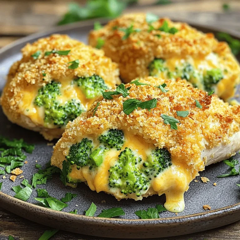 - 2 large boneless, skinless chicken breasts - 1 cup fresh broccoli florets, steamed and chopped - 1 cup sharp cheddar cheese, shredded - 1/2 cup cream cheese, softened - 1/4 teaspoon garlic powder - 1/4 teaspoon onion powder - Salt and pepper, to taste - 1 tablespoon olive oil - 1/2 cup breadcrumbs - Fresh parsley, for garnish The ingredients for Broccoli Cheddar Stuffed Chicken are simple yet flavorful. You start with chicken breasts as the main star. They are tender and perfect for stuffing. Next, you need fresh broccoli florets. Steaming them brightens their green color and softens their crunch. Sharp cheddar cheese is key for a rich taste. The cream cheese adds a smooth, creamy texture. Garlic and onion powders give extra flavor without being too strong. Salt and pepper enhance everything, making each bite delicious. Olive oil helps the breadcrumbs stick and adds some healthy fat. Breadcrumbs give a nice crunch when baked. Lastly, fresh parsley is a bright touch for garnish. Now, let's have a look at the nutritional information. First, you need to preheat your oven to 375°F (190°C). This temperature cooks the chicken well and melts the cheese nicely. A hot oven helps the chicken cook evenly, giving you a tender and juicy result. Next, you will prepare the filling. In a bowl, mix these ingredients: - 1 cup fresh broccoli florets, steamed and chopped - 1 cup sharp cheddar cheese, shredded - 1/2 cup cream cheese, softened - 1/4 teaspoon garlic powder - 1/4 teaspoon onion powder - Salt and pepper, to taste Make sure to use fresh broccoli. Fresh broccoli gives a better taste and texture to the filling. Steaming it first softens the broccoli and makes it mix well with the cheese. Now, let’s work on the chicken. Take each chicken breast and create a pocket. Use a sharp knife to slice horizontally, but don't cut all the way through. This pocket holds the tasty filling. After you make the pockets, fill them with the broccoli mixture. Press down lightly to pack it in. If the opening is too loose, use toothpicks to secure it. Season the outside with salt and pepper to enhance the flavor. Finally, coat the chicken. Pour olive oil into a shallow dish. Lightly coat each stuffed chicken breast in olive oil. Then, roll it in breadcrumbs until well covered. This gives a crispy layer when baked. Now, place the chicken in a greased baking dish and bake it for 25-30 minutes. Check that the chicken reaches an internal temperature of 165°F (74°C). This ensures it is safe to eat and perfectly cooked. To keep the chicken juicy, do not overcook it. Bake until it reaches 165°F. Use a meat thermometer for best results. Another key tip is to let the meat rest after cooking. This step allows juices to settle, making each bite tender and full of flavor. Adjusting the seasoning in your filling is key to great taste. Start with salt and pepper, then taste and add more if needed. You can also mix cheeses for a richer flavor. Sharp cheddar pairs well with cream cheese, giving it a creamy and tangy kick. Choose a sturdy baking dish for even cooking. A glass or ceramic dish works great for this dish. Use a sharp knife to create pockets in the chicken. A mixing bowl is perfect for combining your filling ingredients. This simple setup makes cooking easy and fun! {{image_2}} You can change the veggies inside your stuffed chicken. Instead of broccoli, try spinach or bell peppers. Both add nice color and flavor. You can also use cooked mushrooms for a rich taste. When it comes to cheese, sharp cheddar is great, but you can mix in mozzarella or gouda. These cheeses melt well and give a creamy texture. Mixing cheeses can create a unique flavor that you will enjoy. Want to boost the flavor? Add herbs like thyme or basil to the filling. These herbs enhance the taste and add freshness. You can also sprinkle in some paprika for a smoky hint. If you like spice, try adding crushed red pepper flakes. This will give your dish a nice kick. You can also toss in a bit of hot sauce to the cheese mix for extra heat. If you want a faster option, use an air fryer. Set it to 375°F (190°C) and cook for about 20 minutes. This method gives a crispy outside and juicy inside. Grilling is another fun way to prepare this dish in summer. Just preheat your grill and cook the stuffed chicken for about 6-8 minutes on each side. This will add a nice char and flavor from the grill. To store your leftover broccoli cheddar stuffed chicken, let it cool first. Once cool, wrap each piece in plastic wrap or foil. You can also place it in an airtight container. This keeps it fresh for later. In the fridge, your stuffed chicken will last about 3 to 4 days. If you want to freeze the stuffed chicken, wrap it well in plastic wrap and then foil. This helps prevent freezer burn. You can also use a freezer-safe bag. When properly stored, it will last up to 3 months in the freezer. To reheat, the oven is best. Preheat it to 350°F (175°C). Place the chicken in a baking dish, cover it with foil, and heat for about 20 minutes. This keeps the chicken moist. If you use a microwave, heat on low power, checking every minute to avoid drying it out. Aim for an internal temperature of 165°F (74°C) for safe eating. Cook the stuffed chicken for 25 to 30 minutes at 375°F (190°C). This time helps the chicken cook through. Use a meat thermometer to check if it reaches 165°F (74°C). If you want extra crispiness, broil for a few minutes at the end. Just watch closely to avoid burning. Yes, you can prepare the chicken in advance. Stuff the chicken breasts and coat them with breadcrumbs. Then, cover and refrigerate for up to 24 hours before baking. When ready to cook, take it out of the fridge and let it sit for about 15 minutes. This helps the chicken cook evenly. Stuffed chicken goes well with many sides. Here are some great options: - Roasted vegetables, like carrots or Brussels sprouts - Mashed potatoes or sweet potatoes - A fresh garden salad with a light vinaigrette - Rice pilaf or quinoa for a hearty touch These sides complement the rich flavors of the chicken, making your meal even better. This blog post covered how to make Broccoli Cheddar Stuffed Chicken. We discussed the ingredients, cooking steps, and tips to make it juicy. You learned about easy variations, storage methods, and answers to common questions. With the right techniques, you can create a tasty meal that's satisfying and healthy. Don't hesitate to experiment with flavors or ingredients that you love. Enjoy preparing this dish, and make it your own!