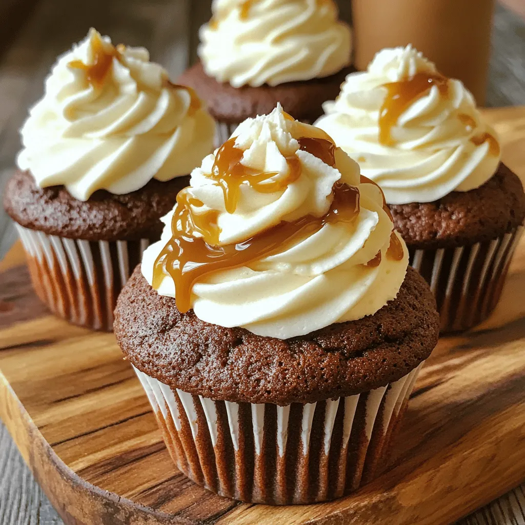 - 1 ½ cups all-purpose flour - 1 cup granulated sugar - ½ cup unsweetened cocoa powder - 1 teaspoon baking soda - ½ teaspoon salt - 1 cup brewed espresso, cooled - ½ cup whole milk - ⅓ cup vegetable oil - 1 teaspoon vanilla extract - 2 large eggs - ½ cup caramel sauce (plus extra for drizzling) - 1 cup heavy whipping cream - 2 tablespoons powdered sugar - 1 teaspoon vanilla extract When you gather these ingredients, you set the stage for a sweet treat. Each one plays a role. The flour gives structure. The sugar adds sweetness. Cocoa powder brings rich flavor. Baking soda helps the cupcakes rise. Salt balances everything out. - Espresso powder for an extra coffee kick - Chocolate chips for a gooey surprise - Nuts like walnuts for crunch - Flavored extracts, like almond, for a twist These optional ingredients can elevate your cupcakes further. For example, adding espresso powder enhances the coffee flavor. Nuts add texture. Each choice lets you make these cupcakes your own. - Whole wheat flour for a healthier option - Almond milk instead of whole milk for dairy-free - Coconut oil instead of vegetable oil for a different taste - Maple syrup as a natural sweetener Substitutions can change the taste and texture. Whole wheat flour adds a nutty flavor. Almond milk keeps the recipe dairy-free. Coconut oil gives a tropical touch. Choose what suits your taste and diet. Start by preheating your oven to 350°F (175°C). This step is key for even baking. While the oven warms up, line a muffin tin with cupcake liners. This keeps your cupcakes from sticking and makes clean-up easy. In a large bowl, whisk together these dry ingredients: - 1 ½ cups all-purpose flour - 1 cup granulated sugar - ½ cup unsweetened cocoa powder - 1 teaspoon baking soda - ½ teaspoon salt Make sure the ingredients are well mixed. This helps the cupcakes rise evenly. In a separate bowl, mix your wet ingredients: - 1 cup brewed espresso, cooled - ½ cup whole milk - ⅓ cup vegetable oil - 1 teaspoon vanilla extract - 2 large eggs Stir these together until they blend well. This creates a smooth batter, which is vital for light cupcakes. Gradually pour the wet mix into the dry mix. Stir gently until just combined. Avoid overmixing, as this can make your cupcakes tough. Next, softly fold in ½ cup caramel sauce. Leave some swirls; this adds to the cupcake's look and flavor. Fill each cupcake liner about ¾ full with the batter. Bake in your preheated oven for 18-20 minutes. To check for doneness, insert a toothpick into the center. If it comes out clean, they are ready. Once done, let them cool in the pan for 5 minutes. Then, move them to a wire rack to cool completely. In a mixing bowl, whip together: - 1 cup heavy whipping cream - 2 tablespoons powdered sugar - 1 teaspoon vanilla extract Whip until stiff peaks form. This means the cream holds its shape well. Once your cupcakes are cool, pipe or spread the whipped cream on top. For a final touch, drizzle extra caramel sauce over the whipped cream. Enjoy your sweet creation! To get the best flavor in your caramel macchiato cupcakes, use fresh espresso. Fresh espresso gives a rich taste. Let your brewed espresso cool before mixing it in. This helps keep the batter light. Swirling in the caramel sauce adds a sweet surprise. Make sure to leave some caramel visible for a nice look. One common mistake is overmixing the batter. This can make your cupcakes tough. Mix until just combined for the fluffiest results. Also, remember to measure your ingredients correctly. Too much flour or sugar can change the texture. Lastly, don’t skip cooling the cupcakes before frosting. Warm cupcakes can melt your whipped cream. For a great presentation, garnish each cupcake with cocoa powder or a coffee bean. This adds a nice touch. Serve them on a rustic wooden platter for a cozy feel. Drizzling extra caramel on top makes them look even more tempting. You can also sprinkle some sea salt on the caramel for a sweet and salty balance. {{image_2}} You can make gluten-free caramel macchiato cupcakes easily. Use a gluten-free flour blend instead of all-purpose flour. Look for a blend that has xanthan gum. This helps give the cupcakes the right texture. The rest of the recipe stays the same. Enjoy the same great flavor without gluten! To make vegan caramel macchiato cupcakes, swap the eggs for flax eggs. Mix one tablespoon of flaxseed meal with three tablespoons of water for each egg. Replace whole milk with almond milk or coconut milk. Use a plant-based caramel sauce for an extra treat. These cupcakes will taste just as delicious! You can switch up the flavors in these cupcakes! For a mocha twist, add two tablespoons of unsweetened cocoa powder to the dry mix. If you prefer vanilla, use vanilla-flavored almond milk instead of plain milk. Feel free to add a pinch of cinnamon for warmth. Each variation brings a unique flavor to your cupcakes! To keep your caramel macchiato cupcakes fresh, place them in an airtight container. Make sure the cupcakes are completely cool before you store them. This helps to prevent moisture buildup. You can keep them at room temperature for up to three days. If you want to keep them longer, it’s better to freeze them. You can freeze both frosted and unfrosted cupcakes. For unfrosted cupcakes, wrap each one tightly in plastic wrap. Place them in a freezer-safe bag or container. They can last in the freezer for up to three months. If you freeze frosted cupcakes, use a similar method. Just make sure the frosting is firm before wrapping them. This keeps the frosting nice and intact. To maintain the best flavor and texture, avoid exposing your cupcakes to air. Always store them in a cool, dry place. If you notice any signs of dryness, you can place a slice of bread in the container. This helps keep moisture in. When you're ready to enjoy, let them thaw in the fridge or at room temperature. Enjoy your sweet treats with the same delightful taste! Yes, you can use instant coffee. Just mix two teaspoons of instant coffee with one cup of hot water. This will give you a similar coffee flavor. However, brewed espresso adds a rich taste that enhances the cupcakes. I recommend espresso for the best results. These cupcakes are best enjoyed fresh. However, they can stay fresh for up to three days if stored properly. Keep them in an airtight container at room temperature. If you refrigerate them, they may last a bit longer, but the texture could change. If you want something different, try cream cheese frosting. Mix four ounces of softened cream cheese with one cup of powdered sugar and a splash of vanilla. This gives a rich flavor that pairs well with the cupcakes. You could also use vanilla or chocolate buttercream for variety. Yes, you can prepare the batter a day in advance. Just cover the bowl with plastic wrap and store it in the fridge. When you're ready to bake, let the batter sit at room temperature for about 30 minutes. This helps ensure even baking. To make your cupcakes pop, try these tips: - Garnish: Add a sprinkle of cocoa powder or place a coffee bean on top. - Serving: Use a rustic wooden platter for a cozy feel. - Drizzle: Use extra caramel sauce for a beautiful finish. These small touches can make your cupcakes look professional and inviting. In this post, I shared ingredients, steps, and tips for baking caramel macchiato cupcakes. You learned how to mix flavors and avoid common mistakes. I also highlighted fun variations for vegan and gluten-free options. Remember to store your treats correctly to keep them fresh. With practice, you can impress anyone with your baking skills. Enjoy crafting delicious cupcakes that bring joy to your gatherings. Baking is both fun and rewarding, so keep experimenting.