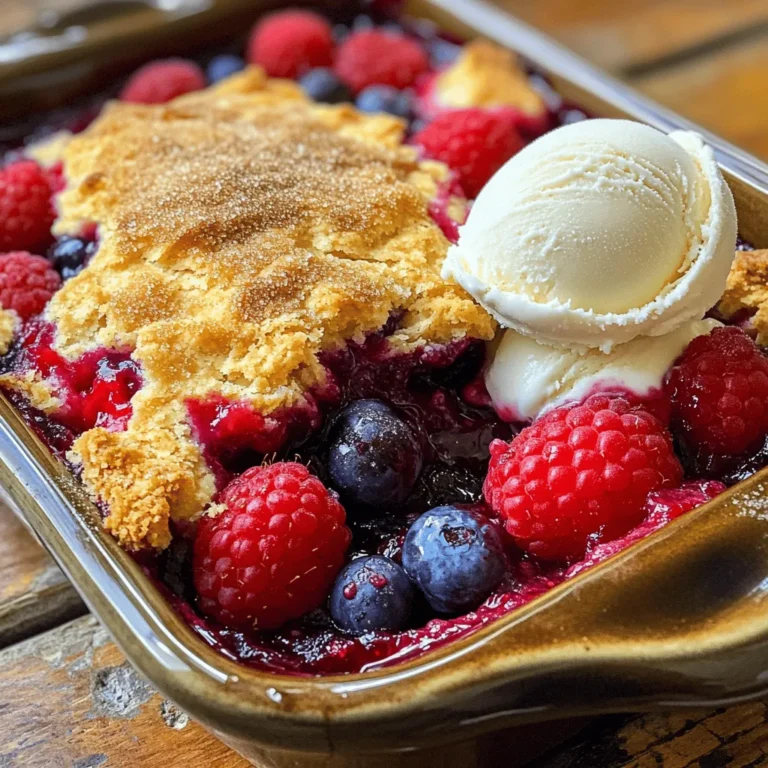 - 1 cup strawberries, hulled and quartered - 1 cup blueberries - 1 cup raspberries - 1/2 cup granulated sugar (adjust based on berry sweetness) - 1 tablespoon lemon juice - 1 teaspoon vanilla extract - 1 cup all-purpose flour - 1/2 cup unsweetened almond milk (or regular milk) - 1/2 cup unsalted butter, melted - 1 teaspoon baking powder - 1/2 teaspoon salt - 1 tablespoon brown sugar for topping - Pinch of cinnamon You can change some ingredients if needed. Here are a few easy swaps: - Alternative berries: Try blackberries, cherries, or mixed frozen berries. - Dairy-free options: Use coconut milk or oat milk in the batter. - Sweeteners: You can use honey, maple syrup, or coconut sugar instead of granulated sugar. Using fresh, ripe berries makes this cobbler shine. Adjust the sugar based on the berries' sweetness. If your berries taste sweet, use less sugar. The lemon juice adds a nice zing. It brightens the flavor. Vanilla extract gives warmth and richness. You can also make this cobbler your own. The almond milk keeps it light. If you prefer regular milk, that works too. Melted butter brings all the ingredients together. It creates a rich, tender batter. Baking powder helps the cobbler rise. Salt balances the sweetness. Don’t forget the brown sugar on top! It creates a lovely crust. A pinch of cinnamon adds warmth too. This dish is all about finding the right mix of flavors. Make it how you like, and enjoy! Start by mixing your berries in a bowl. Combine 1 cup of strawberries, 1 cup of blueberries, and 1 cup of raspberries. Add 1/2 cup of granulated sugar and 1 tablespoon of lemon juice. Toss everything gently so the berries get coated. This process helps the berries release their juices. Let them sit for about 10 minutes. This is called macerating. It makes the berries sweeter and adds flavor. In a separate bowl, mix the dry ingredients. Use 1 cup of all-purpose flour, 1 teaspoon of baking powder, 1/2 teaspoon of salt, and a pinch of cinnamon. Stir these together well. Next, add the wet ingredients. Pour in 1/2 cup of unsweetened almond milk and 1/2 cup of melted butter. Stir until just combined. The batter should be a bit lumpy. Avoid overmixing to keep it light. Now, take the berry mixture and pour it into a greased 8x8-inch baking dish. Spread it out evenly. Spoon the batter over the berries in dollops. Leave some berry mixture showing. This gives a nice look when baked. Then, sprinkle 1 tablespoon of brown sugar on top of the batter. Preheat your oven to 350°F (175°C) and bake for 35-40 minutes. Look for a golden brown top. A toothpick should come out clean when inserted in the center. Once done, let it cool for about 10 minutes before serving. To get the best texture for your cobbler, avoid overmixing the batter. Mix the wet and dry ingredients until they just come together. You want the batter to be a bit lumpy. This helps it rise and gives it a nice texture. For the baking dish, I recommend using an 8x8-inch glass or ceramic dish. These materials help the cobbler bake evenly. You can also use a cast-iron skillet for a rustic look and taste. Spices can add a new layer of taste. A pinch of nutmeg or cardamom brings warmth to the dish. Just a little goes a long way, so don’t overdo it. Flavored extracts can also boost your cobbler's taste. Try adding a splash of coconut or almond extract. These flavors blend well with the berries and make the dish even more delightful. Serving your cobbler warm is key. A scoop of vanilla ice cream or a dollop of whipped cream makes it extra special. The cold creaminess pairs perfectly with the warm berries. For garnishing, add a sprig of fresh mint on top. This adds color and freshness, making your cobbler look as good as it tastes. You can also sprinkle a bit of powdered sugar for a sweet touch. {{image_2}} You can mix different fruits to make your cobbler unique. Seasonal fruits like peaches, plums, or apples work well. Each fruit brings its own special taste. You can also add citrus zest, like lemon or orange. This small step adds a burst of flavor. Try mixing berries with a hint of citrus for a fresh twist. If you want a lighter dessert, reduce the sugar. You can use natural sweeteners like honey or maple syrup instead. They add sweetness without all the sugar. For gluten-free options, swap all-purpose flour for almond or oat flour. These flours give a nice texture and flavor, making the cobbler just as tasty. Serving styles can make your cobbler fun. You can create parfaits by layering cobbler with yogurt. This looks great and tastes amazing. Another idea is to make mini individual cobblers in ramekins. They are perfect for parties or special occasions. Everyone loves their own little dessert! To store leftover cobbler, let it cool completely. Place it in an airtight container. You can also cover it tightly with plastic wrap. This keeps it fresh and tasty. - Use glass or plastic containers with lids. - Avoid using metal containers, as they may react with the fruit. You can freeze your cobbler before or after baking. To freeze before baking, assemble the cobbler in a container. Cover it well with plastic wrap and foil. To freeze after baking, let it cool first. Then, cut it into pieces for easy serving. Wrap each piece tightly in plastic wrap and foil. - For best texture, freeze in a single layer. - When ready to eat, thaw it in the fridge overnight. Triple Berry Cobbler lasts about 3-4 days in the fridge. If you freeze it, it stays good for up to 3 months. Mark your containers with the date to keep track of freshness. Enjoy your cobbler at its best! Yes, you can use frozen berries. They work well in this recipe. When mixing, do not thaw them. Just toss them in with the sugar and lemon juice. This keeps them juicy and bright. You may need to bake a little longer. Watch for a bubbly filling and golden top. Reheat leftover cobbler in the oven for the best taste. Preheat your oven to 350°F (175°C). Place the cobbler in an oven-safe dish. Cover it with foil to keep it moist. Heat for about 15-20 minutes. You can also use the microwave. Just warm it for 30 seconds to 1 minute. Yes, this recipe can be vegan with a few swaps. Use almond milk or any plant-based milk. Replace the butter with coconut oil or vegan butter. For the sugar, ensure it is vegan-friendly. These changes keep the flavor and texture intact. Serve the cobbler warm for the best taste. Top it with a scoop of vanilla ice cream. You can also add whipped cream for extra creaminess. For a fresh touch, sprinkle some mint leaves on top. This makes the dessert even more delightful. For detailed instructions and more tips, check out the [Full Recipe]. This article covers how to make a delicious Triple Berry Cobbler, from ingredients to tips. You can mix berries, adjust sweetness, and swap ingredients to fit your needs. Assembling and baking the cobbler is easy with clear steps. Remember to store leftovers correctly for freshness. Enjoy it warm with ice cream for a real treat. Experiment with variations to keep it exciting. This recipe is fun and rewarding. You’ll love the burst of berry flavor in each bite. Happy baking!