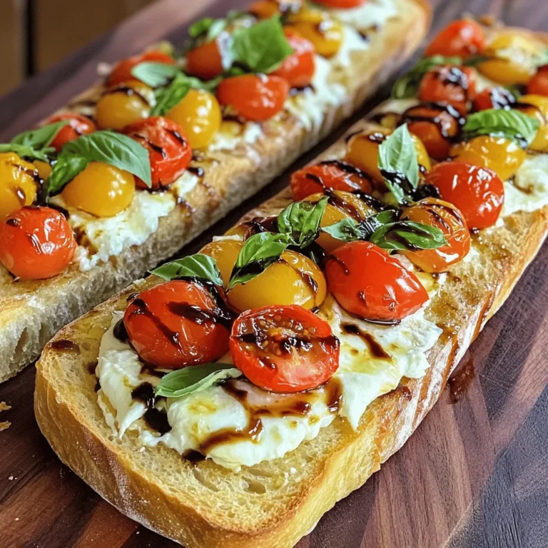 - 1 large baguette - 1/2 cup unsalted butter, softened - 4 cloves garlic, minced - 1 teaspoon dried oregano - Salt, to taste - 1 cup fresh mozzarella cheese, sliced - 1 cup cherry tomatoes, halved - 1/4 cup fresh basil leaves, chopped - 2 tablespoons balsamic glaze These ingredients form the heart of Caprese garlic bread. The baguette gives it a nice crunch. The garlic butter adds rich flavor. Fresh mozzarella melts beautifully, creating a creamy texture. Cherry tomatoes bring sweetness and color. Basil adds a fresh note, and balsamic glaze ties it all together with a tangy finish. You can add a few optional ingredients to elevate your Caprese garlic bread. Consider using: - Red pepper flakes for heat - Fresh garlic slices for more garlic flavor - A sprinkle of Parmesan cheese for a nutty touch - Prosciutto for a savory kick These extras can turn a great snack into a wow-factor dish. Just mix and match based on your taste. To make Caprese garlic bread, gather these kitchen tools: - Baking sheet - Mixing bowl - Knife for slicing - Spatula for spreading butter - Oven mitts for safety Having these tools ready makes the process smooth. You'll enjoy making this tasty snack even more. First, set your oven to 375°F (190°C). This temperature helps the bread cook evenly. While the oven heats, slice the large baguette in half, lengthwise. Place the halves cut side up on a baking sheet. This step makes it easy to spread the garlic butter. Now, grab a small bowl. Add the softened butter, minced garlic, dried oregano, and a pinch of salt. Mix well until everything combines nicely. The garlic butter gives your bread a rich taste. Make sure to spread this mixture generously over the cut sides of the baguette. Once your garlic butter is spread, put the baguette in the oven. Bake for about 10-12 minutes. Look for the edges to turn golden brown. This is the perfect time to take the bread out. Next, layer the fresh mozzarella slices evenly over both halves of the bread. Scatter the halved cherry tomatoes on top of the cheese. Now, return the bread to the oven. Bake for another 5-7 minutes until the cheese is melting and bubbly. When it’s done, remove the bread from the oven. Quickly sprinkle the chopped fresh basil over the top. Finally, drizzle the balsamic glaze across the bread. This adds a beautiful finish and lovely flavor. Slice the bread into pieces and serve warm. Enjoy your tasty snack! To make the garlic butter, start with softened butter. This helps mix it well. I use four cloves of minced garlic for a strong flavor. Add one teaspoon of dried oregano for some herb taste. A pinch of salt brings it all together. Mix until smooth. Spread it generously on the bread. Don’t hold back; the more, the better! To get that perfect crisp, preheat your oven to 375°F (190°C) before baking. Slice the baguette in half lengthwise. Place the bread cut side up on a baking sheet. Bake for 10-12 minutes. You want the edges golden brown. After that, add the mozzarella and cherry tomatoes. Bake again for 5-7 minutes until the cheese melts and bubbles. When the bread is ready, sprinkle fresh basil on top. This adds bright flavor and color. Drizzle balsamic glaze for a sweet finish. I like to serve it warm on a wooden cutting board. This makes it look rustic and inviting. You can also add a small bowl of balsamic glaze for dipping. Enjoy every bite! {{image_2}} You can switch up the cheese in Caprese garlic bread. Try provolone or goat cheese for a fresh taste. They melt well and add a nice twist. You can also use a blend of cheeses for more flavor. Mixing mozzarella with a sharp cheddar or Gruyère will surprise your taste buds. Each cheese brings its own charm, so have fun with it! If you want a filling meal, add protein to your garlic bread. Cooked chicken, pepperoni, or even prosciutto can work wonders. Just layer it on top of the cheese and tomatoes. This will give you a more satisfying bite. You can even use plant-based meats for a tasty option. Try adding a bit of cooked sausage for a savory kick. For a vegetarian version, simply stick to the original ingredients. You can still enjoy the fresh mozzarella and tomatoes. If you want a vegan twist, use vegan cheese. There are many great options that melt well. Replace the butter with vegan margarine for a smooth spread. You won't miss the dairy, and it will taste just as good! To store leftover Caprese garlic bread, wrap it tightly in plastic wrap. You can also place it in an airtight container. This keeps the bread fresh and stops it from getting hard. Make sure to store it in the fridge if you plan to eat it later. It will stay good for about three days. When you want to reheat your garlic bread, the oven works best. Preheat your oven to 350°F (175°C). Place the bread on a baking sheet and cover it with foil. This keeps the bread soft while it heats. Bake for about 10-15 minutes, or until warm. You can also use a toaster oven for a quick fix. Just be careful not to burn it! If you want to save your Caprese garlic bread for longer, you can freeze it. First, let it cool completely. Wrap the bread in plastic wrap and then in aluminum foil. This helps prevent freezer burn. You can freeze it for up to three months. When you’re ready to eat it, take it out and let it thaw in the fridge overnight. Then, reheat it in the oven for the best taste. Enjoy your tasty snack later! Yes, you can prepare the garlic butter mix ahead. Just store it in the fridge. You can also slice the baguette and gather the toppings. When you are ready to bake, spread the garlic butter and add the toppings. Bake it fresh for the best taste. Caprese Garlic Bread pairs well with many dishes. It is great with a fresh salad. You can also serve it with pasta or soup. A glass of red wine makes a nice touch too. It’s a tasty side that adds flavor to any meal. To make this dish gluten-free, use gluten-free bread. Look for baguettes made from rice or almond flour. Ensure all toppings are gluten-free too. Check the labels on cheese and sauces. This way, everyone can enjoy the dish without worry. Caprese garlic bread offers a delightful mix of flavors and textures. We explored key ingredients, from garlic butter to fresh herbs. The step-by-step guide makes cooking easy and fun. Tips help you perfect the dish, while variations allow you to customize to your taste. Proper storage ensures you enjoy leftovers later on. Now, you can make this tasty treat confidently. Try it soon and impress your friends and family!
