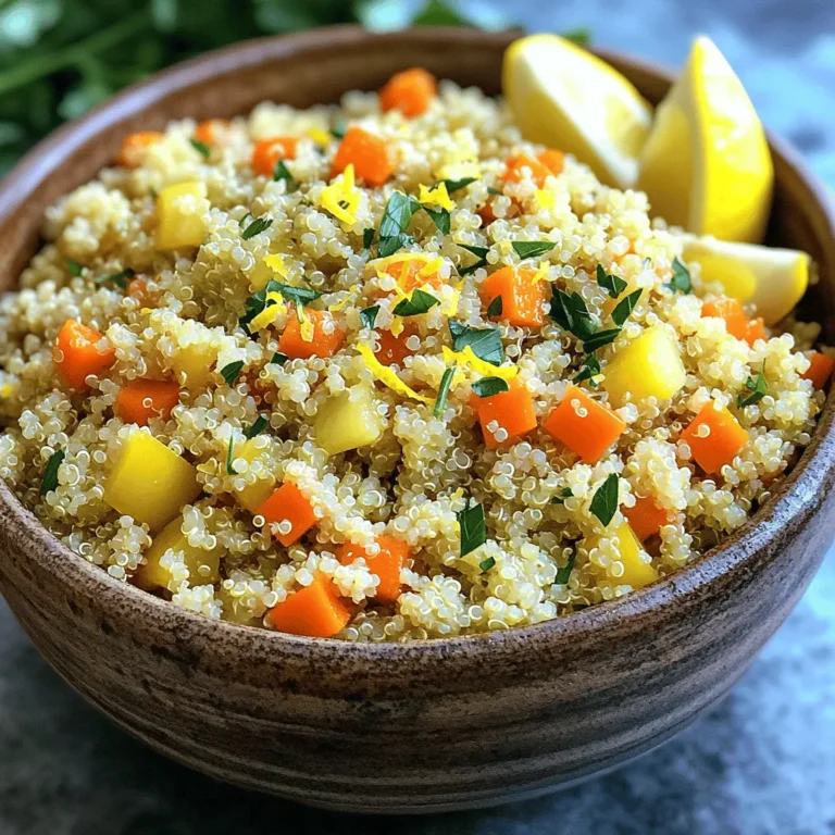 - 1 cup quinoa, rinsed - 2 cups vegetable broth - 1 tablespoon olive oil - 1 small onion, finely chopped - 2 cloves garlic, minced - 1 cup carrots, diced (about 2 medium) - 1 cup bell pepper, diced (any color) - 1 teaspoon dried oregano - 1 teaspoon dried thyme - Zest of 1 lemon - 2 tablespoons fresh lemon juice - Salt and pepper to taste - ¼ cup fresh parsley, chopped You need quinoa as the base for this dish. It cooks up light and fluffy. The vegetable broth brings great taste. Olive oil helps cook the veggies and adds richness. Onions and garlic give a strong flavor. Carrots and bell peppers add color and crunch. Dried oregano and thyme bring a hint of herbs. Lemon zest and juice brighten the dish. Finally, parsley gives a fresh finish. - ½ cup peas (fresh or frozen) - ¼ cup feta cheese, crumbled - ½ teaspoon red pepper flakes If you want to change things up, add peas for extra sweetness. Feta cheese adds a creamy, salty touch. Red pepper flakes will give your pilaf a bit of heat. These ingredients make the dish more fun and tasty. Each serving of this pilaf has about: - Calories: 180 - Protein: 6g - Carbohydrates: 30g - Fiber: 4g - Fat: 4g This dish is healthy and filling. It gives you protein and fiber, making it great for any meal. Plus, it’s low in fat, so you can enjoy it guilt-free. Start by rinsing 1 cup of quinoa under cold water. This step helps remove any bitter taste. Next, bring 2 cups of vegetable broth to a boil in a medium saucepan. Once boiling, add the rinsed quinoa. Lower the heat to a simmer, cover the pot, and let it cook for about 15 minutes. After the broth absorbs, take it off the heat and let it sit covered for 5 more minutes. Finally, fluff the quinoa with a fork, and it’s ready for the next step. In a large skillet, heat 1 tablespoon of olive oil over medium heat. Add 1 small, finely chopped onion. Sauté it for 3-4 minutes until it turns translucent. Stir in 2 minced garlic cloves and cook for 1 minute. Be careful not to burn the garlic! Next, toss in 1 cup of diced carrots and 1 cup of diced bell pepper. Sauté these veggies for 5-7 minutes until they soften and smell amazing. Now, it’s time to bring everything together. Add the cooked quinoa to the skillet with the vegetables. Sprinkle in 1 teaspoon each of dried oregano and dried thyme. Don’t forget the zest of 1 lemon and 2 tablespoons of fresh lemon juice for that zing! Stir well until the mixture is hot and everything is combined. Season with salt and pepper to taste. Just before serving, fold in ¼ cup of chopped fresh parsley for a fresh touch. Enjoy your flavorful Lemon Herb Quinoa Pilaf! To cook quinoa well, always rinse it first. This step removes the bitter coating called saponin. Use a ratio of 1 cup quinoa to 2 cups vegetable broth. Bring the broth to a boil, then add the quinoa. Lower the heat, cover, and let it simmer for 15 minutes. After the broth absorbs, let the quinoa rest for 5 minutes. Fluff it up with a fork to get that light texture. You can swap herbs to suit your taste. If you don't have oregano, try basil or dill. For thyme, you can use rosemary for a stronger flavor. Don't hesitate to mix fresh herbs, like cilantro or chives, into the dish for extra zest. A hint of spice can come from adding crushed red pepper flakes. Experimenting with flavors makes cooking fun! Serve the lemon herb quinoa pilaf in a large bowl for a beautiful presentation. Top it with extra chopped parsley and a sprinkle of lemon zest. You can add lemon wedges on the side. This adds a fresh burst of flavor for each bite. Pair it with grilled chicken or fish for a complete meal, or enjoy it as a light main dish. {{image_2}} You can boost the protein in your lemon herb quinoa pilaf easily. Adding cooked chicken, shrimp, or chickpeas works well. For chicken, use grilled or roasted pieces for extra flavor. If you like seafood, sauté shrimp until pink and mix them in. For a plant-based option, toss in canned chickpeas for a hearty touch. Each protein adds its own unique taste, making your dish more filling. This pilaf is already vegetarian, but you can easily make it vegan. Just ensure your vegetable broth has no animal products. Use olive oil instead of butter for cooking. You can add tofu or tempeh for protein. They soak up the lemon flavor and add a nice texture. This way, everyone can enjoy the dish, whether they eat meat or not. You can customize the vegetables in your pilaf to suit your taste. Try using zucchini, peas, or corn instead of carrots and bell peppers. Each veggie brings a new flavor and texture. You can even use frozen vegetables for quick prep. Just remember to adjust cooking times. Mixing different colors makes your dish look beautiful, too! To store your lemon herb quinoa pilaf, let it cool first. Place it in an airtight container. This keeps moisture in and prevents drying out. Label the container with the date. You can keep it in the fridge for up to four days. Reheating is easy. Use the microwave for quick warmth. Place your pilaf in a bowl. Add a splash of water to keep it moist. Cover it with a damp paper towel. Heat in short bursts to avoid overheating. Stir halfway through for even warmth. You can also reheat in a skillet. Add a little olive oil and warm it on low heat. Freezing is a great way to save leftovers. Portion the pilaf in freezer-safe bags or containers. Remove as much air as possible. Label each bag with the date. You can freeze it for up to three months. When ready to eat, thaw in the fridge overnight. Reheat as directed above. Enjoy your delicious pilaf anytime! Yes, you can use chicken broth. It will add a richer flavor. Many chefs prefer chicken broth for its taste. If you want a vegetarian option, stick with vegetable broth. Both options work well in this dish. The pilaf lasts about three to five days in the fridge. Store it in an airtight container for best results. Just reheat it on the stove or in the microwave. If it looks dry, add a splash of water before heating. Yes, quinoa is gluten-free. This makes it a great choice for those with gluten allergies. Quinoa is a healthy grain filled with protein and fiber. You can enjoy it without worry if you avoid gluten. Lemon herb quinoa pilaf is easy to make and full of flavor. We explored key ingredients, step-by-step cooking, and helpful tips to ensure success. You can add proteins or veggies to make it your own. Proper storage helps extend the life of your pilaf. You learned that quinoa is a great gluten-free option. Enjoy making this dish, and have fun experimenting with the flavors. Your kitchen will shine with fresh, tasty meals!