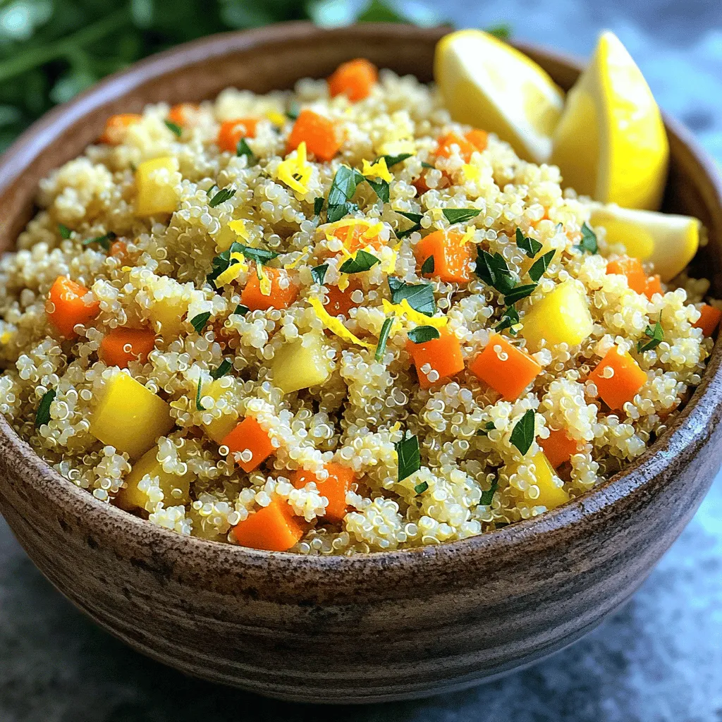 - 1 cup quinoa, rinsed - 2 cups vegetable broth - 1 tablespoon olive oil - 1 small onion, finely chopped - 2 cloves garlic, minced - 1 cup carrots, diced (about 2 medium) - 1 cup bell pepper, diced (any color) - 1 teaspoon dried oregano - 1 teaspoon dried thyme - Zest of 1 lemon - 2 tablespoons fresh lemon juice - Salt and pepper to taste - ¼ cup fresh parsley, chopped You need quinoa as the base for this dish. It cooks up light and fluffy. The vegetable broth brings great taste. Olive oil helps cook the veggies and adds richness. Onions and garlic give a strong flavor. Carrots and bell peppers add color and crunch. Dried oregano and thyme bring a hint of herbs. Lemon zest and juice brighten the dish. Finally, parsley gives a fresh finish. - ½ cup peas (fresh or frozen) - ¼ cup feta cheese, crumbled - ½ teaspoon red pepper flakes If you want to change things up, add peas for extra sweetness. Feta cheese adds a creamy, salty touch. Red pepper flakes will give your pilaf a bit of heat. These ingredients make the dish more fun and tasty. Each serving of this pilaf has about: - Calories: 180 - Protein: 6g - Carbohydrates: 30g - Fiber: 4g - Fat: 4g This dish is healthy and filling. It gives you protein and fiber, making it great for any meal. Plus, it’s low in fat, so you can enjoy it guilt-free. Start by rinsing 1 cup of quinoa under cold water. This step helps remove any bitter taste. Next, bring 2 cups of vegetable broth to a boil in a medium saucepan. Once boiling, add the rinsed quinoa. Lower the heat to a simmer, cover the pot, and let it cook for about 15 minutes. After the broth absorbs, take it off the heat and let it sit covered for 5 more minutes. Finally, fluff the quinoa with a fork, and it’s ready for the next step. In a large skillet, heat 1 tablespoon of olive oil over medium heat. Add 1 small, finely chopped onion. Sauté it for 3-4 minutes until it turns translucent. Stir in 2 minced garlic cloves and cook for 1 minute. Be careful not to burn the garlic! Next, toss in 1 cup of diced carrots and 1 cup of diced bell pepper. Sauté these veggies for 5-7 minutes until they soften and smell amazing. Now, it’s time to bring everything together. Add the cooked quinoa to the skillet with the vegetables. Sprinkle in 1 teaspoon each of dried oregano and dried thyme. Don’t forget the zest of 1 lemon and 2 tablespoons of fresh lemon juice for that zing! Stir well until the mixture is hot and everything is combined. Season with salt and pepper to taste. Just before serving, fold in ¼ cup of chopped fresh parsley for a fresh touch. Enjoy your flavorful Lemon Herb Quinoa Pilaf! To cook quinoa well, always rinse it first. This step removes the bitter coating called saponin. Use a ratio of 1 cup quinoa to 2 cups vegetable broth. Bring the broth to a boil, then add the quinoa. Lower the heat, cover, and let it simmer for 15 minutes. After the broth absorbs, let the quinoa rest for 5 minutes. Fluff it up with a fork to get that light texture. You can swap herbs to suit your taste. If you don't have oregano, try basil or dill. For thyme, you can use rosemary for a stronger flavor. Don't hesitate to mix fresh herbs, like cilantro or chives, into the dish for extra zest. A hint of spice can come from adding crushed red pepper flakes. Experimenting with flavors makes cooking fun! Serve the lemon herb quinoa pilaf in a large bowl for a beautiful presentation. Top it with extra chopped parsley and a sprinkle of lemon zest. You can add lemon wedges on the side. This adds a fresh burst of flavor for each bite. Pair it with grilled chicken or fish for a complete meal, or enjoy it as a light main dish. {{image_2}} You can boost the protein in your lemon herb quinoa pilaf easily. Adding cooked chicken, shrimp, or chickpeas works well. For chicken, use grilled or roasted pieces for extra flavor. If you like seafood, sauté shrimp until pink and mix them in. For a plant-based option, toss in canned chickpeas for a hearty touch. Each protein adds its own unique taste, making your dish more filling. This pilaf is already vegetarian, but you can easily make it vegan. Just ensure your vegetable broth has no animal products. Use olive oil instead of butter for cooking. You can add tofu or tempeh for protein. They soak up the lemon flavor and add a nice texture. This way, everyone can enjoy the dish, whether they eat meat or not. You can customize the vegetables in your pilaf to suit your taste. Try using zucchini, peas, or corn instead of carrots and bell peppers. Each veggie brings a new flavor and texture. You can even use frozen vegetables for quick prep. Just remember to adjust cooking times. Mixing different colors makes your dish look beautiful, too! To store your lemon herb quinoa pilaf, let it cool first. Place it in an airtight container. This keeps moisture in and prevents drying out. Label the container with the date. You can keep it in the fridge for up to four days. Reheating is easy. Use the microwave for quick warmth. Place your pilaf in a bowl. Add a splash of water to keep it moist. Cover it with a damp paper towel. Heat in short bursts to avoid overheating. Stir halfway through for even warmth. You can also reheat in a skillet. Add a little olive oil and warm it on low heat. Freezing is a great way to save leftovers. Portion the pilaf in freezer-safe bags or containers. Remove as much air as possible. Label each bag with the date. You can freeze it for up to three months. When ready to eat, thaw in the fridge overnight. Reheat as directed above. Enjoy your delicious pilaf anytime! Yes, you can use chicken broth. It will add a richer flavor. Many chefs prefer chicken broth for its taste. If you want a vegetarian option, stick with vegetable broth. Both options work well in this dish. The pilaf lasts about three to five days in the fridge. Store it in an airtight container for best results. Just reheat it on the stove or in the microwave. If it looks dry, add a splash of water before heating. Yes, quinoa is gluten-free. This makes it a great choice for those with gluten allergies. Quinoa is a healthy grain filled with protein and fiber. You can enjoy it without worry if you avoid gluten. Lemon herb quinoa pilaf is easy to make and full of flavor. We explored key ingredients, step-by-step cooking, and helpful tips to ensure success. You can add proteins or veggies to make it your own. Proper storage helps extend the life of your pilaf. You learned that quinoa is a great gluten-free option. Enjoy making this dish, and have fun experimenting with the flavors. Your kitchen will shine with fresh, tasty meals!