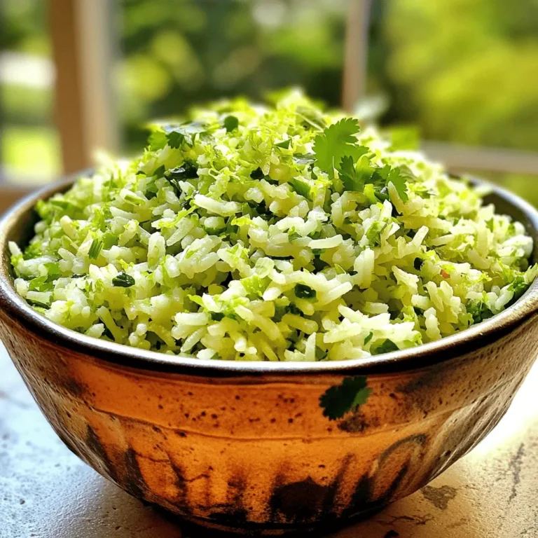 To make this tasty dish, you need a few key items: - 1 cup long-grain white rice - 2 cups vegetable broth (or water) - 1 tablespoon olive oil - 1 teaspoon salt - Juice of 2 limes - Zest of 1 lime - 1/2 cup fresh cilantro, chopped - 1 clove garlic, minced These ingredients form the base of the rice. The lime juice and zest give it a bright flavor. The cilantro adds freshness that makes each bite special. You can spice things up with these extras: - 1 small jalapeño, finely chopped (for heat) Adding jalapeño gives the rice a nice kick. If you like mild flavors, you can skip this. Each person can enjoy the rice as they prefer. If you want to mix things up, here are some swaps you can make: - Use brown rice instead of white for a healthier touch. - Swap vegetable broth for chicken broth for a richer taste. - Try lime juice from a bottle if fresh limes are not available. These substitutions can change the dish's taste. Feel free to experiment based on what you have at home. First, rinse the rice under cold water. Use a fine mesh strainer for this. Keep rinsing until the water runs clear. This step helps remove excess starch. The result is fluffy rice. After rinsing, set the rice aside to drain. Next, grab a medium saucepan. Heat up one tablespoon of olive oil over medium heat. When hot, add one clove of minced garlic. Sauté the garlic for about thirty seconds. You want it to smell great but not burn. After that, add the drained rice to the saucepan. Toast the rice for two to three minutes. Stir it occasionally until it turns lightly golden. This adds a nice nutty flavor. Now it's time to cook the rice. Pour in two cups of vegetable broth or water. Add one teaspoon of salt to enhance flavor. Bring the mixture to a boil. Once it starts boiling, reduce the heat to low. Cover the saucepan and let the rice simmer for eighteen to twenty minutes. Check that all the liquid is absorbed. After cooking, remove it from heat and let it sit, covered, for five minutes. This helps the rice finish cooking. Now for the fun part! Add the juice of two limes and the zest of one lime. Then, mix in half a cup of chopped cilantro. If you like heat, add a finely chopped jalapeño. Fluff the rice with a fork until everything is well combined. Taste it to see if you need more lime juice or salt. Adjust it as you like. Enjoy your flavorful cilantro lime rice! To get fluffy rice, rinse it first. Rinse the rice under cold water until the water runs clear. This removes excess starch, which can make the rice sticky. Next, toast the rice in olive oil. This adds a nice nutty flavor. Cook it for two to three minutes until it's golden. When you add the broth, use the right ratio. For every cup of rice, use two cups of liquid. Let it simmer covered, and don't lift the lid too soon. This keeps the steam locked in. You can make this dish ahead of time. Cook the rice as usual, then let it cool. Store it in an airtight container in the fridge. It can stay fresh for three to four days. When you’re ready to serve, add lime juice, zest, and cilantro. Reheat it gently in a saucepan or microwave. If it seems dry, add a splash of broth or water. This keeps it moist and tasty. Using different broths can change the flavor. Vegetable broth works great, but you can try chicken broth for more depth. For a richer taste, use coconut oil instead of olive oil. It adds a nice hint of sweetness. You can even mix in some spices. A pinch of cumin or a dash of paprika can bring a new twist. Don’t be afraid to experiment! Each change can lead to a new favorite dish. {{image_2}} To make a vegan cilantro lime rice, use vegetable broth. It gives the rice a rich flavor. The other ingredients remain the same. You still have lime, cilantro, and garlic. This dish stays fresh and vibrant. It matches well with beans or veggies. Plus, it’s perfect for taco nights! If you need a gluten-free option, this recipe is perfect. Just ensure your vegetable broth is gluten-free. The rice itself is naturally gluten-free. Enjoy it as a side with grilled meats or fish. You can also pair it with a fresh salad. For a spicy kick, add finely chopped jalapeño. Mix it in when you add the lime and cilantro. This adds heat and depth to the dish. Adjust the amount based on your heat preference. It’s great for those who love a bit of spice. Serve it alongside grilled chicken or fish for a flavorful meal. To keep your cilantro lime rice fresh, let it cool first. Use an airtight container for storage. This helps retain moisture and flavor. You can store it in the fridge for about three to four days. If you notice any off smells or discoloration, it's best to toss it out. When you’re ready to enjoy your rice again, reheat it gently. Use a microwave-safe bowl and add a splash of water. Cover it with a lid or a damp paper towel. Heat in short bursts, stirring in between. This method helps keep the rice moist and tasty. You can also reheat it on the stove. Just add a little broth or water in a skillet. Stir until warm, and it will taste almost fresh. If you want to save some rice for later, freezing is a great option. Let the rice cool completely before freezing. Portion it into freezer-safe bags or containers. Make sure to remove as much air as possible from the bags. Cilantro lime rice can last up to three months in the freezer. When you’re ready to eat it, thaw it in the fridge overnight before reheating. This way, you’ll have a quick, flavorful side dish ready whenever you need it! You can pair Cilantro Lime Rice with many dishes. It goes great with grilled chicken or fish. Tacos also make a good match. For a vegetarian option, try it with black beans or roasted veggies. It adds a fresh flavor to any meal. You can even use it as a base for burrito bowls. The zesty rice lifts the whole dish. Yes, you can make this rice without cilantro. If you dislike cilantro, try fresh parsley instead. This will still give you a nice green color. You can also add other herbs like basil or mint. While the flavor changes, it will still taste great. Cilantro Lime Rice stays fresh for about 4 to 5 days in the fridge. Store it in an airtight container for best results. Make sure it cools down before you put it away. If you notice any off smell or color, it’s best to throw it out. Yes, you can make Cilantro Lime Rice in a rice cooker. Just rinse the rice as usual. Add the rice, broth, salt, and minced garlic to the cooker. Follow your rice cooker’s instructions for cooking time. Once done, add the lime juice, zest, and cilantro. Fluff it up, and enjoy! Cilantro lime rice is easy to make with a few key ingredients. You can get creative with optional flavors and substitutions. I provided simple steps, along with tips for fluffy rice and storing leftovers. Whether you want spicy, vegan, or gluten-free options, there’s a version for everyone. Remember, this dish pairs well with many meals. Try making it ahead for quick serving. With these insights, you can master cilantro lime rice today!