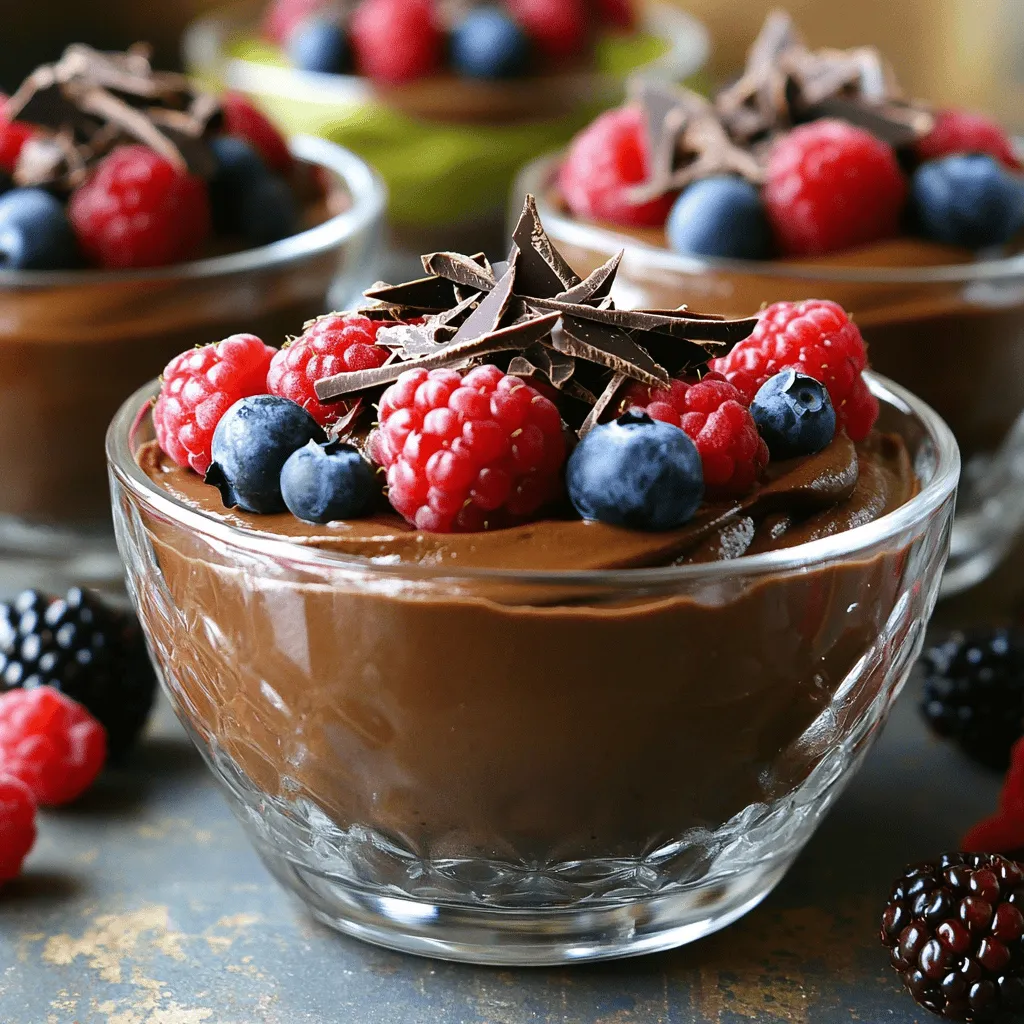 For this Vegan Chocolate Avocado Mousse, you will need a few simple items. Each ingredient plays a key role in making this dessert rich and creamy. - 2 ripe avocados, peeled and pitted - 1/3 cup unsweetened cocoa powder - 1/4 cup almond milk (or any plant-based milk of choice) - 1/4 cup maple syrup (or agave syrup) - 1 teaspoon vanilla extract - A pinch of sea salt - Fresh berries (for garnish) - Shaved dark chocolate (for garnish) Ripe avocados are the star of this dish. They give the mousse its creamy texture. The unsweetened cocoa powder adds a deep chocolate flavor. I love using almond milk, but feel free to pick any plant-based milk you enjoy. Maple syrup or agave syrup sweetens the mousse without being too heavy. A touch of vanilla extract enhances the flavor. Don’t forget the sea salt! It balances the sweetness. You can also top your mousse with fresh berries and shaved dark chocolate. These garnishes make the dessert look beautiful and taste even better! 1. Blending the ingredients: Start by placing the ripe avocados in your blender. Add unsweetened cocoa powder, almond milk, maple syrup, vanilla extract, and a pinch of sea salt. Blend on high speed. Make sure the mix is smooth and creamy. Stop to scrape down the sides if needed. 2. Adjusting sweetness: After blending, taste the mousse. If you want it sweeter, add more maple syrup. Blend again until mixed well. 3. Transfer to serving bowls: Once the mousse is silky, use a spatula to scoop it into individual serving bowls. This step makes for easy cleanup. 1. Refrigeration time: Place the bowls in the fridge. Let the mousse chill for at least 30 minutes. This helps it set and become even creamier. 2. Garnishing options: Before serving, add fresh berries on top. You can also sprinkle shaved dark chocolate for a nice finish. This adds a pop of color and extra flavor. Choosing the right avocados Pick avocados that feel slightly soft when you squeeze them. They should not be too hard. Look for a dark green color on the skin. If they are too ripe, they may taste off. I like to buy avocados a few days before I need them. This way, they ripen perfectly. Blending techniques Use a high-speed blender or food processor for the smoothest texture. Start blending at a low speed, then increase it gradually. Scrape the sides often to mix all the ingredients well. This helps avoid any lumps and gets that creamy texture we want. If it feels too thick, add a bit more almond milk to help it blend smoothly. Over blending Be careful not to blend for too long. If you do, the mousse can become too airy and lose its rich, dense feel. Blend just until smooth and creamy. This keeps the mousse thick and satisfying. Using ripe avocados Always use ripe avocados. Unripe ones can make your mousse taste bitter and grainy. If you accidentally pick an unripe avocado, you can place it in a brown paper bag. This helps it ripen faster! {{image_2}} You can make this vegan chocolate avocado mousse even more exciting. Adding different extracts can give the mousse a unique twist. Almond extract adds a nice nutty flavor. Mint extract brings a refreshing taste. Just add a few drops to your mixture before blending. Incorporating spices can also enhance the flavor. A pinch of cinnamon can give warmth. For a little heat, try a dash of cayenne pepper. These small changes can make a big difference in taste. If you have nut allergies, you can still enjoy this mousse. Use oat milk or soy milk instead of almond milk. Both work well and keep the mousse creamy. For those reducing sugar intake, you can swap maple syrup for a sugar-free sweetener. Stevia or monk fruit sweetener are great choices. They provide sweetness without the extra sugar. Just be sure to adjust the amount, as some are sweeter than sugar. To keep your vegan chocolate avocado mousse fresh, store any leftovers in the fridge. Use an airtight container. This prevents the mousse from absorbing other smells and keeps it creamy. You can also cover the surface with plastic wrap. This reduces air exposure and helps maintain its texture. Your mousse will stay good in the fridge for about three days. Just check for any changes in smell or texture before eating. If you want to save it longer, you can freeze the mousse. Scoop it into a freezer-safe container, leaving space for it to expand. It can last up to two months in the freezer. When you are ready to eat it, thaw it in the fridge overnight. After thawing, stir it well before serving to regain its creamy texture. Is it possible to make it without avocados? No, avocados are key for this mousse. They give it a creamy texture. If you skip them, the mousse won't be smooth. You might try silken tofu instead, but it will taste different. Can I use a different sweetener? Yes, you can use other sweeteners. Agave syrup works well as a substitute. You could also try dates or coconut sugar. Just remember to blend them until smooth. Adjust the amount to your taste. How do I know if my mousse is set? You can tell your mousse is set by feeling its texture. It should feel firm yet still soft. After chilling for at least 30 minutes, check its consistency. If it holds shape, it's ready to serve! This blog post covers everything you need to make vegan chocolate avocado mousse. You learned about the simple ingredients, step-by-step instructions, and tips to perfect your mousse. We explored tasty variations and how to store leftovers. Remember, using ripe avocados is key for the best flavor. Don't hesitate to experiment with different sweeteners or flavors. As you make this treat, enjoy the process and share it with others. You’ll love the taste and health benefits of this delightful dessert!