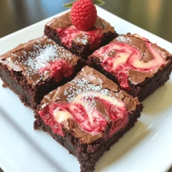 - 1/2 cup unsalted butter - 1 cup granulated sugar - 2 large eggs - 1 teaspoon vanilla extract - 1/3 cup unsweetened cocoa powder - 1/2 cup all-purpose flour - 1/4 teaspoon salt - 1/4 teaspoon baking powder - 8 oz cream cheese, softened - 1/4 cup granulated sugar - 1 large egg - 1 teaspoon vanilla extract - 1/2 cup fresh or frozen raspberries To make Raspberry Cheesecake Swirl Brownies, you need two sets of ingredients. For the brownie base, start with unsalted butter. This fat gives the brownies a rich flavor. You will also need granulated sugar to sweeten the mix. Eggs bind all the ingredients together, while vanilla extract adds a warm aroma. Cocoa powder brings in the chocolate taste. All-purpose flour gives the brownies their structure. A little salt and baking powder help balance the flavors and create a nice rise. For the raspberry cheesecake swirl, cream cheese is key. It creates the smooth, creamy layer. Sugar sweetens the cream cheese, while an egg gives it body. Vanilla extract adds depth, and the fresh or frozen raspberries provide a burst of fruity flavor. Gather these items, and you’re ready to bake something truly special! First, set your oven to 350°F (175°C). This is the perfect heat for baking. Next, take an 8x8-inch baking pan. Grease it well with butter or oil. Then, line the bottom and sides with parchment paper. This makes it easy to lift out the brownies later. In a medium saucepan, melt 1/2 cup of unsalted butter over low heat. Once it melts, remove the pan from the heat. Stir in 1 cup of granulated sugar. Add 2 large eggs and 1 teaspoon of vanilla extract. Mix until everything is well combined. In a separate bowl, sift together 1/3 cup cocoa powder, 1/2 cup flour, 1/4 teaspoon salt, and 1/4 teaspoon baking powder. Gradually add the dry mix to the wet mix. Stir until just combined; do not overmix. Now, let’s prepare the raspberry cheesecake mix. In a mixing bowl, beat 8 oz of softened cream cheese until smooth. Add 1/4 cup of granulated sugar, 1 large egg, and 1 teaspoon of vanilla extract. Mix until creamy. Gently fold in 1/2 cup of fresh raspberries. Do not mix too much; you want to keep some of the raspberries whole. Pour half of the brownie batter into your prepared pan. Spread it evenly. Spoon dollops of the raspberry cheesecake mixture on top. Then, add the rest of the brownie batter over the cheesecake layer. To create swirls, use a knife or toothpick. Gently swirl the cheesecake into the brownie batter. This gives a nice marbled look. Bake the brownies for 25 to 30 minutes. Check for doneness by inserting a toothpick in the center. It should come out with a few moist crumbs, not wet batter. Once baked, allow the brownies to cool in the pan for about 15 minutes. After that, lift them out using the parchment paper. Finally, slice the brownies into squares and enjoy! To get the best brownies, avoid overmixing. When you mix too much, the brownies can turn out tough. Just stir until the dry and wet ingredients blend. This keeps them soft and chewy. Choosing the right baking pan is also key. I recommend using an 8x8-inch pan for even baking. A glass or light metal pan works well. Dark pans can cook the edges too fast. Swirling techniques can make or break your brownies. Use a knife or toothpick to gently mix the raspberry cheesecake layer. Don’t stir it all in; you want pretty swirls, not a pink batter. Try using different types of raspberries for unique flavors. Fresh raspberries give a bright taste. If you use frozen ones, make sure they are thawed and drained. This helps keep the batter from getting too wet. For serving, place the brownies on a white plate. This makes the raspberry swirls pop! You can dust them with powdered sugar for a fancy touch. Adding a dollop of whipped cream on the side gives a nice contrast. You can also use fresh raspberries as a garnish. This adds color and makes your dessert look even better. {{image_2}} You can switch things up in many fun ways. Try making chocolate raspberry cheesecake brownies. Just add melted chocolate to the brownie base. It brings a rich twist to the classic flavor. You can also use other fruits. Strawberries and blueberries make tasty options too. Simply swap out the raspberries for your choice. These fruits will change the taste and colors, making each batch unique. If you need gluten-free brownies, substitute regular flour with almond or coconut flour. This change keeps the texture nice and light. For a vegan version, use flax eggs instead of regular eggs and dairy-free cream cheese. These simple swaps keep your brownies delicious while meeting your dietary needs. Get creative with seasonal fruits. In summer, peaches or cherries can add a fresh and juicy twist. In winter, think about spiced apples or cranberries for a festive flavor. You can also decorate your brownies for the holidays. Add sprinkles or edible glitter to make them extra special. These fun touches can brighten up any dessert table. To keep your raspberry cheesecake swirl brownies fresh, use airtight containers. Glass or plastic containers work well. For short-term storage, keep brownies at room temperature for up to three days. If you want them to last longer, store them in the fridge. They will stay good for about a week there. Freezing brownies is easy and keeps them tasty. First, let the brownies cool completely. Then, wrap them tightly in plastic wrap. You can also use aluminum foil for extra protection. Place the wrapped brownies in a freezer bag or container. They can stay frozen for up to three months. To thaw, just take them out and leave them at room temperature for a few hours. You can also heat them in the microwave for a quick treat. In the fridge, your brownies last about a week. Check for signs of spoilage. If they smell off or have mold, it's time to toss them. Fresh brownies should feel moist and have a nice chocolate aroma. Enjoy them while they are still delicious! You can use several options for the cheesecake mix. Here are some great alternatives: - Greek yogurt: Use plain, full-fat for best results. - Ricotta cheese: Blend until smooth for a creamy texture. - Mascarpone: This adds richness and a slight sweetness. - Vegan cream cheese: A great dairy-free choice for a similar taste. Each alternative will give a different flavor and texture, so choose what you like best. Yes, you can make these brownies in advance! Here are some helpful tips: - Bake the brownies and let them cool completely. - Store them in an airtight container at room temperature for up to three days. - You can also refrigerate them for about a week. - For longer storage, freeze them. Wrap brownies tightly in plastic wrap, then in foil. When ready to eat, thaw them in the fridge overnight or at room temp. To check if brownies are done, look for these signs: - The edges should pull away from the pan slightly. - The center should look set but still soft. - A toothpick inserted should come out with a few moist crumbs, not wet batter. The toothpick test is your best friend. Insert it in the center and check carefully! In this article, we explored how to make delicious raspberry cheesecake swirl brownies. We covered the key ingredients, step-by-step instructions, helpful tips, and variations to match your taste. Remember to choose fresh raspberries for the best swirl. You can also try different flavors or dietary options for fun twists. With proper storage, these brownies can last long, keeping your treats fresh. Enjoy making these sweet delights and share them with friends!
