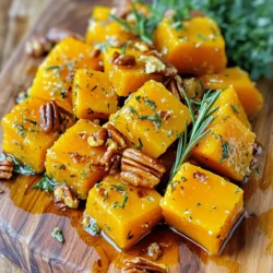 - Butternut squash: This squash is sweet and creamy. It is easy to peel and cube. Look for one that feels heavy for its size. The skin should be smooth and firm. - Olive oil: This oil helps the squash roast well. It adds flavor and helps spices stick. Use extra virgin olive oil for the best taste. - Herbs and spices: Fresh rosemary and thyme give a great earthy taste. Garlic powder adds depth. Smoked paprika brings a hint of warmth and a nice color. - Maple syrup: A drizzle adds sweetness. It balances the savory flavors of the squash. - Nuts: Chopped pecans or walnuts add crunch. They make the dish more interesting. Toast them for extra flavor. - Garnish suggestions: Fresh parsley brightens the dish. It adds a pop of color and freshness. You can also use pomegranate seeds for a festive touch. First, peel the butternut squash. Use a sharp knife to cut it safely. Next, cut the squash into small cubes. Aim for uniform pieces, about one inch each. This helps them cook evenly. Place the cubes in a large bowl. Now, let’s combine the ingredients. Add three tablespoons of olive oil to the bowl. Then sprinkle in two teaspoons of fresh rosemary and two teaspoons of fresh thyme. Also, add one teaspoon of garlic powder and one teaspoon of smoked paprika. Don’t forget salt and pepper to taste. Toss everything together until the squash is well coated. If you like sweetness, drizzle one tablespoon of maple syrup and mix again. Preheat your oven to 425°F (220°C). This temperature helps to caramelize the squash. Spread the seasoned squash in a single layer on a large baking sheet. Use parchment paper to prevent sticking. Roast the squash for about 25-30 minutes. Halfway through, toss the cubes to ensure even cooking. You want them tender and caramelized. To achieve that nice caramelization, watch the edges. They should turn golden brown. This adds great flavor to your dish. About five minutes before the squash is done, sprinkle chopped pecans or walnuts on top. This will add a nice crunch. Let them toast lightly in the oven. Once everything is ready, take it out and let it cool for a minute. For serving, transfer the squash to a pretty platter. Add fresh parsley on top for color. You can also drizzle a little extra olive oil or balsamic glaze for added flair. It makes the dish look even more delicious! Using the right herbs boosts the flavor of your herb roasted butternut squash. I recommend fresh rosemary and thyme for an earthy taste. They add depth and warmth to the dish. Fresh herbs always taste better than dried ones. If you only have dried herbs, use half the amount. Dried herbs are more potent. You can adapt this recipe to your taste. For a sweet twist, add maple syrup. It brings out the squash's natural sweetness. For a savory option, skip the syrup and add more spices like cumin. You can also mix in other vegetables like carrots or bell peppers for added flavor and texture. Even cooking is key to great results. Spread the butternut squash in a single layer on the baking sheet. This way, each piece cooks evenly. Toss the squash halfway through roasting to ensure it caramelizes beautifully. To avoid soggy squash, use parchment paper for easy lifting and moisture control. This will keep your squash crisp and tasty. {{image_2}} You can easily change the taste of herb roasted butternut squash. Try adding spices like cumin or chili powder for a kick. Both spices blend well with the sweet squash. You can also mix in other veggies. Carrots, bell peppers, or Brussels sprouts work great. Just cut them to a similar size for even cooking. This dish is easy to adapt for different diets. It is naturally vegan and gluten-free. You can skip nuts for a nut-free version. This makes it safe for those with nut allergies. Just keep the flavors strong with herbs and spices. Seasonal herbs and veggies take this dish to another level. In autumn, add sage or thyme. In summer, fresh basil or parsley can brighten the flavors. For festive meals, think about adding cranberries or pomegranate seeds. They add color and a sweet-tart taste. These additions make your dish festive and fun! After cooking, let the herb roasted butternut squash cool down. Place it in an airtight container. This keeps the flavors fresh. Store it in the fridge for up to four days. When reheating, use the oven for the best results. Preheat your oven to 350°F (175°C). Spread the squash on a baking sheet. Heat it for about 10-15 minutes. This method keeps the squash crispy. You can also use a microwave, but it may lose some crunch. To freeze your squash, let it cool completely. Then, spread it in a single layer on a baking sheet. Freeze it for about an hour. This prevents the pieces from sticking together. Once frozen, transfer them to a freezer-safe bag or container. It can last up to three months. When you’re ready to eat, thaw it in the fridge overnight. For reheating, preheat your oven to 375°F (190°C). Spread the thawed squash on a baking sheet. Heat for about 15-20 minutes until warm. This brings back its roasted flavor. How do I know when butternut squash is cooked? You can tell butternut squash is cooked when it is tender and easily pierced with a fork. The edges should caramelize to a golden brown. This adds a nice flavor and sweetness. Can I use frozen butternut squash? Yes, you can use frozen butternut squash. It is convenient and saves prep time. Just make sure to thaw it first. Drain any excess moisture before roasting for the best results. What dishes pair well with herb roasted butternut squash? Herb roasted butternut squash pairs well with many dishes. Try it with roasted chicken or pork. It also goes great with quinoa or wild rice. Adding it to salads brings color and flavor. Can I use a different type of squash? Absolutely! You can use acorn squash or pumpkin instead. Each will give a different taste but still be yummy. Just adjust the cooking time as needed. Alternatives for olive oil? You can use avocado oil or melted coconut oil. These oils have high smoke points too. They will still add a nice flavor to the dish. What to serve alongside roasted butternut squash? Serve the squash with a protein like grilled fish or chicken. It also works well with a hearty soup or a leafy salad. This creates a balanced meal. How to incorporate it into meals? Use herb roasted butternut squash in grain bowls. Toss it with leafy greens and nuts for a filling salad. You can even mix it into pasta for a comforting dish. Herb roasted butternut squash is easy and rewarding. We covered ingredients, preparation, cooking methods, and storage tips. With different flavors, textures, and dietary options, there's something for everyone. You can adjust the recipe to fit your taste or the seasons. Enjoy your cooking and let this dish bring warmth and flavor to your meals. Try out the variations and make each batch your own! Happy roasting!