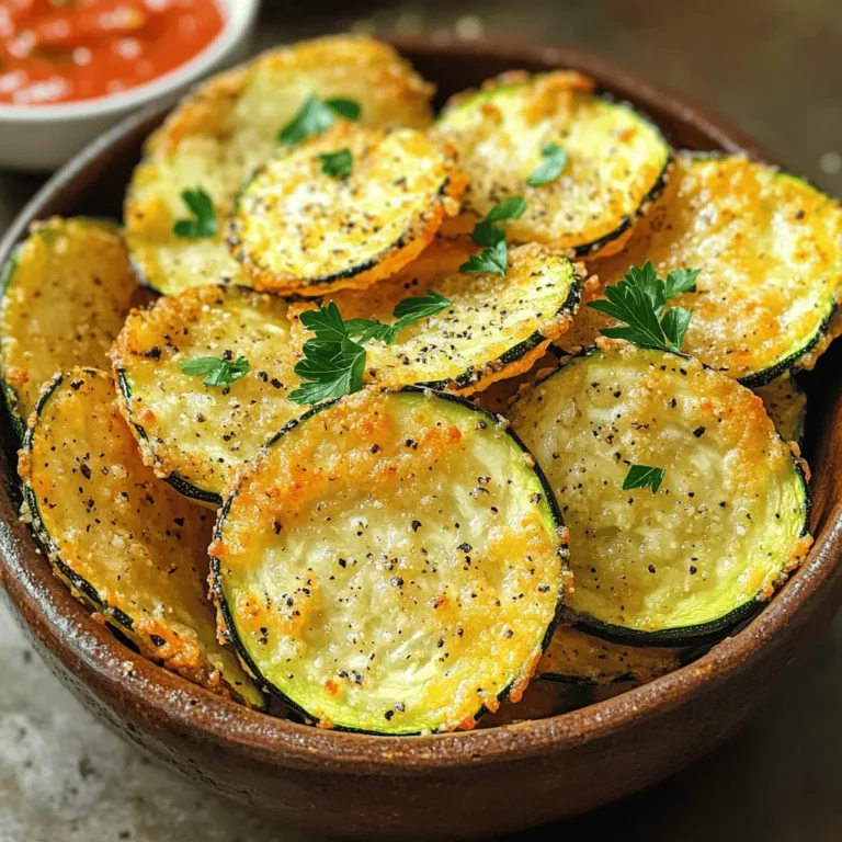 - 2 medium zucchinis, sliced thin (about ¼ inch thick) - 3 tablespoons olive oil - 1 teaspoon garlic powder - 1 teaspoon onion powder - ½ teaspoon smoked paprika - ½ teaspoon salt - ¼ teaspoon black pepper - ½ cup grated Parmesan cheese - 2 tablespoons fresh parsley, chopped (for garnish) When making Baked Garlic Parmesan Zucchini Chips, you need some key ingredients. Start with two medium zucchinis. Look for ones that are firm and fresh. Slice them thinly, about a quarter of an inch thick. This helps them bake evenly. Next, you will need olive oil. It adds richness and helps the seasoning stick. You’ll want three tablespoons. Garlic powder is another must-have. It gives that tasty garlic flavor we love. Just one teaspoon will do. For extra flavor, we add some seasoning. Onion powder, smoked paprika, salt, and black pepper all help make the chips pop. You’ll need one teaspoon of onion powder, half a teaspoon of smoked paprika, half a teaspoon of salt, and a quarter teaspoon of black pepper. Now, let’s talk about the star of the show: Parmesan cheese. Half a cup, grated, gives these chips a cheesy, savory kick. Finally, we need fresh parsley. It adds color and freshness as a garnish. You’ll want two tablespoons, chopped finely. With these ingredients, you’re ready to make a crispy, tasty snack! 1. Preheat the oven and line the baking sheet Start by preheating your oven to 225°F (110°C). This low heat helps the zucchini chips get crispy. Next, line a baking sheet with parchment paper. This makes cleaning up easier later. 2. Combine zucchini and seasoning in a bowl Take 2 medium zucchinis and slice them thin, about ¼ inch thick. Place the slices in a large mixing bowl. Add 3 tablespoons of olive oil, 1 teaspoon of garlic powder, 1 teaspoon of onion powder, ½ teaspoon of smoked paprika, ½ teaspoon of salt, and ¼ teaspoon of black pepper. Toss everything together until the zucchini is well coated. This mix gives the chips great flavor. 1. Arrange zucchini on the baking sheet Spread the zucchini slices in a single layer on the lined baking sheet. Make sure they do not overlap. This step is key for even baking and crispiness. 2. Sprinkle with Parmesan cheese After laying out the zucchini, sprinkle ½ cup of grated Parmesan cheese evenly over the slices. The cheese adds a savory, crunchy layer that makes these chips irresistible. 3. Baking duration and flipping instruction Bake the zucchini chips in your preheated oven for about 2 hours. They should turn crispy and golden brown. Halfway through baking, flip the chips to ensure they cook evenly on both sides. This will help you achieve that perfect crunch. 1. Cooling down the chips Once the chips are done, take them out of the oven. Let them cool for a few minutes. They will continue to crisp up as they cool. This is a crucial step to maximize crunch. 2. Garnishing with parsley For a fresh touch, chop 2 tablespoons of fresh parsley and sprinkle it over the chips before serving. This adds color and a hint of freshness that complements the cheesy flavor. To get crispy zucchini chips, start with even layering. Lay the zucchini slices flat on the baking sheet. If they overlap, they won't cook right. Flipping the zucchini halfway through baking is key. This step helps both sides get golden and crunchy. You can spice up your zucchini chips in many ways. Try adding red pepper flakes for a kick. Other great spices include dried oregano or Italian seasoning. For garnishing, fresh herbs like basil also work well. You might even drizzle a bit of balsamic glaze for a tangy twist. {{image_2}} You can easily change the flavor of your zucchini chips. For a spicy kick, add red pepper flakes. Just sprinkle them on top of the zucchini before baking. Adjust the amount based on how spicy you want them. If you love cheese, try different types. Swap Parmesan with cheddar or mozzarella. Each cheese brings a unique taste. You can even mix cheeses for a richer flavor. Zucchini isn’t the only option. You can use other veggies for chips. Try thinly sliced sweet potatoes, beets, or carrots. Each one will give a different taste and texture. You can also combine zucchini with root veggies. Mix zucchini with sweet potatoes for a colorful dish. This adds more nutrients and flavors to your snack. To keep your baked garlic Parmesan zucchini chips crispy, store them right. First, let the chips cool completely. This step helps avoid moisture buildup. Next, place the chips in an airtight container. This keeps them fresh and crunchy. If you have a lot, use layers of paper towels between them. This helps absorb any extra moisture. Always store them in a cool, dry place. When you're ready to enjoy your chips again, reheat them for the best texture. Preheat your oven to 350°F (175°C). Spread the chips out on a baking sheet. Heat them for about 5 to 10 minutes. This helps restore their crispness. Avoid using the microwave, as it makes them soggy. Always check on them while reheating, so they don’t burn. Enjoy that crunch just like when they were fresh! Baked zucchini chips can last up to a week when stored right. To keep them fresh, place the chips in an airtight container. Keep them at room temperature, away from moisture. If you notice them getting soft, they may need to be eaten quickly. Yes, you can! For air frying, set your air fryer to 350°F (175°C). Toss the zucchini with olive oil and spices just like before. Place the zucchini slices in a single layer in the air fryer basket. Cook for about 15 to 20 minutes, shaking the basket halfway through. Check for crispiness, and adjust time as needed. Zucchini chips taste great with many dips. Here are some popular choices: - Marinara sauce for a classic touch - Greek yogurt dip for a creamy option - Hummus for a healthy twist - Ranch dressing for a cool flavor Try these dips to enhance your snacking experience! In this blog post, I shared a simple way to make baked zucchini chips. We covered essential ingredients like zucchini, olive oil, and spices for flavor. I walked you through steps to prepare, bake, and garnish the chips. Remember to achieve crispiness by flipping them halfway through baking. Zucchini chips are fun, healthy snacks you can customize. Try using different veggies or adding spices. Store extras wisely, and enjoy them later. You now have all the tools to make tasty zucchini chips at home!