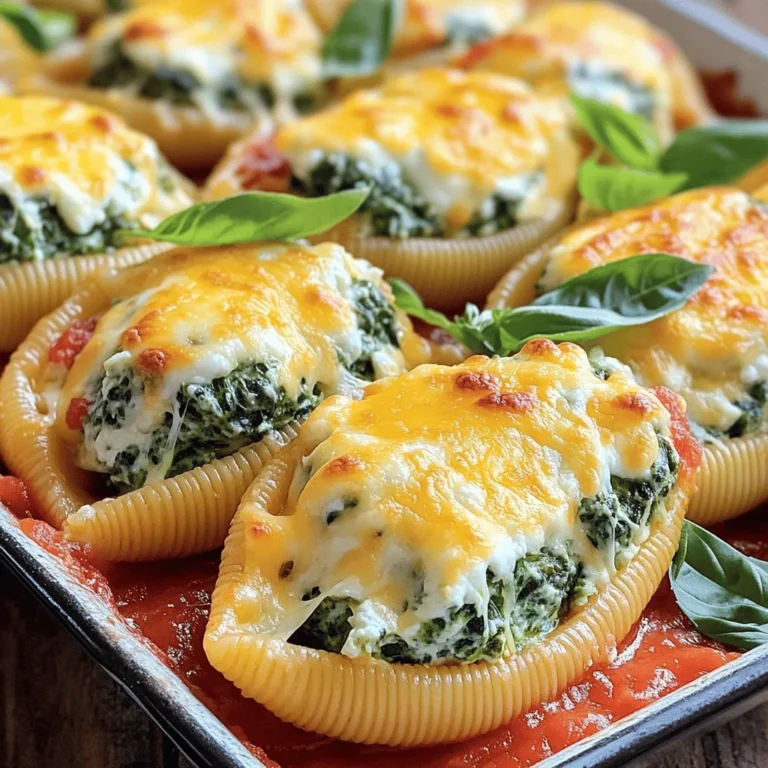 To make Spinach Ricotta Stuffed Shells, gather these ingredients: - 20 large jumbo pasta shells - 2 cups fresh spinach, chopped - 1 cup ricotta cheese - 1 cup mozzarella cheese, shredded - 1/2 cup grated Parmesan cheese - 1 egg, beaten - 3 cloves garlic, minced - 1 teaspoon Italian seasoning - Salt and pepper to taste - 3 cups marinara sauce - Fresh basil leaves for garnish You can make some changes based on your needs: - Use gluten-free pasta shells if you need a gluten-free dish. - Swap ricotta for cottage cheese for a lighter option. - Try vegan cheese for a plant-based version. - Add extra veggies, like mushrooms or zucchini, for more nutrition. - Use fresh herbs if you want a bolder flavor. For this recipe, you will need: - A large pot for boiling pasta - A non-stick skillet for cooking spinach and garlic - A mixing bowl for combining the filling - A 9x13 inch baking dish for baking the shells - Aluminum foil to cover the dish while baking - A spatula for stuffing the shells and serving With these ingredients and tools, you can create a delicious meal for your family or friends. Enjoy cooking! First, you need to cook the pasta shells. Bring a big pot of salted water to a boil. Add the jumbo shells and cook them until they are al dente, about 9 to 11 minutes. Stir them gently so they don’t stick. Once they are done, drain the shells in a colander. Let them cool for a few minutes. This way, they will be easier to handle when you stuff them. Now, let’s make the filling. In a non-stick skillet, heat a small amount of olive oil over medium heat. Add the minced garlic and cook it for about one minute. It should smell great! Next, add the chopped spinach and stir it for about two minutes until it wilts down. Remove the skillet from the heat and let the spinach cool. In a large bowl, mix together the ricotta cheese, half of the mozzarella, Parmesan cheese, and the egg. Add the wilted spinach, Italian seasoning, salt, and pepper. Mix everything well. You want a smooth and creamy filling. Now comes the fun part—stuffing the shells! Take each cooked shell and fill it with the spinach ricotta mixture. Be generous! In a 9x13 inch baking dish, spread one cup of marinara sauce on the bottom. Place the stuffed shells in the dish, seam side up. Then, pour the rest of the marinara sauce over the shells. Sprinkle the remaining mozzarella cheese on top. Cover the dish with aluminum foil and pop it in the oven. Bake at 375°F (190°C) for about 25 minutes. After that, remove the foil and bake for another 10 minutes. You want the cheese to be bubbly and golden brown. Once it's done, let the dish cool for a few minutes. To finish, add fresh basil leaves on top for a lovely touch. Enjoy your meal! To keep your pasta shells from getting mushy, cook them al dente. This means they will still have a slight bite. Follow the package directions closely. Set a timer to avoid forgetting them. Drain the shells and rinse them under cold water. This stops the cooking process and cools them down. When stuffing your pasta shells, use a small spoon or a piping bag. This helps you fill them neatly. Don’t be shy with the filling! Pack it in well, but don’t overflow it. Place them seam side up in the baking dish. This keeps the filling from spilling out while they bake. For a great cheese melt, use a mix of cheeses. Combine mozzarella and Parmesan for the best flavor. Bake your dish covered for part of the time. This keeps the moisture in, helping the cheese melt evenly. Uncover it for the last few minutes to get that golden, bubbly top. {{image_2}} You can easily add more veggies to your stuffed shells. Try using mushrooms, zucchini, or bell peppers. These will give your dish extra taste and color. Simply chop the veggies and sauté them with the garlic before adding them to the cheese mix. This way, you boost the flavor and make it even healthier. Cheese is key to great flavor. If you want to switch things up, try different cheeses. For a sharper taste, use feta or goat cheese. For a creamier texture, add cream cheese or mascarpone. You can mix different cheeses too. Just remember to keep the same amounts so the filling stays creamy. Want to make your dish heartier? Add cooked chicken, ground beef, or turkey to the filling. Just make sure to cook the meat first. If you prefer plant protein, try adding lentils or chickpeas. These will add fiber and keep you full. You can also toss in some frozen peas or chopped broccoli for more nutrition. To store leftover Spinach Ricotta Stuffed Shells, wait for them to cool. Then, place the shells in an airtight container. Make sure to cover them well to keep them fresh. You can store them in the fridge for up to three days. If you plan to eat them later, consider freezing instead. For long-term storage, freezing is the best option. First, prepare the stuffed shells as usual. Once cooled, arrange them in a single layer on a baking sheet. Freeze them for about one hour. This step helps prevent them from sticking together. After they are firm, transfer the shells to a freezer-safe bag. Squeeze out as much air as possible. Label the bag with the date. You can freeze them for up to three months. When you're ready to enjoy your stuffed shells, reheating properly is key. For best results, thaw the shells overnight in the fridge. Then, preheat your oven to 350°F (175°C). Place the shells in a baking dish and cover with foil. Bake for about 20 minutes. Check that they are heated through. If you want a crispy top, remove the foil for the last 5 minutes. Enjoy your delicious meal! Yes, you can prepare Spinach Ricotta Stuffed Shells ahead of time. Cook the shells and make the filling. Stuff the shells and place them in a baking dish. Cover the dish with foil and store it in the fridge. You can bake them the next day. If you want to freeze them, wrap the dish tightly in plastic wrap. This keeps them fresh for up to three months. Just remember to thaw them in the fridge overnight before baking. Spinach Ricotta Stuffed Shells pair well with many sides. You can serve a simple green salad with a light vinaigrette. Garlic bread is also a tasty choice for soaking up the sauce. Steamed vegetables like broccoli or green beans add color and nutrients. For a heartier meal, try serving with roasted vegetables. You can also offer some extra marinara sauce on the side for dipping. To make Spinach Ricotta Stuffed Shells gluten-free, use gluten-free jumbo pasta shells. Many brands offer these shells, so check your local store. You can also make the dish with zucchini or eggplant slices. Just cut them thinly and bake them instead of using pasta. Ensure that all other ingredients, like the marinara sauce, are gluten-free. This way, everyone can enjoy this tasty dish! In this article, we explored making Spinach Ricotta Stuffed Shells, from ingredients to serving. You learned about each ingredient, possible substitutions, and essential tools for cooking. We also shared step-by-step instructions for preparation and baking. Plus, we offered helpful tips to ensure your shells are perfect every time. Finally, we covered storage, variations, and answered common questions. Enjoy making this dish and feel free to experiment! With the right approach, your stuffed shells will impress every time.