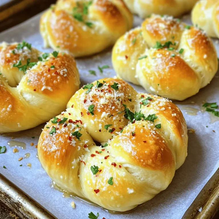 To make crispy garlic butter parmesan knots, you will need: - 1 package (1 lb) refrigerated pizza dough - 4 tablespoons unsalted butter, melted - 4 garlic cloves, minced - 1 teaspoon dried Italian herbs (oregano, basil, thyme) - 1/2 cup freshly grated Parmesan cheese - Salt, to taste These ingredients come together to create a tasty treat. The pizza dough gives a soft base, while the garlic brings great flavor. The butter adds richness, and Parmesan gives that cheesy kick. You can add some optional ingredients to enhance the taste: - 1/4 teaspoon red pepper flakes (optional) - Fresh parsley, chopped (for garnish) Red pepper flakes add a touch of heat. Fresh parsley not only looks great but also adds a fresh taste. If you have allergies or dietary needs, here are some easy swaps: - Use dairy-free butter instead of regular butter for a dairy-free option. - Try a gluten-free pizza dough if you need a gluten-free option. These swaps allow you to enjoy the knots without worry. Adjusting the recipe can keep everyone happy at the table. Start by preheating your oven to 400°F (200°C). This step helps the knots bake perfectly. Next, take your pizza dough out of the package. On a lightly floured surface, roll the dough into a rectangle. Aim for about 1/4-inch thick. Use a sharp knife or pizza cutter to cut the dough into strips. Each strip should be roughly 1-inch wide and 4-inches long. This size works well for tying knots. Now, take each strip of dough and tie it into a knot. It’s easy! Just make a loop and tuck the ends underneath. This keeps the knots secure. Place each knot on your lined baking sheet. Make sure they have space in between. This allows them to rise and bake evenly. Before baking, let's make the garlic butter mix. In a small bowl, combine melted butter, minced garlic, and dried herbs. If you like a bit of heat, add red pepper flakes. Brush this mixture generously over each knot. Make sure to save some for later. Next, sprinkle freshly grated Parmesan cheese over the knots. This adds a lovely flavor and crispiness. Bake in the preheated oven for about 15 to 20 minutes. Look for a golden brown color, which means they are ready. After baking, brush the knots again with the reserved garlic butter mixture. Finish with a pinch of salt and some chopped parsley for a beautiful touch. Enjoy these knots warm! To make a great garlic butter mixture, start with melted unsalted butter. Use four tablespoons for the right richness. Add four minced garlic cloves for a strong flavor. Mix in one teaspoon of dried Italian herbs, like oregano and basil. If you want heat, add 1/4 teaspoon of red pepper flakes. This blend gives your knots a tasty kick. Brush it on generously before baking for the best results. Save some for later to brush on after baking, too. Storing leftover knots is easy. First, let them cool completely on a wire rack. This prevents sogginess. Then, place them in an airtight container. You can keep them in the fridge for up to three days. If you want to store them longer, freeze them. Wrap each knot in plastic wrap and then in foil. They can last in the freezer for about a month. Just remember to label the container! Reheating your knots can keep them tasty and crispy. For the best results, use an oven. Preheat your oven to 350°F (175°C). Place the knots on a baking sheet and cover them loosely with foil. Heat for about 10 minutes. This warms them up while keeping the outside crispy. You can also microwave them, but be careful. Microwaving can make them soft. If you use the microwave, heat them for just 15-20 seconds. Enjoy your warm, crispy garlic butter parmesan knots! {{image_2}} You can change the cheese to create new flavors. Try mozzarella for a gooey texture. For a sharp bite, use aged cheddar. You could also mix cheeses. Blend Parmesan with Asiago or Gruyère for a rich taste. Each cheese adds its unique twist to the knots. Herbs can transform your knots from simple to special. Instead of Italian herbs, try fresh rosemary or dill. You can also use a mix of herbs for depth. Basil and parsley together create a fresh flavor. Experimenting with herbs opens new taste doors. If you love heat, include spicy elements. Red pepper flakes are an easy way to add warmth. You can also mix in some hot sauce into the garlic butter. For a bolder kick, try using diced jalapeños. Adjust the spice level to your taste. To keep your crispy garlic butter parmesan knots fresh, let them cool completely. Once cooled, place them in an airtight container. This helps maintain their texture and flavor. Store the container in the fridge if you plan to eat them within a few days. If you want to save some knots for later, freezing is a great option. First, cool the knots completely. Then, place them on a baking sheet in a single layer. Freeze them for about one hour. Once frozen, transfer them to a freezer-safe bag. Squeeze out the air and seal it tightly. They can last up to three months in the freezer. When you're ready to enjoy your frozen knots, take them out of the freezer. Let them thaw in the fridge overnight for best results. To reheat, preheat your oven to 350°F (175°C). Place the knots on a baking sheet and cover them with foil. Heat for about 10-15 minutes, or until warm. If you want them crispy again, remove the foil for the last few minutes. Enjoy them as if they were fresh! You can easily make these knots vegan. Use a plant-based butter instead of regular butter. For the cheese, opt for a vegan Parmesan or skip it altogether. The garlic and herbs still give great flavor. Your knots will taste just as good and be completely dairy-free. Yes, you can use homemade pizza dough! It adds a personal touch. Just make sure your dough is well-kneaded and rises properly. Roll it out to the same thickness as store-bought dough. Follow the same steps for shaping and baking. Your knots will be fresh and delicious! These knots pair well with many dishes. Serve them with marinara sauce for dipping. They also make a great side for pasta or salads. You can enjoy them with soups for a comforting meal. Their crispy texture adds fun to any dish! You now have all you need to make amazing garlic butter knots. We covered the essential ingredients, step-by-step instructions, and helpful tips for perfect knots. You learned about variations for fun flavors and how to store extras. Now, you can impress your friends and family with your tasty skills. Enjoy making these delicious treats often. They will surely become a favorite! Your time spent learning will pay off with every bite.