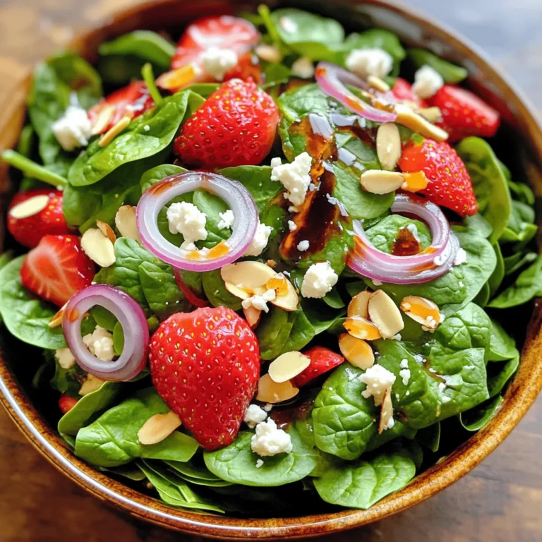 To make your Strawberry Spinach Salad, gather these fresh ingredients: - 4 cups fresh baby spinach, washed and dried - 2 cups strawberries, hulled and sliced - 1/2 cup crumbled feta cheese - 1/4 cup sliced almonds - 1/4 cup red onion, thinly sliced - 1/4 cup balsamic vinaigrette - 1 tablespoon honey - Salt and pepper to taste You can easily swap some ingredients for others. Here are a few ideas: - Use arugula instead of spinach for a peppery taste. - Try goat cheese in place of feta for a creamier flavor. - Substitute walnuts for almonds if you prefer a different crunch. - Use apple cider vinegar if you don't have balsamic vinaigrette. Choosing fresh ingredients makes your salad shine. Follow these tips: - Look for bright green spinach without wilting. - Pick strawberries that are firm and red, avoiding any with soft spots. - Select red onions that feel heavy and have no sprouting. - Check that nuts are crisp and not stale; freshness matters! First, wash and dry the baby spinach. You want it fresh and clean. Next, hull the strawberries and slice them into thin pieces. Make sure they are ripe for the best taste. Then, crumble the feta cheese into small chunks. It adds a creamy texture. Slice the red onion thinly; this gives a nice crunch. Finally, measure out the sliced almonds. They add a lovely nutty flavor. In a large salad bowl, add the fresh baby spinach. Then, layer the sliced strawberries on top. Next, sprinkle the crumbled feta cheese over the salad. Add the sliced almonds for crunch. Finally, toss in the thinly sliced red onion. This is where the colors mix! The vibrant greens, reds, and whites make a beautiful dish. In a small bowl, whisk together the balsamic vinaigrette and honey. Mix them well until they blend. This dressing adds sweetness and tang. Drizzle this mixture over your salad. Toss gently to coat all the ingredients. This step is key for flavor! Season with salt and pepper to your liking. Serve your salad right away for the best taste. Enjoy the fresh, vibrant flavors! To keep your salad fresh, wash the spinach and strawberries right before you use them. Store leftover salad in an airtight container. If you have extra dressing, keep it separate until you’re ready to eat. This helps the greens stay crisp and tasty. For extra flavor, try adding a squeeze of lemon juice. You can also mix in some fresh herbs like basil or mint. If you want a little heat, add a pinch of red pepper flakes to the dressing. These small changes can make your salad pop with flavor! Make your salad look great by layering the ingredients. Start with spinach, then add strawberries, feta, and almonds. For a fancy touch, sprinkle some poppy seeds on top. You can even garnish with whole strawberries for a beautiful finish. A great presentation makes your meal feel special! {{image_2}} You can boost the salad's nutrition by adding protein. Grilled chicken adds a savory touch. It pairs well with the sweet strawberries. For a vegetarian option, try tofu. Use firm tofu and grill or sauté it. Both options make the salad filling and tasty. You can change this salad based on the season. In summer, add fresh peaches or blueberries. These fruits enhance the sweetness. In winter, consider using pomegranate seeds. They add a burst of flavor and color. Each season brings new tastes to enjoy. The balsamic vinaigrette is classic, but you can switch it up. Try a poppy seed dressing for a sweeter taste. A lemon vinaigrette also adds a nice zing. Mix olive oil, lemon juice, and a bit of honey. Experiment with different dressings to find your favorite. After enjoying your Strawberry Spinach Salad, you may have some leftovers. To keep them fresh, store the salad in the fridge. Place any remaining salad in an airtight container. This helps to keep moisture in while keeping air out. Use a container that fits the salad snugly to reduce excess air. If you mix the dressing in, it can make the salad soggy. It’s best to store the dressing separately. Choose the right container for storing your salad. Glass containers are great because they do not stain and are easy to clean. Look for containers with tight-fitting lids. These keep your salad fresh for longer. You can also use plastic containers, but make sure they are BPA-free. Both options work well for keeping your salad crisp and tasty. While it’s not common to freeze salads, you can freeze some parts. For example, you can freeze sliced strawberries. Just wash and dry them, then place them in a single layer on a baking sheet. Once they are frozen, transfer them to a freezer bag. Keep in mind that frozen strawberries may become mushy. It’s best to use them in smoothies or other dishes after thawing. For the spinach and other salad ingredients, freezing is not recommended, as they lose their texture and flavor. Yes, you can prepare parts of this salad ahead of time. Wash and dry the baby spinach early. Slice the strawberries and store them in the fridge. Keep the feta cheese and nuts separate until you are ready to serve. This way, the salad stays fresh. Just mix everything together when you are ready. You can add many tasty ingredients! Here are some ideas to try: - Grilled chicken for protein - Avocado for creaminess - Blueberries for extra sweetness - Goat cheese for a tangy twist - Cucumber for a crunchy bite Feel free to mix and match these to find your favorite combo! Making a vegan version is easy! Simply skip the feta cheese. You can replace it with avocado or a vegan cheese. For the dressing, use a store-bought vegan balsamic vinaigrette or make your own with olive oil and vinegar. This way, you keep all the great flavors while staying plant-based. Enjoy your tasty vegan salad! This blog post covered all you need to make a great salad. I shared a complete list of ingredients and how to pick the freshest produce. You learned step-by-step how to prepare, mix, and dress your salad. We explored tips to keep your salad fresh and ways to enhance flavor. You can customize your salad with proteins or adapt it for the seasons. Finally, I explained how to store leftovers properly. Remember, a delicious salad is simple to create, fun to share, and good for you!