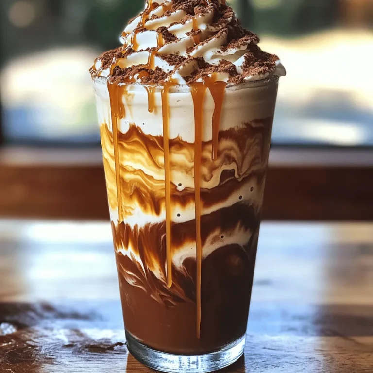 To make your Iced Caramel Mocha Frappe, gather these items: - 1 cup brewed coffee, cooled - 1 cup milk (dairy or non-dairy) - 2 tablespoons chocolate syrup - 2 tablespoons caramel sauce (plus extra for drizzling) - 2 tablespoons sugar (or to taste) - 1 ½ cups ice cubes - Whipped cream for topping - Optional: cocoa powder or chocolate shavings for garnish You can switch things up easily! Here are some ideas: - Use almond milk or oat milk for a dairy-free option. - Try hazelnut syrup instead of chocolate syrup for a nutty flavor. - Add a pinch of sea salt to the caramel sauce for a salted caramel twist. - Swap out the whipped cream for coconut whipped cream for a lighter option. - Experiment with flavored syrups like vanilla or peppermint for seasonal joy. Each serving of this frappe offers a delightful treat. Here’s a rough breakdown: - Calories: 350 - Total Fat: 10g - Saturated Fat: 5g - Carbohydrates: 60g - Sugars: 40g - Protein: 8g - Fiber: 1g Keep in mind, these numbers can change based on your ingredient choices. Always check labels when you can! To start, gather your ingredients. You need: - 1 cup brewed coffee, cooled - 1 cup milk (dairy or non-dairy) - 2 tablespoons chocolate syrup - 2 tablespoons caramel sauce (plus extra for drizzling) - 2 tablespoons sugar (or to taste) - 1 ½ cups ice cubes - Whipped cream for topping - Optional: cocoa powder or chocolate shavings for garnish First, take your cooled brewed coffee and pour it into a blender. Add the milk next. Then, add the chocolate syrup, caramel sauce, and sugar. Finally, toss in the ice cubes. Now, blend everything on high speed. You want to blend until it is smooth. The ice should be finely crushed. This creates a thick and creamy drink. After blending, taste your mixture. If it is not sweet enough, add more sugar or caramel sauce. Blend again briefly to mix it well. Pour the frappé into tall glasses, filling them three-quarters full. Top each glass with a big swirl of whipped cream. Drizzle extra caramel sauce over the top. If you like, sprinkle cocoa powder or chocolate shavings as a final touch. Serve right away with a straw or a long spoon. Enjoy your Iced Caramel Mocha Frappe! To get a thick and creamy frappe, blend the coffee, milk, and ice well. Use 1 ½ cups of ice to keep it cold and frosty. Make sure the ice cubes are finely crushed. This step is key for a smooth texture. If it’s too thin, add more ice. If it’s too thick, add a splash of milk. Blend again until it’s just right. Sweetness is all about your taste. Start with 2 tablespoons of sugar. Blend the drink and taste it. If you want it sweeter, add more sugar or caramel sauce. You can even mix in some chocolate syrup for an extra kick. Keep tasting until you find your perfect balance. Serve your frappe in tall glasses. Fill them about three-quarters full. Top each with a big swirl of whipped cream. Then drizzle extra caramel on top. If you like, add cocoa powder or chocolate shavings for flair. Serve it with a straw or spoon. Enjoy it right away for the best flavor! {{image_2}} You can easily change the taste of your Iced Caramel Mocha Frappe. Try adding seasonal flavors. For fall, add a dash of pumpkin spice. In winter, a hint of peppermint can add a festive touch. In summer, blend in some fresh berries for a fruity twist. This way, you can enjoy a new drink every season! If you want a dairy-free version, just swap the milk. Use almond, soy, or oat milk instead. These milks blend well and keep your frappé creamy. You can also try coconut milk for a tropical taste. This option makes it light and refreshing while still being delicious! Garnishes can make your frappé look stunning. Instead of cocoa powder, try crushed nuts or a sprinkle of cinnamon. For a fun touch, add crushed cookies on top. You can also use caramel popcorn for a crunchy finish. These small changes can make your drink feel special every time! You can store leftover frappé in the fridge. Pour the frappé into a sealed container. This helps keep it fresh. Try to use it within 24 hours for the best taste. Before serving, give it a good shake or stir. I recommend serving the frappé cold. Heating it changes the texture and flavor. If you want a warm drink, try a hot mocha instead. A frappé is all about being cool and refreshing, perfect for warm days. The brewed coffee lasts about four days in the fridge. Milk can last up to a week, depending on freshness. Chocolate syrup and caramel sauce can stay good for months if sealed well. Always check for signs of spoilage before use. The best coffee for frappes is brewed coffee. Use a strong blend for great flavor. I like dark roast coffee. It gives a bold taste that works well with chocolate and caramel. Cold brew coffee also works. It adds a smooth and rich flavor. You can brew coffee ahead of time and chill it. This way, your frappe stays cool and refreshing. Yes, you can make this drink without a blender. Use a shaker instead. Combine the cooled coffee, milk, chocolate syrup, caramel sauce, and sugar in the shaker. Add ice cubes and shake until mixed well. This method will not create a smooth texture. It will be more like an iced coffee but still taste great. To make your frappe less sweet, reduce the sugar. Start with one tablespoon instead of two. You can also cut back on caramel sauce. If you want more flavor without sweetness, add a pinch of salt. This can balance the taste. Another option is to use unsweetened cocoa powder. It gives a rich flavor without added sugar. In this post, we covered the key ingredients needed for a delicious frappe. We explored variations to suit your taste and reviewed important nutritional facts. You learned step-by-step to make the perfect drink, including tips for the right texture and sweetness. We also discussed storage tips to keep leftovers fresh. Remember, experimenting with flavors and serving styles can make your frappe unique. Enjoy creating your custom drinks, and have fun with this refreshing treat!