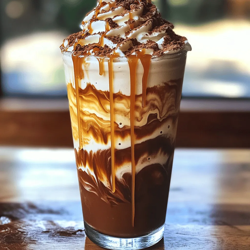 To make your Iced Caramel Mocha Frappe, gather these items: - 1 cup brewed coffee, cooled - 1 cup milk (dairy or non-dairy) - 2 tablespoons chocolate syrup - 2 tablespoons caramel sauce (plus extra for drizzling) - 2 tablespoons sugar (or to taste) - 1 ½ cups ice cubes - Whipped cream for topping - Optional: cocoa powder or chocolate shavings for garnish You can switch things up easily! Here are some ideas: - Use almond milk or oat milk for a dairy-free option. - Try hazelnut syrup instead of chocolate syrup for a nutty flavor. - Add a pinch of sea salt to the caramel sauce for a salted caramel twist. - Swap out the whipped cream for coconut whipped cream for a lighter option. - Experiment with flavored syrups like vanilla or peppermint for seasonal joy. Each serving of this frappe offers a delightful treat. Here’s a rough breakdown: - Calories: 350 - Total Fat: 10g - Saturated Fat: 5g - Carbohydrates: 60g - Sugars: 40g - Protein: 8g - Fiber: 1g Keep in mind, these numbers can change based on your ingredient choices. Always check labels when you can! To start, gather your ingredients. You need: - 1 cup brewed coffee, cooled - 1 cup milk (dairy or non-dairy) - 2 tablespoons chocolate syrup - 2 tablespoons caramel sauce (plus extra for drizzling) - 2 tablespoons sugar (or to taste) - 1 ½ cups ice cubes - Whipped cream for topping - Optional: cocoa powder or chocolate shavings for garnish First, take your cooled brewed coffee and pour it into a blender. Add the milk next. Then, add the chocolate syrup, caramel sauce, and sugar. Finally, toss in the ice cubes. Now, blend everything on high speed. You want to blend until it is smooth. The ice should be finely crushed. This creates a thick and creamy drink. After blending, taste your mixture. If it is not sweet enough, add more sugar or caramel sauce. Blend again briefly to mix it well. Pour the frappé into tall glasses, filling them three-quarters full. Top each glass with a big swirl of whipped cream. Drizzle extra caramel sauce over the top. If you like, sprinkle cocoa powder or chocolate shavings as a final touch. Serve right away with a straw or a long spoon. Enjoy your Iced Caramel Mocha Frappe! To get a thick and creamy frappe, blend the coffee, milk, and ice well. Use 1 ½ cups of ice to keep it cold and frosty. Make sure the ice cubes are finely crushed. This step is key for a smooth texture. If it’s too thin, add more ice. If it’s too thick, add a splash of milk. Blend again until it’s just right. Sweetness is all about your taste. Start with 2 tablespoons of sugar. Blend the drink and taste it. If you want it sweeter, add more sugar or caramel sauce. You can even mix in some chocolate syrup for an extra kick. Keep tasting until you find your perfect balance. Serve your frappe in tall glasses. Fill them about three-quarters full. Top each with a big swirl of whipped cream. Then drizzle extra caramel on top. If you like, add cocoa powder or chocolate shavings for flair. Serve it with a straw or spoon. Enjoy it right away for the best flavor! {{image_2}} You can easily change the taste of your Iced Caramel Mocha Frappe. Try adding seasonal flavors. For fall, add a dash of pumpkin spice. In winter, a hint of peppermint can add a festive touch. In summer, blend in some fresh berries for a fruity twist. This way, you can enjoy a new drink every season! If you want a dairy-free version, just swap the milk. Use almond, soy, or oat milk instead. These milks blend well and keep your frappé creamy. You can also try coconut milk for a tropical taste. This option makes it light and refreshing while still being delicious! Garnishes can make your frappé look stunning. Instead of cocoa powder, try crushed nuts or a sprinkle of cinnamon. For a fun touch, add crushed cookies on top. You can also use caramel popcorn for a crunchy finish. These small changes can make your drink feel special every time! You can store leftover frappé in the fridge. Pour the frappé into a sealed container. This helps keep it fresh. Try to use it within 24 hours for the best taste. Before serving, give it a good shake or stir. I recommend serving the frappé cold. Heating it changes the texture and flavor. If you want a warm drink, try a hot mocha instead. A frappé is all about being cool and refreshing, perfect for warm days. The brewed coffee lasts about four days in the fridge. Milk can last up to a week, depending on freshness. Chocolate syrup and caramel sauce can stay good for months if sealed well. Always check for signs of spoilage before use. The best coffee for frappes is brewed coffee. Use a strong blend for great flavor. I like dark roast coffee. It gives a bold taste that works well with chocolate and caramel. Cold brew coffee also works. It adds a smooth and rich flavor. You can brew coffee ahead of time and chill it. This way, your frappe stays cool and refreshing. Yes, you can make this drink without a blender. Use a shaker instead. Combine the cooled coffee, milk, chocolate syrup, caramel sauce, and sugar in the shaker. Add ice cubes and shake until mixed well. This method will not create a smooth texture. It will be more like an iced coffee but still taste great. To make your frappe less sweet, reduce the sugar. Start with one tablespoon instead of two. You can also cut back on caramel sauce. If you want more flavor without sweetness, add a pinch of salt. This can balance the taste. Another option is to use unsweetened cocoa powder. It gives a rich flavor without added sugar. In this post, we covered the key ingredients needed for a delicious frappe. We explored variations to suit your taste and reviewed important nutritional facts. You learned step-by-step to make the perfect drink, including tips for the right texture and sweetness. We also discussed storage tips to keep leftovers fresh. Remember, experimenting with flavors and serving styles can make your frappe unique. Enjoy creating your custom drinks, and have fun with this refreshing treat!