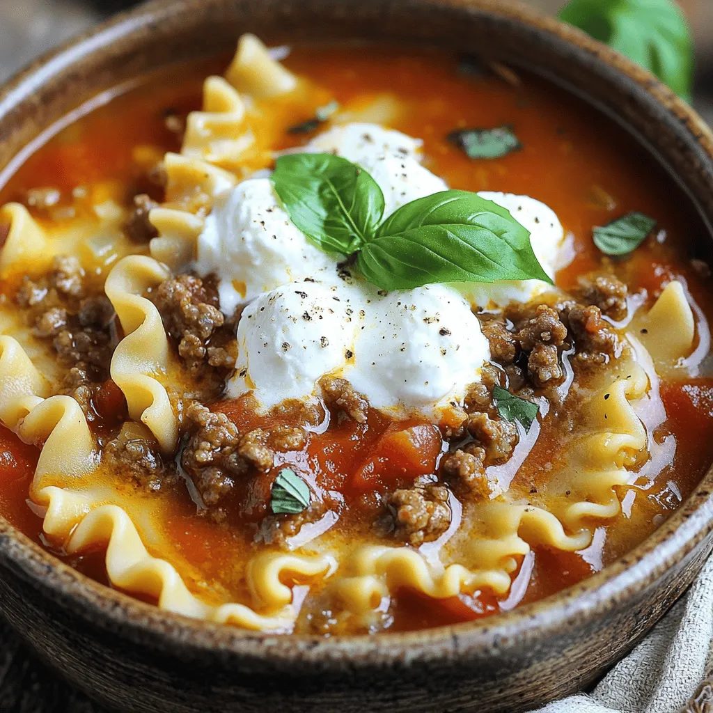 - 1 pound ground beef or Italian sausage - 1 medium onion, diced - 3 cloves garlic, minced - 1 can (15 oz) crushed tomatoes - 4 cups beef broth - 8 oz lasagna noodles, broken into pieces These main ingredients form the base of your Instant Pot lasagna soup. The ground beef or sausage adds flavor and heartiness. The onion and garlic give it a nice depth. Crushed tomatoes and beef broth provide a rich, tasty liquid. Lastly, the broken lasagna noodles add that classic texture we love. - 1 cup ricotta cheese - 1 cup shredded mozzarella cheese The dairy ingredients give the soup its creamy, cheesy essence. Ricotta cheese adds smoothness, while mozzarella brings stretch and melty goodness. Together, they make each bowl feel like a warm hug. - 1 teaspoon dried oregano - 1 teaspoon dried basil - 1/2 teaspoon red pepper flakes (optional) - Salt and pepper to taste - Fresh basil leaves for garnish Seasonings are key to making this soup pop with flavor. Oregano and basil give it that Italian taste. Red pepper flakes add a touch of heat, but you can skip them if you prefer mild. Salt and pepper enhance all the flavors. Fresh basil leaves on top are a perfect finishing touch, adding brightness and a lovely aroma. - Set the Instant Pot to 'Sauté' mode and cook the meat. - Add onion and garlic, cooking until translucent. Start by setting your Instant Pot to 'Sauté' mode. Add one pound of ground beef or Italian sausage. Cook it until it turns brown. Break it into smaller pieces as it cooks. If there's extra fat, drain it away. Next, add one medium diced onion and three minced garlic cloves to the pot. Cook them for about three to four minutes. You want the onion to be soft and clear. This step builds a strong base for your soup. - Incorporate spices, crushed tomatoes, and beef broth. - Mix in lasagna noodles, ensuring they are submerged. Now it's time to add flavor. Stir in one teaspoon of dried oregano and one teaspoon of dried basil. If you like a bit of heat, add half a teaspoon of red pepper flakes. Cook these spices for one more minute. This helps bring out their flavors. Next, pour in one 15-ounce can of crushed tomatoes and four cups of beef broth. Mix everything well. Now, take eight ounces of lasagna noodles and break them into smaller pieces. Add them to the pot. Ensure the noodles are fully submerged in the liquid. This is key for perfect cooking. - Close the lid and set the cooker to 'Manual' for 5 minutes. - Release pressure and serve with cheese and garnish. Close the lid of your Instant Pot and set it to 'Manual' or 'Pressure Cook' for five minutes. Make sure the steam seal is closed. After cooking, let the pressure release naturally for five minutes. Then do a quick release for any remaining pressure. Carefully open the lid and stir the soup. Taste it and add salt and pepper as needed. Serve your soup hot. Top each bowl with a dollop of ricotta cheese and a sprinkle of shredded mozzarella cheese. You can also add fresh basil leaves for a nice touch. Enjoy your savory Instant Pot lasagna soup! How to prevent the burn notice during cooking To avoid the burn notice, make sure to add enough liquid. The beef broth is key. Scrape the bottom of the pot after browning meat. This helps remove any stuck bits. Recommendations for adjusting cooking times for different noodles If you use regular noodles, cook them for 5 minutes. No-boil noodles may need just 3 minutes. Always check the package for exact times. Adjust based on your noodle choice. Suggestions for additional herbs or spices You can add thyme for a nice touch. A pinch of rosemary also works well. If you like a kick, try more red pepper flakes. Fresh herbs like parsley or cilantro can brighten the dish. Ideas for adding vegetables to the soup Chop some bell peppers or zucchini. Add them when you mix in the onions and garlic. Spinach or kale can also be stirred in just before serving. This boosts nutrition and flavor. Best practices for garnishing Dollop ricotta cheese on each bowl. Then sprinkle mozzarella cheese on top. Fresh basil leaves add a pop of color and taste. A drizzle of olive oil can add richness. Serving suggestions for pairing with bread or salad Serve the soup with garlic bread for crunch. A simple green salad with vinaigrette balances the meal. This makes your dinner more filling and satisfying. {{image_2}} You can swap the ground beef or sausage for ground turkey or chicken. These meats are leaner and still tasty. If you want a meat-free meal, try lentils or beans. Both options add protein and fiber while keeping the soup filling. For gluten-free lasagna soup, use gluten-free noodles. Many brands offer options that cook well in the Instant Pot. You can also use cornstarch or arrowroot as thickeners if you need a thicker soup. These work great to keep the soup smooth and creamy. Adding different cheeses can make your soup even richer. Try using provolone, gouda, or parmesan for extra flavor. You can also throw in seasonal vegetables like zucchini, spinach, or bell peppers. They add color and nutrition to your dish. To store your leftover lasagna soup, let it cool first. Then, place it in an airtight container. This keeps it fresh and tasty. You can store it in the fridge for up to three days. If you want it to last longer, consider freezing it instead. For freezing lasagna soup, cool it down completely. Use freezer-safe containers or bags. Make sure to leave some space in the containers for expansion. It stays good in the freezer for about three months. When you're ready to eat, thaw it overnight in the fridge. To reheat, simply warm it up on the stove or in the microwave until hot. For meal prep, consider portioning the soup ahead of time. Use small containers to make grab-and-go servings easy. This way, you have meals ready for busy days. You can also pair it with a side salad or crusty bread for a complete meal. Enjoying homemade soup has never been easier! To make this soup, you start by browning the ground meat in the Instant Pot. I love using a mix of ground beef and Italian sausage for extra flavor. After that, add diced onion and minced garlic, cooking until the onion is soft. Then, stir in herbs, crushed tomatoes, and beef broth. Next, add the broken lasagna noodles, ensuring they are fully covered in the liquid. Secure the lid and cook on high pressure for five minutes. Once done, release the pressure, and stir in ricotta and mozzarella cheese before serving. It’s a simple and tasty process! The total time for this dish is about 30 minutes. You need 15 minutes for prep. This includes chopping onion and garlic, as well as breaking the noodles. Cooking time in the Instant Pot is just five minutes on high pressure. After cooking, allow for a five-minute natural pressure release. Then, do a quick release for any leftover steam. Yes, you can use no-boil lasagna noodles in this recipe. Just break them into smaller pieces like you would with regular noodles. They will soften perfectly during cooking. Keep in mind that you may need to adjust the liquid slightly since no-boil noodles absorb more moisture. Adding an extra half cup of broth can help. This soup pairs well with many sides. Here are a few ideas: - Garlic bread for dipping - A fresh green salad for crunch - Parmesan cheese sprinkled on top - A light white wine like Pinot Grigio - Roasted vegetables for added nutrition This blog post covered how to make a delicious Instant Pot lasagna soup. We discussed the main ingredients, including beef, cheese, and spices. You learned step-by-step instructions for prep and cooking. We also shared tips for enhancing flavor and options for storage. Lastly, there were variations to suit different diets. Now, you can enjoy a hearty meal any day. This soup brings comfort and taste, making cooking easy for everyone. Enjoy your time in the kitchen!